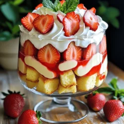 - 2 cups fresh strawberries - 1/4 cup granulated sugar - 1 teaspoon vanilla extract - 1 pound pound cake - 2 cups whipped cream - 1 cup vanilla pudding - Fresh mint for garnish To make a great Strawberry Shortcake Trifle, you need fresh ingredients. The strawberries should be ripe, sweet, and bright red. The sugar helps bring out their natural sweetness. Vanilla extract adds a nice depth of flavor. You can use store-bought pound cake, but homemade is best if you have time. Whipped cream makes the trifle light and fluffy. You can use instant pudding for ease or make your own for a richer taste. Finally, fresh mint adds a splash of color and a refreshing taste on top. - Large mixing bowl - Electric mixer or whisk - Trifle dish or serving glasses - Spatula You need a few tools to make this dessert. A large mixing bowl is great for combining ingredients. An electric mixer or whisk helps you whip the cream easily. A trifle dish or clear serving glasses show off the layers beautifully. A spatula is perfect for spreading and layering the creamy fillings. A typical serving of Strawberry Shortcake Trifle has about: - Calories: 300-400 - Fats: 15-20 grams - Sugars: 25-30 grams This dessert is rich in flavors but also rich in calories and sugars. Enjoy it in moderation as a special treat! Remember, you can always tweak the recipe to make it a bit lighter or healthier. To start, you need fresh strawberries. Take 2 cups of hulled and sliced strawberries. In a medium bowl, mix them with 1/4 cup of granulated sugar. Stir gently to coat the strawberries in sugar. Let them sit for about 15 minutes. This step is called maceration. It helps the strawberries release their juicy goodness. The result? Sweet and flavorful strawberries for your trifle. You can either buy whipped cream or make it at home. For homemade whipped cream, use 2 cups of heavy cream. Pour it into a large bowl. Whip it on medium-high speed until stiff peaks form. This should take a few minutes. Then, fold in 1 teaspoon of vanilla extract. If you prefer store-bought, just grab a tub and it’s ready to go. Now comes the fun part: assembling your trifle! Grab a large trifle dish or individual serving glasses. Start by layering the pound cake. Use 1 pound of pound cake, cut into 1-inch cubes. Place the cubes evenly at the bottom. Next, add a layer of your macerated strawberries. Pour some of the sweet strawberry juice over the cake. This adds extra flavor. Then, spread a layer of vanilla pudding, about 1 cup. Use a spatula to smooth it out. After that, add a generous layer of whipped cream on top. Repeat these layers: cake, strawberries, pudding, and whipped cream. Keep going until you use all the ingredients. Finish with a fluffy layer of whipped cream on top. Chilling the trifle is important. It helps all the flavors blend together nicely. Cover your trifle with plastic wrap. Place it in the refrigerator for at least 1 hour. This chill time makes a big difference. The longer you chill, the better the flavors will be. Enjoy your delicious Strawberry Shortcake Trifle! For the full recipe, check out the instructions above. To make your trifle shine, use clear glass dishes. This lets everyone see the lovely layers. You can use a large trifle bowl or individual cups. Adding fresh mint leaves on top gives a nice touch. The green looks great against the red strawberries and white cream. Layering is key for a great trifle. Start with pound cake cubes. Spread them evenly at the bottom. Next, add macerated strawberries on top. Pour some juice over the cake to keep it moist. Follow this with a layer of vanilla pudding. Smooth it out gently to keep it neat. Finally, add whipped cream to top it off. Repeat these steps until you run out of ingredients. Always end with whipped cream for a sweet finish. You can prepare the trifle in advance. This is great for parties or busy days. Make it a few hours or even the night before. Just keep it covered in the fridge until you serve it. Chilling helps the flavors mix and taste better. You can find the full recipe for the Strawberry Shortcake Trifle to help with timing and steps. {{image_4}} You can change the fruit in your trifle. For a twist, use blueberries or peaches. Each fruit brings its own unique taste. Blueberries add a burst of tartness, while peaches offer a sweet, juicy flavor. You can mix and match fruits to create your favorite combination. Try strawberries and bananas together for a fun twist! Making this trifle for special diets is easy. For a gluten-free option, use gluten-free pound cake. You can find many brands that taste great. If you want a vegan trifle, swap the whipped cream for coconut cream. Use a plant-based pudding mix as well. These small changes let everyone enjoy this dessert! You can make themed trifles for holidays or seasons. For a summer treat, add fresh mint and berries. In fall, use pumpkin spice pudding and apples. For winter, try chocolate pudding and crushed peppermint. Each season offers different flavors. These themed versions make your trifle even more special for gatherings or celebrations. For the full recipe, check out the details above. To store leftover trifle, cover it tightly with plastic wrap. This keeps the air out and prevents it from drying out. If you use a trifle dish, you can place a lid on top if it fits. Always keep it in the refrigerator to keep it fresh. When stored well, your trifle will stay fresh for about 2 to 3 days. After that, the flavors may fade, and the whipped cream could lose its texture. Enjoy it within this time frame for the best taste and quality. Freezing trifle is not ideal. The whipped cream and pudding may separate when thawed. Instead, consider freezing the pound cake and strawberries separately. You can then assemble the trifle fresh when you are ready to enjoy it. Yes, you can use frozen strawberries. They work well, too. Just remember to thaw them first. Thawed strawberries will be softer, which can change the texture. Fresh strawberries taste brighter and have a nice crunch. If you want the best flavor, I suggest using fresh fruit when possible. Chill the trifle for at least one hour. This time allows the flavors to mix well. If you have more time, chill it for four hours or overnight. Longer chilling enhances the taste and texture. It makes each bite creamy and tasty. Absolutely! You can use sponge cake, angel food cake, or even cookies. Each option gives the trifle a unique flavor and texture. Choose a cake that you love. If you want a lighter dessert, go for angel food cake. For a more decadent feel, try a chocolate cake. Yes, you can make the trifle a day ahead. This saves time and lets flavors develop. Just cover it well and keep it in the fridge. However, avoid adding fresh fruit or whipped cream on top until serving. This keeps it fresh and pretty. For the full recipe, check out the detailed instructions. This trifle recipe combines fresh ingredients for a delicious dessert. You need strawberries, sugar, vanilla, and more. Remember to layer carefully for a stunning look. Chill it to boost the flavors and enjoy it later. You can also switch up flavors with different fruits or adapt for dietary needs. Feel free to make this ahead of time for convenience. With these tips and tricks, you’re set to create a delightful treat that everyone will love.