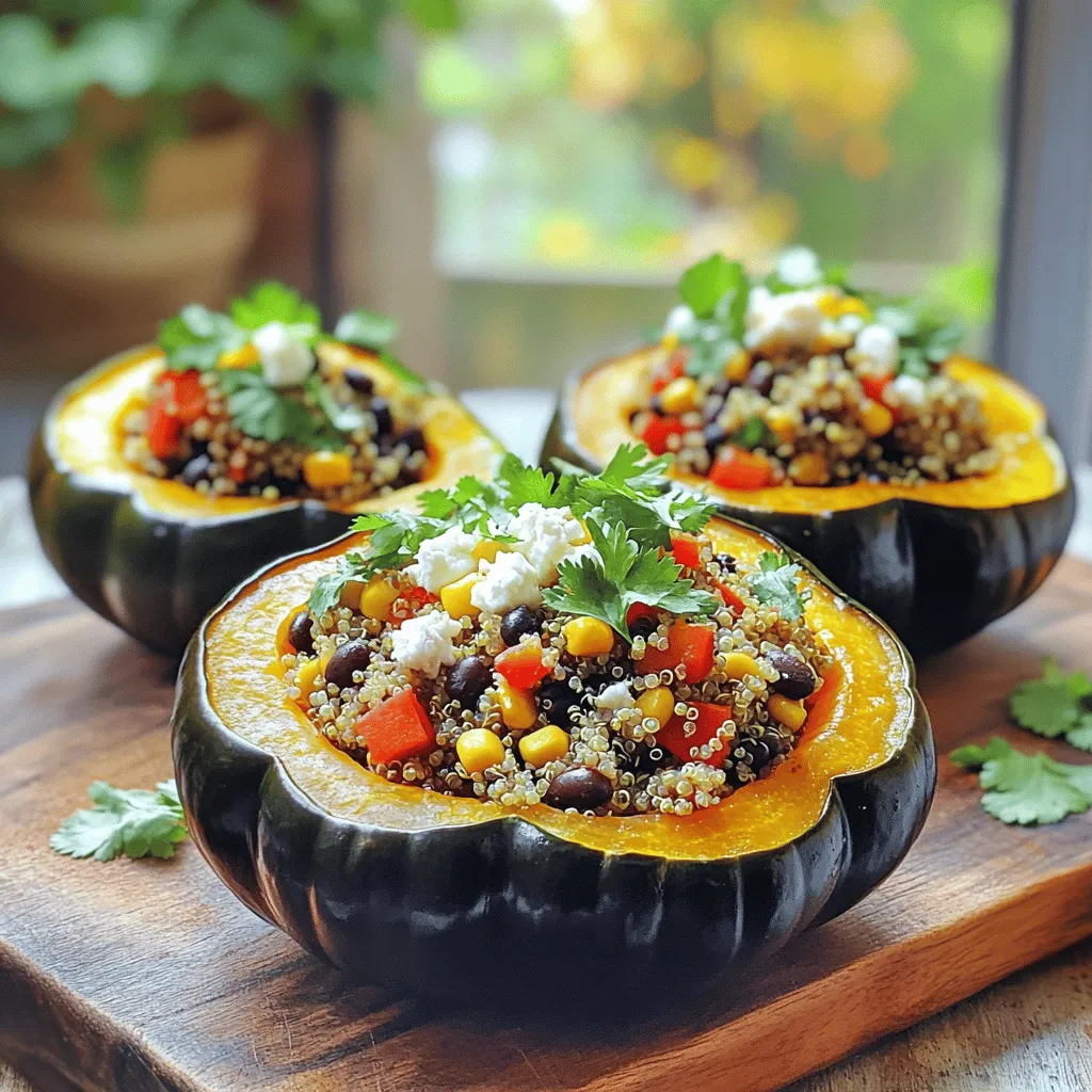 - 2 medium acorn squashes - 1 cup quinoa, rinsed thoroughly - 2 cups vegetable broth - 1 cup black beans, drained and rinsed - 1 cup corn (fresh or frozen) - 1 red bell pepper, diced into small cubes - 1 small onion, finely chopped - 2 cloves garlic, minced - 1 teaspoon ground cumin - 1 teaspoon smoked paprika - Salt and freshly ground pepper to taste - 2 tablespoons extra virgin olive oil - Fresh cilantro leaves, for garnish - Crumbled feta or goat cheese for topping (optional) When I create stuffed acorn squash, each ingredient plays a key role. The acorn squash serves as a sweet and tender vessel. It holds all the flavors and nutrients. Quinoa adds a nutty taste and fluffy texture. I rinse it well to remove any bitter coating. Vegetable broth gives the quinoa great flavor. The black beans add protein and creaminess. Corn brings a sweet crunch. Diced red bell pepper and onion add color and taste. Garlic enhances the dish with its strong aroma. For spices, I keep it simple but flavorful. Ground cumin gives a warm, earthy touch. Smoked paprika adds depth and a hint of smokiness. I always season with salt and pepper to bring out the flavors. I suggest adding optional toppings. A drizzle of olive oil makes it rich. Fresh cilantro leaves brighten the dish. If you enjoy cheese, crumbled feta or goat cheese adds creaminess. For the full recipe, you can check out the detailed steps. - Preheat the oven to 400°F (200°C). - Cut acorn squashes in half and scoop out seeds. - Brush with olive oil and season with salt and pepper. First, you want to make sure your oven is nice and hot. This helps the squash roast evenly. Next, cutting the squash can be tricky. Use a sharp knife and cut from stem to base. Don't forget to scoop out the seeds well; they can be stringy and tough. Brushing the insides with olive oil gives them a nice flavor and helps them roast perfectly. - Combine rinsed quinoa and vegetable broth in a saucepan. - Bring to a boil, then reduce heat and simmer for 15 minutes. While the squash roasts, let’s cook the quinoa. Rinse the quinoa first. This removes the bitter coating. Then, combine it with vegetable broth in a saucepan. Bring it to a boil, then lower the heat and cover it. After about 15 minutes, you’ll see fluffy, fully cooked quinoa ready for mixing. - Warm olive oil in a skillet. - Sauté onion and garlic until translucent. - Add red bell pepper, corn, black beans, and spices; cook for an additional 5 minutes. In a skillet, warm some olive oil over medium heat. Add the onion and garlic first. You want them translucent and fragrant. After that, toss in the red bell pepper, corn, and black beans. Sprinkle the spices in, too. This mix will cook for about 5 minutes. Stir it often to blend the flavors. - Combine cooked quinoa with the vegetable mixture. - Fill roasted squash halves with the quinoa and vegetable filling. Now, it’s time to combine! Add the cooked quinoa to your sautéed veggies. Mix it well until everything is combined. Carefully remove the squash from the oven. Flip them cut-side up and fill each half with your delicious mixture. Press down gently to pack it in well. - Optionally sprinkle cheese on top. - Bake stuffed squashes for an additional 10 minutes. If you like cheese, now’s the time to sprinkle some on top. Feta or goat cheese works great here. Return the stuffed squash to the oven for another 10 minutes. This gives everything a chance to heat through and lets the cheese melt just right. - Garnish with fresh cilantro leaves before serving. Once they’re done, take them out of the oven. Garnish each squash with fresh cilantro leaves. This adds a burst of color and flavor. Now, you have a warm, tasty dish ready to enjoy! For more details, check the Full Recipe. To check if your acorn squash is done, poke it with a fork. If it goes in easily, it's ready. You want it tender but not mushy. Overcooking makes it too soft, while undercooking leaves it hard. Aim for that sweet spot where it's caramelized and fork-tender. To avoid mushy quinoa, rinse it well before cooking. Place quinoa in a fine mesh strainer and run it under cold water. This removes the bitter coating called saponin. After rinsing, use a 2:1 ratio of water to quinoa. Cook it until all the water is absorbed, about 15 minutes. Let it sit covered for 5 minutes after cooking to fluff it up. You can add more spices to elevate the flavor. Try chili powder for heat or fresh herbs like thyme for freshness. A splash of lime juice can also brighten the dish. For a full meal, serve the stuffed squash with a side salad or some crusty bread. This makes a lovely balance and adds more texture to your meal. {{image_4}} You can easily make this dish vegan and gluten-free. To do this, ensure you use vegetable broth and skip any cheese. You can also swap quinoa for lentils or chickpeas. These proteins add great texture and flavor. Feel free to play with seasonal veggies. In summer, add zucchini or tomatoes for freshness. In winter, try adding kale or roasted root vegetables for heartiness. Each season brings new tastes to enjoy. Experiment with different cheeses to top your squash. Go for cheddar for a sharp taste or mozzarella for a gooey finish. You can also add nuts or seeds, like pumpkin seeds or walnuts, for extra crunch. These toppings elevate the dish and add delightful textures. To store leftovers, place the stuffed acorn squash in an airtight container. Make sure it cools down first. This keeps the flavors fresh and prevents spoilage. You can store it in the refrigerator for up to three days. To freeze stuffed acorn squash, let it cool completely. Wrap each half tightly with plastic wrap, then place it in a freezer-safe bag. Remove as much air as possible to avoid freezer burn. You can store it in the freezer for up to three months. To reheat, take it out of the freezer and let it thaw overnight in the fridge. After thawing, place it in a preheated oven at 350°F (175°C) for about 20 minutes. This warms it through without drying it out. Stuffed acorn squash pairs well with many sides. Try serving it with a crisp green salad or some roasted vegetables. The fresh crunch complements the squash's creamy texture. For meal prep, consider making a large batch. You can stuff multiple squashes and store them in the fridge. This way, you have a quick and healthy meal ready to go any day of the week. Check out the full recipe for more tasty ideas! What should I do if my squash is hard to cut? If your squash is hard to cut, try microwaving it first. Place the whole squash in the microwave for 2-3 minutes. This softens it slightly and makes cutting easier. Always be careful while cutting, as the knife can slip. How can I tell when the acorn squash is done roasting? You can tell the squash is done when it is fork-tender. Stick a fork into the flesh. If it goes in easily, it is ready. The skin should look slightly caramelized, giving it a nice color. Can I use a different type of grain instead of quinoa? Yes, you can use rice or farro as alternatives. Both grains add a nice texture. Just make sure to adjust the cooking time and liquid as needed. Cook rice according to package directions for best results. What can I use instead of black beans? You can use kidney beans or pinto beans. Both work well in this recipe. They add protein and flavor. If you want something different, try lentils for a unique twist. How many servings does this recipe yield? This recipe yields four servings. Each half of the acorn squash makes a perfect portion. It’s great for a small family or for meal prep. Is stuffed acorn squash healthy? Yes, stuffed acorn squash is very healthy. It is packed with nutrients from the squash, quinoa, and veggies. This dish is high in fiber and provides protein, making it a balanced meal. To wrap up, this blog post guides you through making delicious stuffed acorn squash. We covered main ingredients, cooking tips, and options for variations. You learned how to prepare and cook each element simply and efficiently. Remember, you can customize this dish based on your taste and needs. With a few tweaks, it can fit various diets and seasons. Enjoy this tasty and healthy meal, and feel free to explore new flavors!
