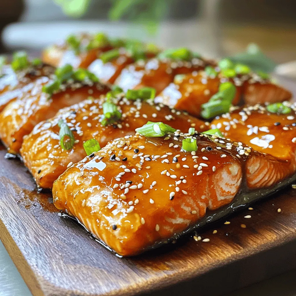 Let’s gather everything you need to make this honey garlic glazed salmon. Here’s the list: - 4 salmon fillets (approximately 6 oz each) - 1/4 cup honey - 4 cloves garlic, finely minced - 2 tablespoons low-sodium soy sauce - 1 tablespoon rice vinegar (or substitute with apple cider vinegar) - 1 tablespoon sesame oil - Salt and freshly ground black pepper, to taste - 1 tablespoon sesame seeds (for garnish) - 2 green onions, finely chopped (for garnish) These ingredients come together to create a dish that bursts with flavor. Honey adds sweetness, while garlic gives a nice kick. The soy sauce adds depth, and sesame oil brings a nutty taste. Using fresh ingredients, like garlic and green onions, enhances the dish’s overall appeal. You can find the full recipe [here](#). To start, grab a bowl. Add 1/4 cup honey, 4 minced garlic cloves, 2 tablespoons soy sauce, 1 tablespoon rice vinegar, and 1 tablespoon sesame oil. Whisk these together until smooth. This mix will give your salmon a sweet and savory flavor. The honey adds sweetness, while the garlic gives a nice kick. Next, take your salmon fillets. Season both sides with salt and pepper. This step is key to enhancing the taste. Heat a nonstick skillet over medium-high heat. Once hot, place the salmon skin-side down. Sear for about 4-5 minutes. You want the skin to get crispy and golden brown. After searing, carefully flip the salmon to the flesh side. Lower the heat to medium. Now, pour the honey garlic mixture over the salmon. Make sure each fillet is well coated. Let it cook for another 3-4 minutes. Baste the salmon with the glaze as it thickens. It should look opaque and feel firm yet tender at the center. Follow these steps from the Full Recipe for perfect results. To get crispy skin on salmon, start with a hot pan. Heat the skillet on medium-high. Once hot, place the salmon skin-side down. This helps the skin crisp up nicely. Don't move the salmon too much while it cooks. Let it sear for about 4-5 minutes. If you adjust the heat, lower it once you flip the salmon. This keeps the fish from overcooking while the glaze simmers. You can boost the flavor with herbs and spices. Try adding fresh ginger or thyme for a twist. A pinch of red pepper flakes gives a nice kick too. For sides, serve with steamed broccoli or jasmine rice. This balance makes the meal more enjoyable. You might also add a fresh salad for crunch. Basting is important for adding flavor. It keeps the salmon moist and infuses it with the honey garlic glaze. Use a spoon to scoop the sauce from the pan and drizzle it over the salmon. Baste every minute or so after you flip it. This makes sure every bite is full of flavor. Remember to use the glaze from the pan when serving for extra taste. For the full recipe, check out the Honey Garlic Glazed Salmon. {{image_4}} You can swap out honey for maple syrup or agave nectar. These options give a different sweetness. If you want a vegan dish, use maple syrup. For soy sauce, try tamari or coconut aminos. You can also replace the salmon with tofu or tempeh for a plant-based meal. These changes keep the dish tasty and fun. You can grill or pan-sear the salmon. For grilling, preheat your grill and cook the salmon for about six minutes per side. This gives a nice smoky flavor. If you prefer oven-baking, set your oven to 400°F. Place the salmon on a baking sheet and cook for 12-15 minutes. Both methods keep the salmon juicy. Add a splash of lemon or lime juice for a fresh twist. You can also mix in red pepper flakes if you like a bit of heat. For an Asian flair, try using teriyaki sauce or hoisin sauce in place of the honey garlic mix. Each of these options brings a new taste to your honey garlic glazed salmon. To store leftover salmon, let it cool first. Place the salmon in an airtight container. This keeps it fresh and safe. If stored well, it can last in the fridge for up to three days. When you reheat, use low heat. This helps keep the salmon moist. You can reheat it in a skillet or oven. Avoid microwaving, as it can dry the fish out. Yes, you can freeze honey garlic glazed salmon. Wrap each fillet tightly in plastic wrap. Then, place them in a freezer bag. Label the bag with the date. This helps you keep track of how long it’s been. For best taste, use it within three months. To thaw, move it to the fridge overnight. You can also thaw it in cold water if you're in a hurry. Leftovers can last for about three days in the fridge. If you freeze them, they should stay good for about three months. Always check for signs of spoilage. Look for a sour smell or a change in color. If the fish looks or smells off, toss it out. This keeps you safe and healthy. The best way to cook salmon is by pan-searing. This method gives the fish a nice crust. You can also grill or bake it. Each method brings out great flavors. For pan-searing, you need a hot skillet. Place the salmon skin-side down for crispy skin. Cook for a few minutes, then flip it. To check if salmon is cooked, look for a few signs. The flesh should change from translucent to opaque. You can also use a fork to flake the fish. If it flakes easily, it is done. The internal temperature should reach 145°F. Use a food thermometer for accuracy. When serving honey garlic glazed salmon, consider these pairs: - Steamed vegetables like broccoli or green beans - White or brown rice - Quinoa for a nutty flavor - A fresh salad with lemon dressing - Lemon wedges for extra brightness These sides create a complete and tasty meal. For the full recipe, check out the link above. This blog post covered how to make honey garlic glazed salmon. We explored ingredients, preparation steps, and cooking techniques. You learned tips for perfecting flavor and cooking methods. Variations let you customize the dish to your taste. Proper storage tips ensure your leftovers stay fresh. Enjoy your new dish! With practice, you’ll master this recipe. Happy cooking!