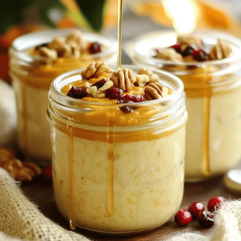 - 1 cup rolled oats - 1 cup almond milk (or any milk of your preference) - ½ cup canned pumpkin puree To make pumpkin spice overnight oats, you need some basic items. Rolled oats form the base. They soak up the milk and pumpkin. Almond milk adds creaminess, but you can use any milk you like. Canned pumpkin puree gives the oats a rich flavor and nice color. - 1 tablespoon chia seeds - 1 tablespoon maple syrup (adjust to taste) - 1 teaspoon pumpkin spice mix (or blend of cinnamon, nutmeg, and ginger) Chia seeds help the oats thicken. They also add nutrition. Maple syrup sweetens the mix. You can change the amount based on how sweet you want it. Pumpkin spice mix gives that classic fall taste. If you don’t have it, use a blend of cinnamon, nutmeg, and ginger. - Chopped nuts - Dried cranberries - Yogurt - Extra maple syrup Toppings make your oats even better. Chopped nuts add crunch. Dried cranberries bring a bit of tartness. A dollop of yogurt can make it creamy. If you like more sweetness, drizzle on extra maple syrup. This recipe is simple and fun. You can find the full recipe above. Enjoy your tasty pumpkin spice overnight oats! To start, gather your ingredients. In a medium bowl, combine: - 1 cup rolled oats - 1 cup almond milk (or any milk of your preference) - ½ cup canned pumpkin puree - 1 tablespoon chia seeds - 1 tablespoon maple syrup - 1 teaspoon pumpkin spice mix - ¼ teaspoon vanilla extract - Pinch of salt Next, whisk everything together until the mixture is creamy and smooth. This step is key. It helps the oats soak up the flavors. Now, it’s time to store your mixture. Spoon the creamy oat mixture into jars or airtight containers. Make sure to leave some space at the top. This space is important for adding your favorite toppings later. Seal the jars tightly and place them in the refrigerator. Let them chill overnight, or for at least 4 hours. This soaking time allows the oats to absorb the milk and flavors. When you're ready to eat, simply give each jar a stir. Your tasty Pumpkin Spice Overnight Oats are ready! For the full recipe, check the earlier section. Overnight soaking is key for making tasty oats. It helps the oats absorb the liquid, making them soft. If you want thicker oats, use less milk. For creamier oats, add a little more milk. Adjusting the liquid lets you control the texture to match your taste. To make your oats pop with flavor, use fresh spices. Ground spices lose their strength over time. So, fresh pumpkin spice gives a richer taste. You can also mix in yogurt. This adds creaminess and makes the oats smooth. Choose your favorite yogurt for an extra flavor kick. You can enjoy your pumpkin spice overnight oats cold or warm. Cold oats are refreshing on hot days. For warm oats, just heat them in the microwave for about 30 seconds. They work great for meal prep. You can make a batch for the week and grab one each morning. Top with nuts or dried fruits for a fun twist. For more ideas, check the Full Recipe. {{image_4}} You can easily make pumpkin spice overnight oats dairy-free. Just swap almond milk for coconut or oat milk. Both options add a rich taste. Coconut milk gives a hint of sweetness, while oat milk has a smooth texture. This way, you can enjoy your oats without dairy. If you want to change the sweetness, use honey or agave syrup. Both options work well instead of maple syrup. Honey adds a floral note, while agave syrup keeps it mild. Adjust the amount to suit your taste. You can make your oats as sweet as you like! To add a holiday flair, try adding dried cranberries. They bring a tartness that balances the sweetness of pumpkin. You can also experiment with other spices, like cardamom. Cardamom adds a warm flavor that pairs well with pumpkin spice. These twists make your oats special for any season. For the full recipe, check out the detailed steps above! You can keep pumpkin spice overnight oats in the fridge for up to five days. Use airtight containers to keep them fresh. Glass jars work great, as they seal well and are easy to clean. If you use plastic, make sure it is BPA-free. Yes, you can freeze these oats! Just put them in freezer-safe containers. Leave some space at the top, as the oats will expand. To thaw, place the container in the fridge overnight. You can also use the microwave on low to gently heat them. If you want to reheat your oats, do it slowly. Add a splash of milk to keep them creamy. Heat them in the microwave for 30 seconds at a time, stirring in between. This way, they warm evenly and stay delicious. Enjoy your tasty treat! For the full recipe, check out the section above. Yes, you can use quick oats. However, they will change the texture. Quick oats cook faster and absorb liquid more quickly. This means your overnight oats may become mushy. Rolled oats give a chewy, hearty texture. I recommend sticking with rolled oats for the best result. Your pumpkin spice overnight oats can last up to five days in the fridge. Store them in airtight containers. This keeps them fresh and safe to eat. Always check for any off smells or changes in texture before eating. Absolutely! All the ingredients in this recipe can be vegan-friendly. Use almond milk, maple syrup, and chia seeds. These options are plant-based. You can enjoy delicious and creamy oats without any animal products. There are many great options to boost nutrition. You can add protein powder to increase protein. Chia seeds and flaxseeds also add healthy fats. Fresh fruits like berries or bananas can add vitamins and flavor. Nuts can give you extra crunch and healthy fats. Mix and match for your perfect bowl! This blog post walks you through making delicious overnight oats with pumpkin. We covered the basic ingredients, step-by-step instructions, and tips for the best texture and flavor. Remember, you can customize your oats with toppings and variations to suit your taste. Storing is easy, and you can enjoy them cold or warm. In the end, these oats are a healthy and quick breakfast option. Try making them your own, and enjoy the benefits of a balanced meal that fits your routine.