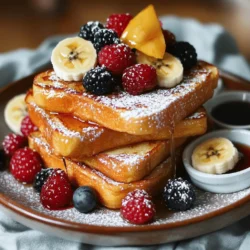 To make your Classic French Toast, you will need: - 4 thick slices of brioche or challah bread - 2 large eggs - 1/2 cup milk (your choice of whole or almond) - 1 teaspoon pure vanilla extract - 1/2 teaspoon ground cinnamon - 1 tablespoon granulated sugar (optional) - Butter, for frying - Maple syrup, for serving - Fresh berries (such as strawberries or blueberries) or banana slices, for garnish These ingredients create a rich and tasty breakfast that will please everyone. You can add extra flavor to your French toast. Here are some ideas: - A splash of orange juice for zest - Nutmeg for a warm spice - A tablespoon of cocoa powder for a chocolate twist - Chopped nuts like pecans or walnuts for crunch These add-ins make your dish unique and fun. Feel free to mix and match! Use these tools to help you make perfect French toast: - A mixing bowl for the egg mixture - A whisk to blend the ingredients well - A non-stick skillet or griddle for cooking - A spatula to flip the toast - Measuring cups and spoons for accuracy Having the right tools makes cooking easier and more enjoyable. Happy cooking! Start by getting a large mixing bowl. In this bowl, whisk together: - 2 large eggs - 1/2 cup milk - 1 teaspoon pure vanilla extract - 1/2 teaspoon ground cinnamon - 1 tablespoon granulated sugar (optional) Make sure the mixture is smooth. This egg mix gives French toast its rich flavor. Heat a non-stick skillet over medium heat. Add a generous pat of butter. Let it melt and coat the pan. Dip your bread slice into the egg mixture. Be quick! You want to coat both sides but avoid soaking it too much. Let the extra drip off. Place the coated bread in the skillet. Cook for about 2-3 minutes on each side. Look for a golden color and crispy texture. If the bread sticks, add a bit more butter. Keep the cooked slices warm while you finish the rest. Serve the French toast hot. Drizzle with maple syrup for sweetness. Add fresh berries or banana slices as a tasty garnish. Stack the slices nicely on a plate. Dust with powdered sugar for a beautiful touch. You can also serve syrup in a small bowl for dipping. Enjoy this delightful dish! To get the best texture, choose thick bread. Brioche or challah works well. These breads soak up the egg mixture without falling apart. The right milk adds creaminess. Whole milk gives rich flavor, while almond milk offers a light taste. Whisk the eggs and milk until smooth. I like to add vanilla and cinnamon for warmth. This blend lifts the flavor to new heights. One big mistake is soaking the bread too long. If you soak it too much, it becomes soggy. Just dip each slice briefly. Let the excess drip off before cooking. Another error is using low heat. Cooking on medium heat helps achieve that golden crust. Also, don't skip the butter. It not only prevents sticking but adds flavor too. When cooking for a crowd, keep the first batch warm. Preheat your oven to about 200°F. Place cooked French toast on a baking sheet in the oven. This keeps it warm while you finish cooking the rest. Cook in batches, but don’t crowd the pan. Leave space for each slice. This helps them cook evenly and stay crispy. For more details, check out the Full Recipe. {{image_4}} You can make your French toast more exciting. Add flavor by mixing in a few extras. Try using a pinch of nutmeg or a splash of orange juice in your egg mixture. These small changes can create a lovely new taste. You can also add chocolate chips or nuts for a fun twist. They melt and give a sweet crunch that everyone loves. While brioche or challah is great, other breads work well too. Sour dough adds a nice tang. Whole wheat bread gives a hearty flavor. You can even use cinnamon raisin bread for extra sweetness. Each type of bread will change the taste and texture. Experiment with what you have on hand, and find your favorite! Toppings can take your French toast to the next level. Fresh fruit, like strawberries or bananas, adds color and taste. You can also sprinkle powdered sugar over the top for a sweet finish. Try adding whipped cream or yogurt for creaminess. For a rich touch, drizzle with caramel or chocolate sauce. Each topping creates a new experience. Enjoy mixing and matching to find what you love! To keep your leftover French toast fresh, let it cool first. Place the slices in an airtight container. You can stack them with parchment paper between each slice to avoid sticking. Store it in the fridge for up to 3 days. If you want to keep it longer, freezing is a great option. When you’re ready to enjoy your French toast again, reheat it in the oven for the best results. Preheat your oven to 350°F (175°C). Place the slices on a baking sheet, and cover them with foil. Heat for about 10-15 minutes until warm. You can also use a toaster or microwave, but the oven gives it a nice crisp texture. Freezing French toast is easy and perfect for busy mornings. After cooling, wrap each slice in plastic wrap or foil. Place the wrapped slices in a freezer bag, removing as much air as possible. You can freeze them for up to 2 months. When you’re ready to eat, thaw them in the fridge overnight. Then, reheat using the oven method for the best taste. Enjoy your golden delight anytime! For the full recipe, check out the details above. To make Classic French Toast from scratch, gather your ingredients. You will need: - 4 thick slices of brioche or challah bread - 2 large eggs - 1/2 cup milk (your choice of whole or almond) - 1 teaspoon pure vanilla extract - 1/2 teaspoon ground cinnamon - 1 tablespoon granulated sugar (optional) - Butter, for frying - Maple syrup, for serving - Fresh berries or banana slices, for garnish Mix the eggs, milk, vanilla, cinnamon, and sugar in a bowl. Whisk until smooth. Heat a skillet over medium heat and add butter. Dip each slice of bread into the egg mixture. Make sure to coat both sides. Cook for 2-3 minutes per side until golden brown. Serve hot with syrup and fruit. You can find the full recipe above. The best bread for French Toast is thick bread. Brioche or challah works wonderfully. These types soak up the egg mixture without falling apart. You can also use sourdough or Texas toast. Avoid thin or flimsy bread as it may turn mushy. Yes, you can make French Toast ahead of time. Cook the slices and let them cool. Place them in an airtight container. Store in the fridge for up to three days. When ready to eat, reheat in a skillet or toaster. This keeps the French Toast warm and tasty. For healthy toppings, try fresh fruit like berries or banana slices. You can also use Greek yogurt for creaminess. A sprinkle of nuts adds a nice crunch. Drizzle with honey or pure maple syrup for sweetness. These options keep your meal tasty and nutritious. With classic French toast, you now have a simple recipe to impress. We covered key ingredients, including tasty variations and smart tools. The step-by-step guide shows you how to mix, cook, and serve like a pro. Remember the tips to avoid common mistakes and achieve the best taste. Explore creative toppings to make each bite special. Lastly, learn how to store and reheat French toast for later. Enjoy your breakfast and have fun experimenting with this beloved dish!