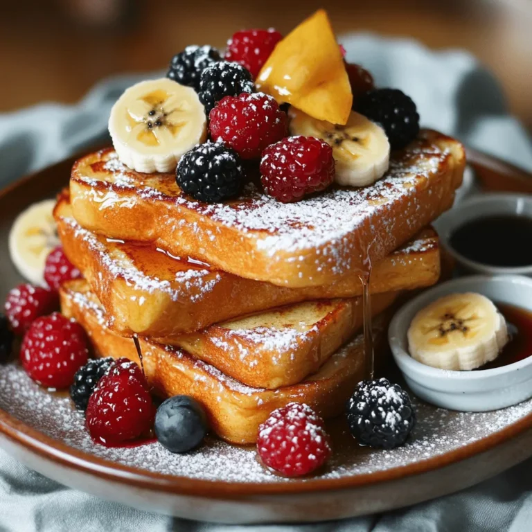 To make your Classic French Toast, you will need: - 4 thick slices of brioche or challah bread - 2 large eggs - 1/2 cup milk (your choice of whole or almond) - 1 teaspoon pure vanilla extract - 1/2 teaspoon ground cinnamon - 1 tablespoon granulated sugar (optional) - Butter, for frying - Maple syrup, for serving - Fresh berries (such as strawberries or blueberries) or banana slices, for garnish These ingredients create a rich and tasty breakfast that will please everyone. You can add extra flavor to your French toast. Here are some ideas: - A splash of orange juice for zest - Nutmeg for a warm spice - A tablespoon of cocoa powder for a chocolate twist - Chopped nuts like pecans or walnuts for crunch These add-ins make your dish unique and fun. Feel free to mix and match! Use these tools to help you make perfect French toast: - A mixing bowl for the egg mixture - A whisk to blend the ingredients well - A non-stick skillet or griddle for cooking - A spatula to flip the toast - Measuring cups and spoons for accuracy Having the right tools makes cooking easier and more enjoyable. Happy cooking! Start by getting a large mixing bowl. In this bowl, whisk together: - 2 large eggs - 1/2 cup milk - 1 teaspoon pure vanilla extract - 1/2 teaspoon ground cinnamon - 1 tablespoon granulated sugar (optional) Make sure the mixture is smooth. This egg mix gives French toast its rich flavor. Heat a non-stick skillet over medium heat. Add a generous pat of butter. Let it melt and coat the pan. Dip your bread slice into the egg mixture. Be quick! You want to coat both sides but avoid soaking it too much. Let the extra drip off. Place the coated bread in the skillet. Cook for about 2-3 minutes on each side. Look for a golden color and crispy texture. If the bread sticks, add a bit more butter. Keep the cooked slices warm while you finish the rest. Serve the French toast hot. Drizzle with maple syrup for sweetness. Add fresh berries or banana slices as a tasty garnish. Stack the slices nicely on a plate. Dust with powdered sugar for a beautiful touch. You can also serve syrup in a small bowl for dipping. Enjoy this delightful dish! To get the best texture, choose thick bread. Brioche or challah works well. These breads soak up the egg mixture without falling apart. The right milk adds creaminess. Whole milk gives rich flavor, while almond milk offers a light taste. Whisk the eggs and milk until smooth. I like to add vanilla and cinnamon for warmth. This blend lifts the flavor to new heights. One big mistake is soaking the bread too long. If you soak it too much, it becomes soggy. Just dip each slice briefly. Let the excess drip off before cooking. Another error is using low heat. Cooking on medium heat helps achieve that golden crust. Also, don't skip the butter. It not only prevents sticking but adds flavor too. When cooking for a crowd, keep the first batch warm. Preheat your oven to about 200°F. Place cooked French toast on a baking sheet in the oven. This keeps it warm while you finish cooking the rest. Cook in batches, but don’t crowd the pan. Leave space for each slice. This helps them cook evenly and stay crispy. For more details, check out the Full Recipe. {{image_4}} You can make your French toast more exciting. Add flavor by mixing in a few extras. Try using a pinch of nutmeg or a splash of orange juice in your egg mixture. These small changes can create a lovely new taste. You can also add chocolate chips or nuts for a fun twist. They melt and give a sweet crunch that everyone loves. While brioche or challah is great, other breads work well too. Sour dough adds a nice tang. Whole wheat bread gives a hearty flavor. You can even use cinnamon raisin bread for extra sweetness. Each type of bread will change the taste and texture. Experiment with what you have on hand, and find your favorite! Toppings can take your French toast to the next level. Fresh fruit, like strawberries or bananas, adds color and taste. You can also sprinkle powdered sugar over the top for a sweet finish. Try adding whipped cream or yogurt for creaminess. For a rich touch, drizzle with caramel or chocolate sauce. Each topping creates a new experience. Enjoy mixing and matching to find what you love! To keep your leftover French toast fresh, let it cool first. Place the slices in an airtight container. You can stack them with parchment paper between each slice to avoid sticking. Store it in the fridge for up to 3 days. If you want to keep it longer, freezing is a great option. When you’re ready to enjoy your French toast again, reheat it in the oven for the best results. Preheat your oven to 350°F (175°C). Place the slices on a baking sheet, and cover them with foil. Heat for about 10-15 minutes until warm. You can also use a toaster or microwave, but the oven gives it a nice crisp texture. Freezing French toast is easy and perfect for busy mornings. After cooling, wrap each slice in plastic wrap or foil. Place the wrapped slices in a freezer bag, removing as much air as possible. You can freeze them for up to 2 months. When you’re ready to eat, thaw them in the fridge overnight. Then, reheat using the oven method for the best taste. Enjoy your golden delight anytime! For the full recipe, check out the details above. To make Classic French Toast from scratch, gather your ingredients. You will need: - 4 thick slices of brioche or challah bread - 2 large eggs - 1/2 cup milk (your choice of whole or almond) - 1 teaspoon pure vanilla extract - 1/2 teaspoon ground cinnamon - 1 tablespoon granulated sugar (optional) - Butter, for frying - Maple syrup, for serving - Fresh berries or banana slices, for garnish Mix the eggs, milk, vanilla, cinnamon, and sugar in a bowl. Whisk until smooth. Heat a skillet over medium heat and add butter. Dip each slice of bread into the egg mixture. Make sure to coat both sides. Cook for 2-3 minutes per side until golden brown. Serve hot with syrup and fruit. You can find the full recipe above. The best bread for French Toast is thick bread. Brioche or challah works wonderfully. These types soak up the egg mixture without falling apart. You can also use sourdough or Texas toast. Avoid thin or flimsy bread as it may turn mushy. Yes, you can make French Toast ahead of time. Cook the slices and let them cool. Place them in an airtight container. Store in the fridge for up to three days. When ready to eat, reheat in a skillet or toaster. This keeps the French Toast warm and tasty. For healthy toppings, try fresh fruit like berries or banana slices. You can also use Greek yogurt for creaminess. A sprinkle of nuts adds a nice crunch. Drizzle with honey or pure maple syrup for sweetness. These options keep your meal tasty and nutritious. With classic French toast, you now have a simple recipe to impress. We covered key ingredients, including tasty variations and smart tools. The step-by-step guide shows you how to mix, cook, and serve like a pro. Remember the tips to avoid common mistakes and achieve the best taste. Explore creative toppings to make each bite special. Lastly, learn how to store and reheat French toast for later. Enjoy your breakfast and have fun experimenting with this beloved dish!