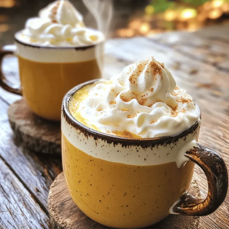 - 1 cup almond milk (or your preferred milk variety) - 1 cup water - 2 bags of black tea (or 2 tablespoons of loose-leaf black tea) - 1 tablespoon pumpkin puree - 1 tablespoon maple syrup (sweeten according to your taste) - 1/2 teaspoon pumpkin pie spice (plus extra for garnish) - 1/4 teaspoon ground cinnamon - 1/4 teaspoon vanilla extract - Whipped cream (dairy or non-dairy) - Extra pumpkin pie spice or cinnamon for garnish To create the perfect pumpkin spice chai latte, you need a few key ingredients. Start with almond milk, but feel free to use any milk you love. I often use oat or coconut milk for a rich taste. You also need black tea, which gives this drink its strong base. Black tea brings a nice depth to the flavors. Pumpkin puree is a must-have for that cozy pumpkin taste. Maple syrup adds sweetness, but you can adjust it to your liking. The spices make this drink special. Pumpkin pie spice, cinnamon, and vanilla extract blend beautifully together. For optional toppings, whipped cream adds a nice touch. You can use dairy or non-dairy options based on your preference. A sprinkle of extra pumpkin pie spice or cinnamon on top makes it look fancy and inviting. To see the full recipe with detailed steps, check out the [Full Recipe]. - First, combine 1 cup of water and 1 cup of almond milk in a medium saucepan. - Warm the mixture over medium heat. Watch closely and do not let it boil. - Next, add 2 bags of black tea, or 2 tablespoons of loose-leaf black tea in an infuser. - Let the tea steep for 5 minutes. This helps get a rich flavor. - After steeping, remove the tea bags or the infuser from the saucepan. - Now, whisk in 1 tablespoon of pumpkin puree and 1 tablespoon of maple syrup. - Add 1/2 teaspoon of pumpkin pie spice, 1/4 teaspoon of vanilla extract, and 1/4 teaspoon of ground cinnamon. - Mix everything well until the blend is smooth. - Return the saucepan to the heat. Warm it up, but do not boil. Stir often to keep it even. - For a frothy texture, take it off the heat and pour it into a blender. Blend until creamy. - If you prefer, use an immersion blender in the saucepan for froth. - Finally, pour your pumpkin spice chai latte into mugs. Top with whipped cream and a sprinkle of pumpkin pie spice for a nice finish. Follow the [Full Recipe](#) for more details! To make the best pumpkin spice chai latte, start with the right tea. I prefer using strong black tea. It gives the drink a rich base. You can use tea bags or loose-leaf tea. Both work well! Next, balance your sweetness. I love using maple syrup because it adds a warm flavor. Start with one tablespoon, then taste. Adjust it to what you like. Remember, flavors blend better with some sweetness. Frothing adds a lovely texture. You can use a regular blender to make it creamy. Just pour the latte in and blend until frothy. If you want a quick option, try an immersion blender. You can blend right in the saucepan. Both methods work well to create that perfect froth! When serving, choose your mugs carefully. Big mugs show off the drink well. Thick cups also help keep it warm. For a beautiful finish, add some garnishes. A dollop of whipped cream looks nice. A sprinkle of pumpkin pie spice or cinnamon adds visual appeal. You can even add a cinnamon stick for flair. It makes your pumpkin spice chai latte feel extra special! {{image_4}} You can easily make a dairy-free pumpkin spice chai latte. Use oat milk or coconut milk instead of almond milk. These options add unique flavors and creaminess. For a topping, try non-dairy whipped cream. Brands like Coconut Whipped Cream work well. This keeps your drink light and plant-based. Want a stronger flavor? Adjust the pumpkin pie spice quantity. You can add more than half a teaspoon for extra warmth. Another way to boost the spice is to add more cinnamon or nutmeg. This gives your latte a cozy kick. Play around until you find your perfect blend. You have many choices for sweeteners in this recipe. Honey or agave syrup can add a nice touch. Both options bring natural sweetness. If you're looking for something low-calorie, try stevia or other sugar substitutes. Each choice gives a different flavor, so pick what you love. To keep your pumpkin spice chai latte fresh, store it in the fridge. Pour any leftovers into a glass jar or a plastic container. Make sure the lid is tight to prevent any odors from getting in. You can enjoy your chai latte for up to three days after making it. When you want to enjoy your chai latte again, use the stove or microwave. For the stove, pour the latte into a saucepan. Heat it on low, stirring often. This helps keep the flavor and texture smooth. If you choose the microwave, heat it in short bursts of 30 seconds. Stir well in between to avoid hot spots. Can you freeze pumpkin spice chai latte? Yes, but it might change a bit in texture. If you choose to freeze it, use a freezer-safe container. Leave some space at the top, as the liquid expands when frozen. To thaw, place it in the fridge overnight. When ready to drink, reheat it gently on the stove or in the microwave, stirring well. Enjoy your cozy fall favorite again with the full recipe at hand! A pumpkin spice chai latte blends warm spices with rich pumpkin flavor. It has a cozy taste with hints of cinnamon, nutmeg, and clove. This drink is creamy and comforting, perfect for chilly days. Compared to a regular chai latte, which has a strong tea base, the pumpkin spice chai latte adds a sweet, earthy twist. The pumpkin puree enhances the richness, while the spices bring a festive feel. Yes! To make this pumpkin spice chai latte vegan, use almond milk or oat milk instead of dairy milk. You can also use maple syrup as a sweetener, which is plant-based. Some may worry about vegan whipped cream. Look for non-dairy whipped options at your local store. Always check the labels to ensure they meet your dietary needs. You can find pumpkin puree and spices at most grocery stores, especially during fall. Look for almond milk in the dairy or non-dairy section. If your local store lacks any ingredients, you can shop online. Many websites offer seasonal ingredients, spices, and specialty items for delivery. Check out popular sites for quick shipping options. For the Full Recipe, follow the steps above to enjoy this delightful drink! You now have all the tools to make a delicious Pumpkin Spice Chai Latte. We covered the key ingredients, step-by-step instructions, and expert tips for perfecting your drink. You can also explore variations to fit your taste or dietary needs. Remember, a great drink is all about balance and creativity. Enjoy experimenting with flavors, and don’t hesitate to customize your latte. Whether you like it sweet or spicy, you can create a warm drink that brings comfort with each sip.