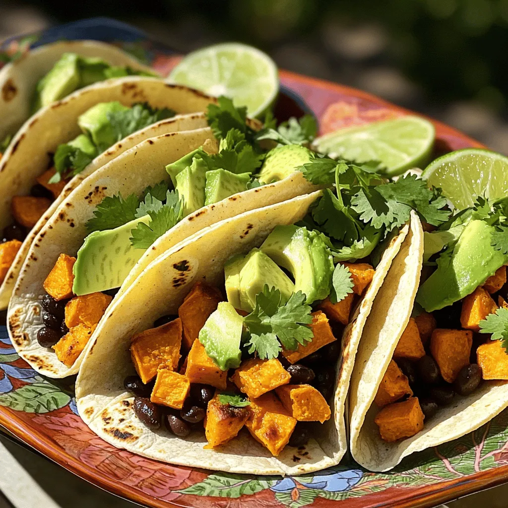 - 2 medium sweet potatoes, peeled and diced into 1-inch cubes - 1 can (15 oz) black beans, rinsed and drained thoroughly - 8 small corn tortillas The main ingredients create a tasty base. Sweet potatoes provide natural sweetness. They are also high in vitamins. Black beans add protein and a creamy texture. Corn tortillas hold everything together perfectly. - 1 teaspoon ground cumin - 1 teaspoon smoked paprika - ½ teaspoon chili powder These spices bring flavor to the dish. Ground cumin gives an earthy taste. Smoked paprika adds a hint of smokiness. Chili powder offers warmth and depth to each bite. - 1 ripe avocado, sliced into wedges - ¼ cup fresh cilantro, roughly chopped - Diced red onion Toppings enhance the tacos' flavor and look. Creamy avocado adds richness. Fresh cilantro brings brightness. Diced red onion offers a nice crunch. For more zest, try adding some lime juice. For the complete recipe, visit the [Full Recipe]. 1. Preheat the Oven: Start by setting your oven to 425°F (220°C). This heat is perfect for roasting sweet potatoes. 2. Toss the Sweet Potatoes with Spices: In a large bowl, mix diced sweet potatoes with 1 tablespoon of olive oil. Add 1 teaspoon ground cumin, 1 teaspoon smoked paprika, ½ teaspoon chili powder, and salt and pepper to taste. Mix until the sweet potatoes are well coated. 3. Roast the Sweet Potatoes: Spread the seasoned sweet potatoes on a baking sheet. Roast them in the oven for 25-30 minutes. Stir halfway through to ensure even cooking. They should be tender and slightly golden when done. 1. Heat the Black Beans: While the sweet potatoes roast, pour 1 can of rinsed black beans into a pot. Heat them over medium heat for about 5 minutes. Stir occasionally and season with salt and pepper. 2. Warm the Corn Tortillas: In a skillet, warm the 8 corn tortillas over medium heat. Cook each side for about 30 seconds. This makes them soft and pliable. Keep them warm in a towel. 1. Layering the Ingredients: Take a warm tortilla and spoon some black beans onto it. Then add a generous scoop of roasted sweet potatoes on top. 2. Adding Fresh Toppings: Top your tacos with avocado slices and fresh cilantro. You can also add diced red onion, feta cheese, or hot sauce if you like. 3. Finishing with Lime: Just before eating, squeeze fresh lime juice over the tacos. This brightens the flavors and adds a zesty kick. For the complete recipe, check out the [Full Recipe]. Enjoy creating these tasty tacos! To ensure even roasting of sweet potatoes, cut them into uniform 1-inch cubes. This helps them cook at the same rate. Toss them in olive oil and spices well. Spread them out on a baking sheet without crowding. When warming tortillas, use a dry skillet over medium heat. Cook each tortilla for about 30 seconds. Flip and warm the other side. Keep them stacked in a clean kitchen towel to stay warm. For visual appeal, stack the tacos neatly on a colorful platter. Arrange lime wedges around them. This adds a nice pop of color. You can also garnish with fresh cilantro sprigs for a lively touch. For spice adjustments, feel free to add more chili powder or a pinch of cayenne for heat. If you want a richer flavor, try adding a dash of garlic powder. You can also incorporate additional ingredients, like diced red onion or crumbled feta cheese. These toppings add texture and flavor. For a twist, drizzle your favorite hot sauce over the top for an extra kick. For the full recipe, check out the Sweet Potato & Black Bean Tacos. {{image_4}} You can switch out black beans for pinto beans. Pinto beans add a creamy texture and taste. You can also try using roasted corn or zucchini instead of sweet potatoes. These swaps can give your tacos a new twist. These tacos are already vegan and gluten-free! You can easily add protein too. Grilled chicken or tofu works well. Just make sure to season them to match the taco flavors. Try adding Southwest-inspired toppings like corn salsa or guacamole. They add a burst of flavor. You can also use different salsas or sauces. A spicy chipotle sauce can give your tacos a nice kick. For the full recipe, check out the steps provided earlier. To store leftover sweet potato and black bean tacos, follow these steps: - Place tacos in an airtight container. - Separate layers with parchment paper to avoid sticking. - Cool the tacos to room temperature before sealing. This keeps them fresh and tasty! Reheat the sweet potatoes and black beans as follows: - Use a microwave for quick reheating. - Place sweet potatoes and beans in a microwave-safe dish. - Heat in short bursts of 30 seconds until warm. To keep tortillas fresh: - Wrap them in a damp paper towel. - Microwave for 15-20 seconds until warm. This method keeps your tacos soft and delicious! Leftover tacos can last in the fridge for about 3-5 days. For freezing options: - Store sweet potatoes and black beans in separate freezer bags. - They can last up to 3 months in the freezer. Just remember, fresh ingredients taste best! For the full recipe, check out [Full Recipe]. Sweet potatoes are packed with nutrients. They are high in fiber, which aids digestion. They also contain vitamins A and C. These vitamins help keep your immune system strong. Sweet potatoes are low in fat and calories. They have antioxidants that fight free radicals in your body. Their natural sweetness makes them a healthy choice for meals. Including them in your diet can support overall health. Yes, you can prepare these tacos ahead of time. Cook the sweet potatoes and black beans in advance. Store them in separate containers in the fridge. You can warm them up when you're ready to eat. Corn tortillas can be kept in a sealed bag. Heat them just before serving for the best taste. This meal prep saves time on busy days. Several sides complement these tacos perfectly. A fresh salad with lime dressing adds crunch. You can also serve corn on the cob for sweetness. Guacamole or salsa brings extra flavor. A side of rice or quinoa can make it a full meal. These sides enhance the overall dining experience. Sweet Potato and Black Bean Tacos are tasty and easy to make. You learned about the main ingredients, spices, and optional toppings. I gave a simple step-by-step guide to prepare, cook, and assemble your tacos. Tips help with cooking and presentation, while variations offer fun twists. Storage info ensures your leftovers stay fresh. These tacos are not just healthy; they're flexible, too. Enjoy creating your own flavor combinations!