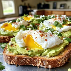 - 2 ripe avocados - 4 slices of whole grain bread - 4 large eggs - 1 tablespoon white vinegar - 1 teaspoon red pepper flakes - Juice of 1 lemon - Salt and black pepper, to taste - Fresh cilantro or parsley for garnish - Optional toppings: crumbled feta cheese or microgreens Gather these ingredients before you start. You want fresh avocados that are firm but slightly soft. Whole grain bread adds a nice crunch and flavor. Eggs are best when they are large and fresh. The white vinegar helps with poaching eggs. It keeps the egg whites together. Red pepper flakes add a nice kick. Lemon juice brightens the dish and adds freshness. Salt and black pepper enhance all the flavors. Fresh herbs give the toast a pop of color and taste. You can also add feta cheese or microgreens for extra flair. For the full recipe, check the details above. Remember, use the best quality ingredients for the best taste! To start, you can use a toaster or a skillet. Both work well for this dish. If using a toaster, aim for a golden color. If using a skillet, heat it up and add a little olive oil for a nice crisp. Perfectly toasted bread should be crunchy outside and soft inside. The warmth enhances the avocado flavor. Next, grab two ripe avocados. Cut them in half and scoop the flesh into a bowl. Use a fork to mash them gently. You want a creamy but slightly chunky texture. Add the juice of one lemon, salt, and black pepper. This will brighten the taste. For extra flavor, consider adding red pepper flakes for a hint of spice. Now it’s time to poach the eggs. Fill a medium pot with water and add one tablespoon of white vinegar. Heat the water until it simmers lightly. Do not let it boil hard. Crack each egg into a small bowl. Use a spoon to stir the water and create a whirlpool. Gently slide each egg into the center of the whirlpool. Poach them for about 3 to 4 minutes. The whites should be firm, while the yolk stays runny. After poaching, take the eggs out with a slotted spoon and place them on paper towels. This will help remove extra water. Now, take your toasted bread and spread the avocado mixture evenly on each slice. Place one poached egg on top of each slice. The warm yolk will blend beautifully with the avocado. Finish with a sprinkle of red pepper flakes and some chopped cilantro or parsley. For a tasty twist, add crumbled feta cheese or microgreens. Enjoy this vibrant dish! For the full recipe, check out the details above. To poach eggs just right, timing is key. Keep a close eye on your eggs. Aim for 3-4 minutes for runny yolks. If you notice too much bubbling, lower the heat to a gentle simmer. This helps the egg whites stay together. Common poaching issues include eggs spreading or not cooking through. If an egg spreads too much, add a bit of vinegar to the water. This helps the whites stay in shape. If the yolk cooks too fast, lower the heat and check the timing. To spice things up, try different toppings. Red pepper flakes add heat, while crumbled feta gives a salty kick. You can also use smoked paprika or za'atar for a new twist. Don't forget fresh herbs! Cilantro and parsley brighten the dish. Chives or basil can also add great flavor. For a beautiful plate, stack the avocado toast neatly. Place the poached egg right in the center. A sprinkle of herbs on top makes it pop. Pair it with side dishes like mixed greens or a fruit salad. These side dishes add color and balance to the meal. Serve your avocado toast right away for the best taste! For more details, check out the Full Recipe! {{image_4}} You can make your avocado toast even better by adding protein. Smoked salmon adds a rich flavor. Its salty, smoky taste pairs well with creamy avocado. You can also add crispy bacon for a hearty touch. If you prefer vegetarian options, consider adding chickpeas or black beans. They add protein and a nice texture. While whole grain bread works great, you have other choices. Sourdough or rye bread give unique flavors. If you're gluten-free, try using gluten-free bread or even sweet potato slices. Each option brings a different taste and texture to your toast. Get creative with international flavors. For a Mediterranean twist, add sliced olives and cherry tomatoes. Drizzle with olive oil and sprinkle with feta cheese. If you want an Asian-inspired version, top with soy sauce and sesame seeds. You can even add pickled ginger for a zingy kick. These twists make your avocado toast exciting and new. To keep your avocados fresh, store them in the fridge. Place them in an airtight container. You can also sprinkle some lemon juice on them. This slows down browning. If you have cut avocado, use it within one day. If you want to save your poached eggs, they can stay fresh for a short time. Place them in a bowl of cold water. Cover the bowl and keep it in the fridge. Use them within two days for the best taste. If you have leftover toast, you can reheat it easily. Use a toaster or an oven. Just heat it for a few minutes until warm. You can also create new meals with leftover toast. Spread some cheese or hummus on it. Add veggies or any protein you like. This way, you can enjoy a tasty snack or meal. For the full recipe, check the detailed instructions above! To poach an egg perfectly, use fresh eggs. Fresh eggs hold their shape better. Start by heating water in a pan until it simmers. Add a splash of white vinegar to help the egg white set. Crack the egg into a small bowl. Stir the water gently to create a whirlpool. Slide the egg into the center gently. Cook for 3-4 minutes. The white should be firm, and the yolk should stay runny. Remove the egg with a slotted spoon and let it drain on paper towels. This method gives you a perfect poached egg every time. Yes, you can make avocado toast without bread. Use alternatives like rice cakes, sweet potato slices, or even lettuce wraps. Each option gives a unique taste and texture. Rice cakes offer a crunchy bite. Sweet potato slices add sweetness and nutrition. Lettuce wraps provide a fresh, crisp base. Feel free to experiment with different toppings too. Avocado toast is versatile and easy to customize. Avocados are very nutritious. They are rich in healthy fats, especially monounsaturated fat. This fat is good for your heart. Avocados also provide fiber, which helps with digestion. They contain vitamins like vitamin K, vitamin E, and several B vitamins. Minerals like potassium benefit your blood pressure. Eating avocados may also help lower cholesterol levels. Their creamy texture makes them perfect for many dishes. To prevent avocados from browning, use lemon juice. The acid in lemon slows down oxidation. You can also store the pit in the avocado for some protection. Another method is to cover the avocado tightly with plastic wrap. Make sure the wrap touches the flesh. This limits exposure to air. If you have leftover mashed avocado, mix in a bit of lemon juice before storing. These tricks help keep your avocados fresh longer. There are many tasty toppings for avocado toast. Try adding sliced tomatoes for freshness. Radishes give a nice crunch. For protein, add smoked salmon or a poached egg. You can sprinkle feta cheese or goat cheese for creaminess. Nuts and seeds like pumpkin seeds add texture and crunch. Fresh herbs like cilantro or basil enhance flavor. Explore different combinations to find your favorite. Avocado toast is a blank canvas for your creativity. This article covered how to make a tasty avocado toast with poached eggs. We discussed the ingredients, step-by-step instructions, and helpful tips. You learned how to achieve the perfect texture for the avocado and poach eggs flawlessly. Variations and creative ideas added more options for your meals. Remember, avocado toast is versatile and can be enjoyed in many ways. You can experiment with flavors and toppings. Enjoy your delicious creation, and make it your own!