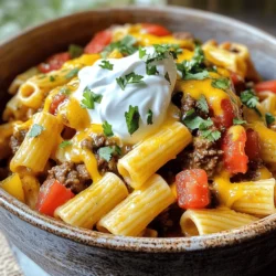 - 1 pound ground beef or turkey - 1 medium onion, finely chopped - 2 cloves garlic, minced - 1 bell pepper, diced - 2 tablespoons taco seasoning - 1 (14.5 oz) can diced tomatoes with green chilies - 2 cups low-sodium chicken or vegetable broth - 8 oz pasta (penne, rotini, or your favorite shape) - 1 cup corn (frozen or canned) - 1 cup black beans (rinsed and drained) - 1 cup shredded cheese (cheddar, Monterey Jack, or Mexican blend) - Olive oil, salt, pepper, fresh cilantro, sour cream To make the One Pot Taco Pasta, gather all the listed ingredients. Each one plays a key role in creating rich flavors. The ground meat adds protein. The onion and garlic build a tasty base. The bell pepper adds crunch and color. Taco seasoning gives it that classic taste. You can find canned tomatoes with green chilies in your grocery aisle. They bring heat and depth to the dish. Broth adds moisture and flavor, while the pasta cooks right in the mix. The optional add-ons like corn and black beans boost nutrition, and cheese makes it creamy. Fresh cilantro and sour cream serve as great toppings. For the full recipe, check the detailed instructions. You'll love how simple and satisfying this dish is! - Warm the olive oil in a large pot over medium heat. - Add the finely chopped onion and sauté for about 3 minutes until soft. - Next, add the minced garlic and diced bell pepper. Sauté for 2 more minutes until fragrant. - Incorporate the ground beef or turkey into the pot. - Cook until the meat is browned. Break it into smaller pieces with a spoon. - If there is excess fat, drain it carefully. - Sprinkle in the taco seasoning and mix well. - Pour in the diced tomatoes and low-sodium broth. Stir everything together. - Bring the mixture to a boil. - Once boiling, reduce the heat to low and cover the pot. - Let it simmer for 10 to 12 minutes. Stir occasionally until the pasta is al dente. - Fold in the corn and black beans. Cook for an extra 2 to 3 minutes. - Remove the pot from heat. - Stir in the shredded cheese until it melts and the dish becomes creamy. - Taste and season with salt and pepper as needed. For the full recipe, check out the One Pot Taco Pasta Delight. Enjoy your meal! To get the pasta texture just right, cook it until it's al dente. This means it should be firm but not hard. Start checking a minute or two before the suggested cooking time. If you cook it too long, it can turn mushy. For seasoning, I like to mix a dash of smoked paprika or cumin. These spices add depth. You could also use fresh lime juice for a bright, zesty kick. When serving One Pot Taco Pasta, toppings make it shine. I love adding fresh cilantro and a scoop of sour cream. You can also sprinkle some sliced jalapeños for heat. As for side dishes, crispy tortilla chips pair well. A simple green salad can add a nice crunch. You might also serve it with avocado slices for creaminess. Use a large pot for this recipe. A Dutch oven works great, too. It holds heat well and makes cooking easier. For utensils, a wooden spoon is best. It won’t scratch your pot and helps mix everything well. Cleanup can be simple. Use one pot for cooking and serve right from it. This way, you save time on washing dishes. Plus, it keeps the meal warm for seconds! For the complete dish, check the Full Recipe. {{image_4}} You can switch out ground beef or turkey for ground chicken. This option keeps your dish lean and healthy. If you prefer vegetarian meals, try using lentils or mushrooms. Both options add great flavor and texture. You can also explore plant-based proteins like tofu or tempeh. These ingredients soak up the taco spices well. Finding gluten-free pasta is easier than ever. Look for rice or quinoa pasta at your local store. These pastas cook similarly to regular pasta. You may need to adjust the cooking time, so check the package. For a gluten-free taco pasta, ensure your broth and taco seasoning are also gluten-free. This way, you can enjoy a full meal without worry. Taco seasoning is key to this dish, but don’t stop there! Try using different blends like chipotle or smoked paprika. This adds a smoky twist to your pasta. Adding veggies like zucchini or spinach boosts the nutrition too. You can also sprinkle in some chili flakes for heat. This way, you make the dish your own and keep it fun! To store your One Pot Taco Pasta, let it cool first. Then place it in an airtight container. This keeps moisture in and air out. You can store it in the fridge for up to three days. After that, it may lose its taste and texture. If you want to freeze One Pot Taco Pasta, follow these steps. First, let it cool completely. Then, transfer it to a freezer-safe container. Use a lid or plastic wrap to seal it tight. It will keep well for about three months. To thaw, place it in the fridge overnight. You can also use the microwave for quick thawing. When reheating, do it slowly. Use a pot over low heat for best results. Stir often to keep it from sticking. Add a splash of broth or water to keep it moist. To make busy days easier, prep this dish in advance. You can chop your onions and peppers ahead of time. Cook the ground meat and store it in the fridge. Combine everything when you are ready to eat. For reheating, use a pot or microwave. If using a pot, add a little broth to keep it creamy. This way, you can enjoy a warm meal in no time. For a fun twist, consider garnishing with extra cheese or fresh cilantro. You can find the full recipe [here](#). Making One Pot Taco Pasta is quick and easy. You need about 10 minutes to prep. Cooking takes around 20 minutes. In total, you can enjoy this meal in just 30 minutes. Yes! You can use many pasta shapes. My favorites are penne and rotini. These shapes hold sauce well and add fun to your dish. If you want, try elbow macaroni or fusilli too. This recipe is perfect for meal prep. You can make a big batch and store it. Keep it in airtight containers in the fridge. It stays fresh for up to 4 days. You can also freeze it for longer storage. Just thaw it in the fridge before reheating. If you don't have taco seasoning, you can make your own. Mix chili powder, cumin, garlic powder, and onion powder. You can add a pinch of paprika and oregano for extra flavor. This mix gives a great taste to your pasta. To add heat, try a few different methods. You can add diced jalapeños or a dash of hot sauce. Red pepper flakes also work well. If you like smoky flavors, add chipotle powder. Adjust the spice to your taste! One Pot Taco Pasta is easy and fun to make. We covered all the main ingredients, steps, and tips. Remember to choose your meat or alternatives and add your favorite toppings. This dish offers great flavor and comfort. It also works well for meal prep, making busy days easier. Try different variations to keep things exciting. With just a bit of creativity and care, you'll enjoy a delicious meal. Dive into cooking and make this dish your own!