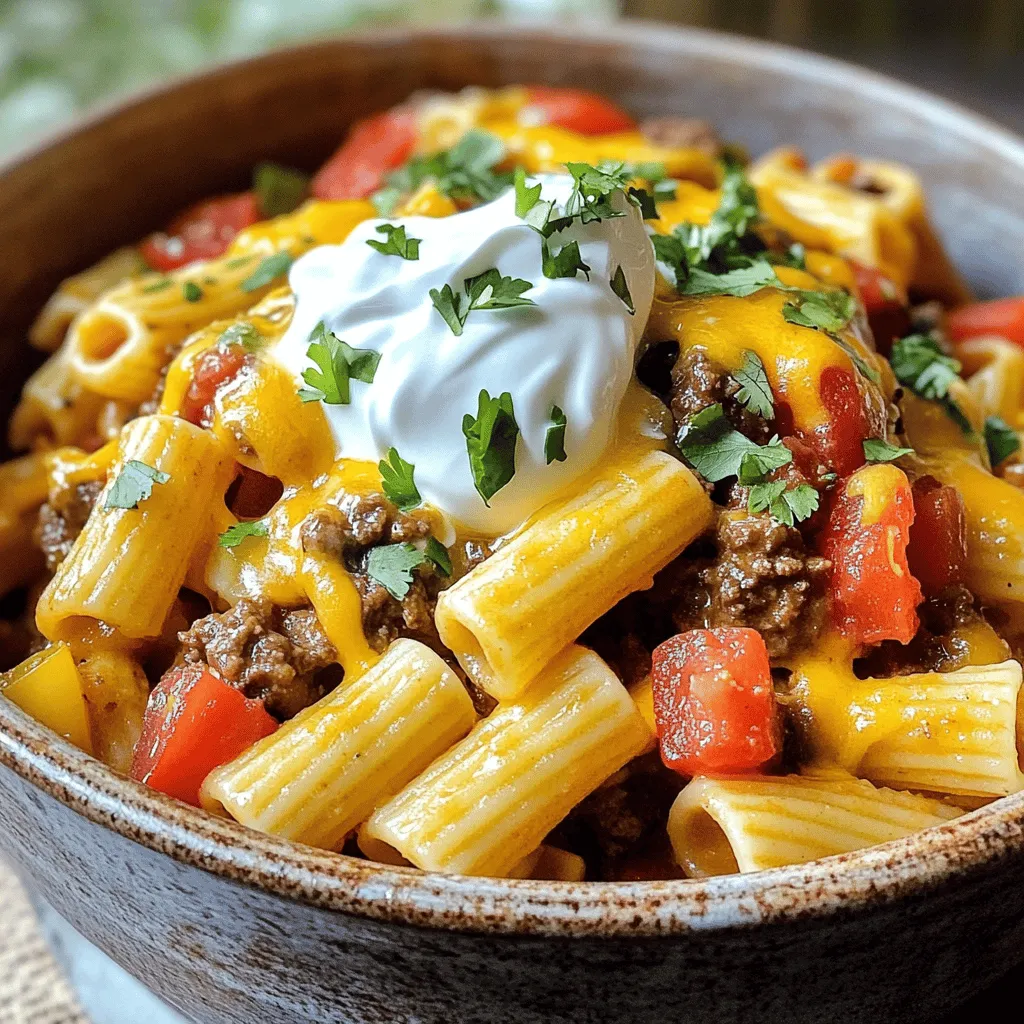 - 1 pound ground beef or turkey - 1 medium onion, finely chopped - 2 cloves garlic, minced - 1 bell pepper, diced - 2 tablespoons taco seasoning - 1 (14.5 oz) can diced tomatoes with green chilies - 2 cups low-sodium chicken or vegetable broth - 8 oz pasta (penne, rotini, or your favorite shape) - 1 cup corn (frozen or canned) - 1 cup black beans (rinsed and drained) - 1 cup shredded cheese (cheddar, Monterey Jack, or Mexican blend) - Olive oil, salt, pepper, fresh cilantro, sour cream To make the One Pot Taco Pasta, gather all the listed ingredients. Each one plays a key role in creating rich flavors. The ground meat adds protein. The onion and garlic build a tasty base. The bell pepper adds crunch and color. Taco seasoning gives it that classic taste. You can find canned tomatoes with green chilies in your grocery aisle. They bring heat and depth to the dish. Broth adds moisture and flavor, while the pasta cooks right in the mix. The optional add-ons like corn and black beans boost nutrition, and cheese makes it creamy. Fresh cilantro and sour cream serve as great toppings. For the full recipe, check the detailed instructions. You'll love how simple and satisfying this dish is! - Warm the olive oil in a large pot over medium heat. - Add the finely chopped onion and sauté for about 3 minutes until soft. - Next, add the minced garlic and diced bell pepper. Sauté for 2 more minutes until fragrant. - Incorporate the ground beef or turkey into the pot. - Cook until the meat is browned. Break it into smaller pieces with a spoon. - If there is excess fat, drain it carefully. - Sprinkle in the taco seasoning and mix well. - Pour in the diced tomatoes and low-sodium broth. Stir everything together. - Bring the mixture to a boil. - Once boiling, reduce the heat to low and cover the pot. - Let it simmer for 10 to 12 minutes. Stir occasionally until the pasta is al dente. - Fold in the corn and black beans. Cook for an extra 2 to 3 minutes. - Remove the pot from heat. - Stir in the shredded cheese until it melts and the dish becomes creamy. - Taste and season with salt and pepper as needed. For the full recipe, check out the One Pot Taco Pasta Delight. Enjoy your meal! To get the pasta texture just right, cook it until it's al dente. This means it should be firm but not hard. Start checking a minute or two before the suggested cooking time. If you cook it too long, it can turn mushy. For seasoning, I like to mix a dash of smoked paprika or cumin. These spices add depth. You could also use fresh lime juice for a bright, zesty kick. When serving One Pot Taco Pasta, toppings make it shine. I love adding fresh cilantro and a scoop of sour cream. You can also sprinkle some sliced jalapeños for heat. As for side dishes, crispy tortilla chips pair well. A simple green salad can add a nice crunch. You might also serve it with avocado slices for creaminess. Use a large pot for this recipe. A Dutch oven works great, too. It holds heat well and makes cooking easier. For utensils, a wooden spoon is best. It won’t scratch your pot and helps mix everything well. Cleanup can be simple. Use one pot for cooking and serve right from it. This way, you save time on washing dishes. Plus, it keeps the meal warm for seconds! For the complete dish, check the Full Recipe. {{image_4}} You can switch out ground beef or turkey for ground chicken. This option keeps your dish lean and healthy. If you prefer vegetarian meals, try using lentils or mushrooms. Both options add great flavor and texture. You can also explore plant-based proteins like tofu or tempeh. These ingredients soak up the taco spices well. Finding gluten-free pasta is easier than ever. Look for rice or quinoa pasta at your local store. These pastas cook similarly to regular pasta. You may need to adjust the cooking time, so check the package. For a gluten-free taco pasta, ensure your broth and taco seasoning are also gluten-free. This way, you can enjoy a full meal without worry. Taco seasoning is key to this dish, but don’t stop there! Try using different blends like chipotle or smoked paprika. This adds a smoky twist to your pasta. Adding veggies like zucchini or spinach boosts the nutrition too. You can also sprinkle in some chili flakes for heat. This way, you make the dish your own and keep it fun! To store your One Pot Taco Pasta, let it cool first. Then place it in an airtight container. This keeps moisture in and air out. You can store it in the fridge for up to three days. After that, it may lose its taste and texture. If you want to freeze One Pot Taco Pasta, follow these steps. First, let it cool completely. Then, transfer it to a freezer-safe container. Use a lid or plastic wrap to seal it tight. It will keep well for about three months. To thaw, place it in the fridge overnight. You can also use the microwave for quick thawing. When reheating, do it slowly. Use a pot over low heat for best results. Stir often to keep it from sticking. Add a splash of broth or water to keep it moist. To make busy days easier, prep this dish in advance. You can chop your onions and peppers ahead of time. Cook the ground meat and store it in the fridge. Combine everything when you are ready to eat. For reheating, use a pot or microwave. If using a pot, add a little broth to keep it creamy. This way, you can enjoy a warm meal in no time. For a fun twist, consider garnishing with extra cheese or fresh cilantro. You can find the full recipe [here](#). Making One Pot Taco Pasta is quick and easy. You need about 10 minutes to prep. Cooking takes around 20 minutes. In total, you can enjoy this meal in just 30 minutes. Yes! You can use many pasta shapes. My favorites are penne and rotini. These shapes hold sauce well and add fun to your dish. If you want, try elbow macaroni or fusilli too. This recipe is perfect for meal prep. You can make a big batch and store it. Keep it in airtight containers in the fridge. It stays fresh for up to 4 days. You can also freeze it for longer storage. Just thaw it in the fridge before reheating. If you don't have taco seasoning, you can make your own. Mix chili powder, cumin, garlic powder, and onion powder. You can add a pinch of paprika and oregano for extra flavor. This mix gives a great taste to your pasta. To add heat, try a few different methods. You can add diced jalapeños or a dash of hot sauce. Red pepper flakes also work well. If you like smoky flavors, add chipotle powder. Adjust the spice to your taste! One Pot Taco Pasta is easy and fun to make. We covered all the main ingredients, steps, and tips. Remember to choose your meat or alternatives and add your favorite toppings. This dish offers great flavor and comfort. It also works well for meal prep, making busy days easier. Try different variations to keep things exciting. With just a bit of creativity and care, you'll enjoy a delicious meal. Dive into cooking and make this dish your own!