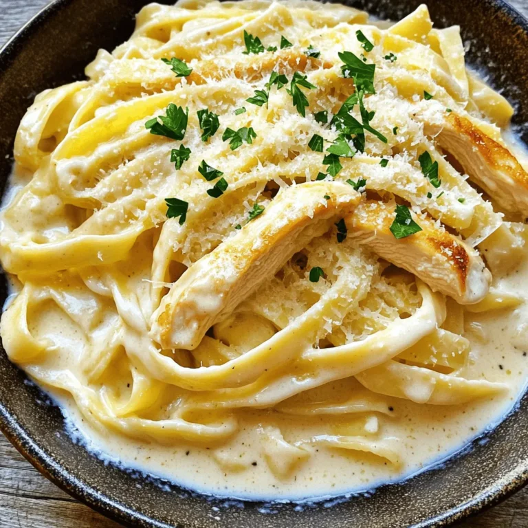 - 12 oz fettuccine pasta - 2 boneless, skinless chicken breasts - Salt and pepper, to taste - 2 tablespoons olive oil - 3 cloves garlic, finely minced - 1 cup heavy cream - 1 cup freshly grated Parmesan cheese - 1 teaspoon Italian seasoning - Fresh parsley, chopped (for garnish) In this recipe, fettuccine pasta gives the dish its classic feel. You will love its wide, flat shape, which holds creamy sauce well. Boneless, skinless chicken breasts provide lean protein and a great texture. Using salt and pepper enhances the flavor of the chicken. Olive oil adds richness when searing the chicken. Garlic brings a lovely aroma and taste to the sauce. Heavy cream creates the creamy base of the Alfredo sauce. Parmesan cheese adds a salty, nutty flavor and richness. Italian seasoning gives the sauce an aromatic blend of herbs. Fresh parsley brightens up the dish and adds a pop of color. - Fresh herbs - Additional proteins or vegetables - Alternative pasta types To make your Easy Chicken Alfredo Pasta even more special, consider adding fresh herbs like basil or thyme. They bring a fresh taste that pairs well with the creamy sauce. You can also add more proteins, like shrimp or bacon, for a unique twist. For veggies, try adding spinach or peas for extra color and nutrients. If you want to switch things up, use different pasta types like penne or rotini. Each type will give the dish a new look and feel. You can check the Full Recipe for more details on preparation. Start by boiling a large pot of salted water. Use about 4-6 quarts of water for 12 oz of fettuccine. Once the water boils, add the pasta. Cook it for about 10-12 minutes until it is al dente. This means it should still have a slight bite. After cooking, drain the pasta but save about 1 cup of the pasta water. This water is starchy and helps to thicken your sauce later. While your pasta cooks, prepare the chicken. Use the butterfly technique by slicing the chicken breasts horizontally. This helps them cook evenly. Season both sides with salt and pepper. Heat 2 tablespoons of olive oil in a large skillet over medium-high heat. Once the oil is hot, add the chicken. Sear each side for about 6-7 minutes until golden brown and fully cooked. The chicken should reach an internal temperature of 165°F. After cooking, let the chicken rest for a few minutes, then slice it into thin strips. In the same skillet where you cooked the chicken, add 3 minced garlic cloves. Sauté the garlic for about 1 minute until fragrant, but do not let it brown. Pour in 1 cup of heavy cream while stirring. Let the cream simmer for 2-3 minutes until it thickens slightly. Next, gradually whisk in 1 cup of freshly grated Parmesan cheese. Keep stirring until the cheese melts and the sauce becomes creamy. If the sauce is too thick, add some of the reserved pasta water until you reach your desired consistency. Add the cooked fettuccine directly into the Alfredo sauce. Toss well to coat every strand with the creamy sauce. Next, gently layer the sliced chicken on top of the pasta. Mix it in carefully to avoid breaking the chicken strips. The goal is to have a delicious blend of pasta and chicken, all covered in smooth Alfredo sauce. For the full recipe, check the mentioned section. - Overcooking the chicken: This can make the chicken dry and tough. Cook it just until it reaches 165°F. Use a meat thermometer for accuracy. Let it rest before slicing to keep it juicy. - Sauce consistency issues: A too-thick or too-thin sauce can ruin your dish. If it's too thick, add some reserved pasta water slowly until it reaches your preferred creaminess. If it's too thin, let it simmer longer to reduce. - Adding depth to flavor: Use fresh garlic and quality Parmesan cheese for a rich taste. Adding a pinch of nutmeg can also enhance the sauce’s complexity. Try to taste as you go; it’s key to finding the right balance. - Garnishing options for presentation: Fresh parsley not only adds color but also brightens the dish. A sprinkle of extra Parmesan gives a gourmet touch. Consider adding a drizzle of olive oil for shine and flavor, making your dish look even more inviting. {{image_4}} If you need gluten-free options, switch to gluten-free pasta. Many brands offer great tasting alternatives. You won't lose any flavor in your dish. For dairy-free sauce, use coconut cream or cashew cream. These options keep the creamy texture without dairy. To make your dish even better, add fresh veggies. Spinach or mushrooms are great choices. They add color and nutrients. You can also try different cheeses. Instead of just Parmesan, use mozzarella or goat cheese. Each cheese brings its own unique twist to the dish. For the full recipe, check out the [Full Recipe]. To keep your Easy Chicken Alfredo Pasta fresh, follow these tips: - Refrigeration: Place leftovers in an airtight container. They can last for 3-4 days in the fridge. Make sure the pasta cools down before sealing it up. This helps prevent moisture buildup. - Freezing: For longer storage, you can freeze the pasta. Use a freezer-safe container or bag. It can stay good for about 2-3 months. To reheat, thaw it in the fridge overnight before warming. Reheating your Chicken Alfredo is easy. Follow these steps to keep it tasty: - Stovetop Method: Place the pasta in a skillet over medium heat. Add a splash of water or cream to help loosen the sauce. Stir gently until heated through. - Microwave Method: Put the pasta in a microwave-safe dish. Add a bit of water or cream, then cover loosely. Heat in short bursts, stirring in between, until warm. For the best flavor, always check your sauce. If it seems too thick, mix in a little water or cream to bring it back to life. To make your Chicken Alfredo creamy, start with the right ingredients. Heavy cream is key for a rich sauce. When you cook the sauce, avoid high heat. Keep it low and let it simmer. This helps the flavors meld well. Whisk the cheese in slowly. This ensures it blends smoothly without clumps. If your sauce is too thick, add some reserved pasta water. This will help you reach the perfect creamy texture. Yes, you can prep this dish ahead of time. Cook the pasta and chicken, then store them separately. Keep the sauce in a sealed container in the fridge. This way, you keep all flavors fresh. When you’re ready to eat, reheat the sauce on low heat. Mix in the pasta and chicken just before serving. This keeps everything nice and warm. Make sure to stir well to combine. To add some heat to your Easy Chicken Alfredo Pasta, consider these options. You can sprinkle in red pepper flakes when making the sauce. This adds a nice spicy kick. Another option is to use spicy sausage instead of chicken. If you like it really hot, add diced jalapeños. They give a great flavor and heat. Finally, serve with a dash of hot sauce on top for an extra kick. You now have a clear guide to making Easy Chicken Alfredo Pasta. We covered the main ingredients, cooking steps, and common mistakes to watch for. You'll know how to enhance flavors with fresh herbs or vegetables. Also, we explored options for dietary needs and how to store leftovers. Remember, the key to a great dish is patience and practice. Use these tips to create a dish you’ll love. Enjoy your cooking journey!