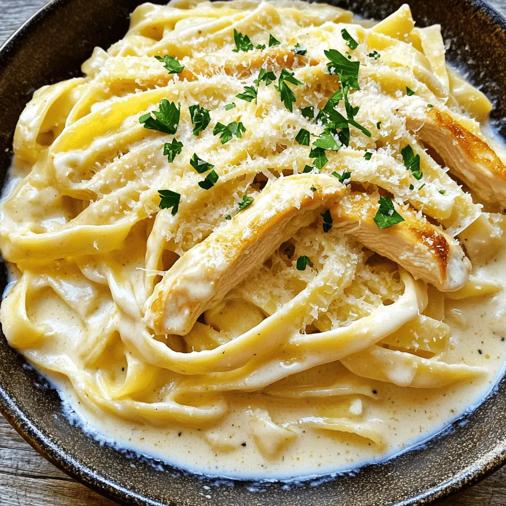 - 12 oz fettuccine pasta - 2 boneless, skinless chicken breasts - Salt and pepper, to taste - 2 tablespoons olive oil - 3 cloves garlic, finely minced - 1 cup heavy cream - 1 cup freshly grated Parmesan cheese - 1 teaspoon Italian seasoning - Fresh parsley, chopped (for garnish) In this recipe, fettuccine pasta gives the dish its classic feel. You will love its wide, flat shape, which holds creamy sauce well. Boneless, skinless chicken breasts provide lean protein and a great texture. Using salt and pepper enhances the flavor of the chicken. Olive oil adds richness when searing the chicken. Garlic brings a lovely aroma and taste to the sauce. Heavy cream creates the creamy base of the Alfredo sauce. Parmesan cheese adds a salty, nutty flavor and richness. Italian seasoning gives the sauce an aromatic blend of herbs. Fresh parsley brightens up the dish and adds a pop of color. - Fresh herbs - Additional proteins or vegetables - Alternative pasta types To make your Easy Chicken Alfredo Pasta even more special, consider adding fresh herbs like basil or thyme. They bring a fresh taste that pairs well with the creamy sauce. You can also add more proteins, like shrimp or bacon, for a unique twist. For veggies, try adding spinach or peas for extra color and nutrients. If you want to switch things up, use different pasta types like penne or rotini. Each type will give the dish a new look and feel. You can check the Full Recipe for more details on preparation. Start by boiling a large pot of salted water. Use about 4-6 quarts of water for 12 oz of fettuccine. Once the water boils, add the pasta. Cook it for about 10-12 minutes until it is al dente. This means it should still have a slight bite. After cooking, drain the pasta but save about 1 cup of the pasta water. This water is starchy and helps to thicken your sauce later. While your pasta cooks, prepare the chicken. Use the butterfly technique by slicing the chicken breasts horizontally. This helps them cook evenly. Season both sides with salt and pepper. Heat 2 tablespoons of olive oil in a large skillet over medium-high heat. Once the oil is hot, add the chicken. Sear each side for about 6-7 minutes until golden brown and fully cooked. The chicken should reach an internal temperature of 165°F. After cooking, let the chicken rest for a few minutes, then slice it into thin strips. In the same skillet where you cooked the chicken, add 3 minced garlic cloves. Sauté the garlic for about 1 minute until fragrant, but do not let it brown. Pour in 1 cup of heavy cream while stirring. Let the cream simmer for 2-3 minutes until it thickens slightly. Next, gradually whisk in 1 cup of freshly grated Parmesan cheese. Keep stirring until the cheese melts and the sauce becomes creamy. If the sauce is too thick, add some of the reserved pasta water until you reach your desired consistency. Add the cooked fettuccine directly into the Alfredo sauce. Toss well to coat every strand with the creamy sauce. Next, gently layer the sliced chicken on top of the pasta. Mix it in carefully to avoid breaking the chicken strips. The goal is to have a delicious blend of pasta and chicken, all covered in smooth Alfredo sauce. For the full recipe, check the mentioned section. - Overcooking the chicken: This can make the chicken dry and tough. Cook it just until it reaches 165°F. Use a meat thermometer for accuracy. Let it rest before slicing to keep it juicy. - Sauce consistency issues: A too-thick or too-thin sauce can ruin your dish. If it's too thick, add some reserved pasta water slowly until it reaches your preferred creaminess. If it's too thin, let it simmer longer to reduce. - Adding depth to flavor: Use fresh garlic and quality Parmesan cheese for a rich taste. Adding a pinch of nutmeg can also enhance the sauce’s complexity. Try to taste as you go; it’s key to finding the right balance. - Garnishing options for presentation: Fresh parsley not only adds color but also brightens the dish. A sprinkle of extra Parmesan gives a gourmet touch. Consider adding a drizzle of olive oil for shine and flavor, making your dish look even more inviting. {{image_4}} If you need gluten-free options, switch to gluten-free pasta. Many brands offer great tasting alternatives. You won't lose any flavor in your dish. For dairy-free sauce, use coconut cream or cashew cream. These options keep the creamy texture without dairy. To make your dish even better, add fresh veggies. Spinach or mushrooms are great choices. They add color and nutrients. You can also try different cheeses. Instead of just Parmesan, use mozzarella or goat cheese. Each cheese brings its own unique twist to the dish. For the full recipe, check out the [Full Recipe]. To keep your Easy Chicken Alfredo Pasta fresh, follow these tips: - Refrigeration: Place leftovers in an airtight container. They can last for 3-4 days in the fridge. Make sure the pasta cools down before sealing it up. This helps prevent moisture buildup. - Freezing: For longer storage, you can freeze the pasta. Use a freezer-safe container or bag. It can stay good for about 2-3 months. To reheat, thaw it in the fridge overnight before warming. Reheating your Chicken Alfredo is easy. Follow these steps to keep it tasty: - Stovetop Method: Place the pasta in a skillet over medium heat. Add a splash of water or cream to help loosen the sauce. Stir gently until heated through. - Microwave Method: Put the pasta in a microwave-safe dish. Add a bit of water or cream, then cover loosely. Heat in short bursts, stirring in between, until warm. For the best flavor, always check your sauce. If it seems too thick, mix in a little water or cream to bring it back to life. To make your Chicken Alfredo creamy, start with the right ingredients. Heavy cream is key for a rich sauce. When you cook the sauce, avoid high heat. Keep it low and let it simmer. This helps the flavors meld well. Whisk the cheese in slowly. This ensures it blends smoothly without clumps. If your sauce is too thick, add some reserved pasta water. This will help you reach the perfect creamy texture. Yes, you can prep this dish ahead of time. Cook the pasta and chicken, then store them separately. Keep the sauce in a sealed container in the fridge. This way, you keep all flavors fresh. When you’re ready to eat, reheat the sauce on low heat. Mix in the pasta and chicken just before serving. This keeps everything nice and warm. Make sure to stir well to combine. To add some heat to your Easy Chicken Alfredo Pasta, consider these options. You can sprinkle in red pepper flakes when making the sauce. This adds a nice spicy kick. Another option is to use spicy sausage instead of chicken. If you like it really hot, add diced jalapeños. They give a great flavor and heat. Finally, serve with a dash of hot sauce on top for an extra kick. You now have a clear guide to making Easy Chicken Alfredo Pasta. We covered the main ingredients, cooking steps, and common mistakes to watch for. You'll know how to enhance flavors with fresh herbs or vegetables. Also, we explored options for dietary needs and how to store leftovers. Remember, the key to a great dish is patience and practice. Use these tips to create a dish you’ll love. Enjoy your cooking journey!