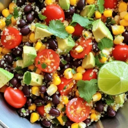 - 1 cup quinoa, thoroughly rinsed and drained - 1 can (15 oz) black beans, thoroughly rinsed and drained - 1 cup cherry tomatoes, halved - 1 red bell pepper, diced into small pieces - 1/4 cup red onion, finely chopped - 1/2 cup corn, fresh or from a can, drained - 1/4 cup fresh cilantro, roughly chopped Quinoa is a super grain. It’s packed with protein and fiber. Black beans add a creamy texture and a boost of protein. Fresh vegetables like tomatoes and bell peppers bring color and crunch. - 2 tablespoons extra virgin olive oil - 2 tablespoons fresh lime juice - 1 teaspoon ground cumin - Salt and pepper to taste The dressing is simple yet full of flavor. Extra virgin olive oil gives richness. Lime juice adds tanginess. Cumin introduces a warm, earthy note. These flavors blend well. - 1 ripe avocado, diced - 1/2 cup corn, fresh or from a can, drained - 1/4 cup fresh herbs, like cilantro or parsley You can customize this salad. Avocado makes it creamy. Corn adds sweetness and crunch. Fresh herbs brighten the dish. I often mix and match these add-ins based on my mood. For the full recipe, check the details and let your cooking adventure begin! First, grab a medium saucepan. Fill it with 2 cups of water. Bring the water to a rolling boil. This step is key for cooking perfect quinoa. Once the water boils, carefully add 1 cup of rinsed quinoa. Reduce heat to low, cover the pan, and let it simmer. Cook for about 15 minutes. The quinoa will absorb all the water and become fluffy. After cooking, take it off the heat and let it cool for about 10 minutes. While the quinoa cools, take a large mixing bowl. Add the following vegetables: - 1 can (15 oz) black beans, rinsed and drained - 1 cup cherry tomatoes, halved - 1 red bell pepper, diced - 1 ripe avocado, diced - 1/4 cup red onion, finely chopped - 1/2 cup corn, fresh or canned, drained - 1/4 cup fresh cilantro, roughly chopped Gently stir these ingredients together. This mix adds fresh flavors and colors to your salad. In a small bowl, whisk together: - 2 tablespoons extra virgin olive oil - 2 tablespoons fresh lime juice - 1 teaspoon ground cumin - A pinch of salt and pepper Mix until well combined. This dressing adds a zesty kick to your salad. Now, take the cooled quinoa. Use a fork to fluff it up. This helps separate the grains for a better texture. Add the fluffed quinoa to the bowl with the vegetables. Drizzle the dressing over the top. Gently toss everything together. Make sure all ingredients are well-coated. Taste your salad and adjust seasonings if needed. You might want more salt, pepper, or lime juice. Enjoy this fresh and flavorful dish! For the full recipe, check out the detailed instructions. To make the best quinoa, rinse it well first. Rinsing removes the bitter taste. Use a fine mesh strainer to get rid of all the dust. Next, adjust the cooking time for perfect grains. Cook it for about 15 minutes on low heat. This gives you fluffy quinoa without any water left. Seasoning is key for a tasty salad. Use salt and pepper to taste. Ground cumin adds a warm flavor, while lime juice gives freshness. Don't forget to use fresh ingredients. Fresh cilantro and ripe avocado make a big difference. They add color and flavor to your dish. Serve your salad in a big bowl to show off its colors. Top it with more cilantro for a nice touch. You can also add lime wedges on the side. This makes it easy for guests to add extra zest. Use a large spoon or tongs for serving. It helps everyone get a good mix of all the ingredients. For the full recipe, check the instructions. {{image_4}} Using Different Beans You can switch black beans for kidney beans or pinto beans. Each will change the taste and texture. Chickpeas also work well for a different flavor. This keeps your salad fresh and fun. Adding Other Vegetables Feel free to add vegetables like cucumber or radishes. They add crunch and color. You can also toss in some spinach or kale for extra nutrients. Mixing veggies keeps the salad exciting. Spicing it Up If you like spice, add diced jalapeños or a pinch of cayenne pepper. This adds heat and depth. You can also experiment with different spices like smoked paprika or chili powder for a new twist. Sweetening Options For a hint of sweetness, try adding mango or pineapple. These fruits balance the savory flavors well. You could also drizzle a touch of honey or agave syrup to enhance the taste. Vegan Options This salad is already vegan with no animal products. You can keep it plant-based and delicious with all the ingredients listed. Just check the labels on canned goods for added sugars. Gluten-Free Adaptations The salad is gluten-free as is. Use certified gluten-free quinoa if you want to be sure. You can enjoy this dish without any worries, making it a great choice for everyone. For more detailed instructions, check out the Full Recipe. To keep your salad fresh, store it in the fridge. Use an airtight container. This keeps out air and moisture. Make sure to seal it tightly. You can enjoy leftovers for up to three days. If you see any water or separation, stir well before serving. You can freeze this salad if needed. First, put it in a freezer-safe container. Make sure to leave space for expansion. Seal it tightly to avoid freezer burn. When you want to eat it, thaw it in the fridge overnight. This helps keep the flavors and texture intact. In the fridge, the Zesty Quinoa Black Bean Salad lasts about three days. Check for signs of spoilage. If you see mold or off smells, it’s best to toss it. Freshness is key to enjoying this tasty dish. By following these storage tips, you can enjoy your salad longer. For the full recipe, check the previous section. To make this salad, start by cooking the quinoa. Boil 2 cups of water in a medium saucepan. Add 1 cup of rinsed quinoa to the boiling water. Lower the heat, cover, and let it simmer for about 15 minutes. Once done, let it cool for around 10 minutes. In a large bowl, mix black beans, cherry tomatoes, diced red bell pepper, diced avocado, finely chopped red onion, corn, and cilantro. In a small bowl, whisk olive oil, lime juice, ground cumin, salt, and pepper. Fluff the quinoa with a fork and combine it with the veggies. Pour the dressing over the salad and toss it gently. Adjust the seasoning if needed. You can find the full recipe [here](#). If you need a substitute for quinoa, try using rice, farro, or couscous. These grains have a similar texture and cook easily. You can also use millet or bulgur for a different flavor. Each option offers a unique taste and can fit different diets. Just remember to adjust cooking times as needed. Yes, this salad is quite healthy! It is packed with protein, fiber, and healthy fats. Quinoa and black beans provide essential amino acids. Fresh veggies like tomatoes and bell peppers add vitamins and minerals. Avocado offers heart-healthy fats. This dish supports a balanced diet. Enjoy it as a meal or a side! This blog post outlines how to make a refreshing quinoa black bean salad. You learned about key ingredients like quinoa, black beans, and fresh veggies. We covered the dressing you can whip up using olive oil and lime juice. You also have tips for cooking quinoa, enhancing flavor, and presenting your salad. Don’t forget the optional add-ins for extra taste and nutrition. Whether you store leftovers or change up ingredients, you can enjoy a vibrant salad that's healthy and easy to make. Dive in and create your own delicious dish!