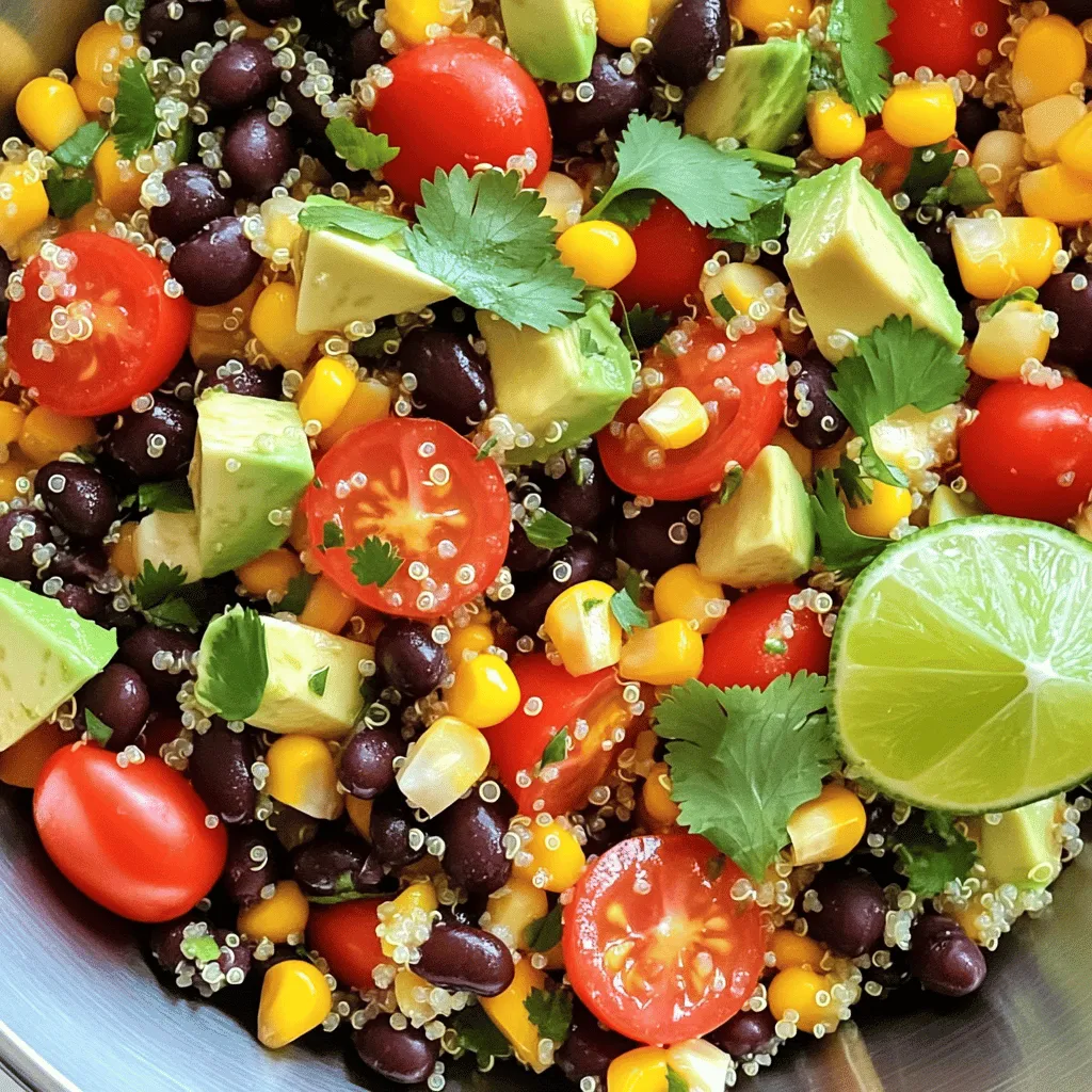 - 1 cup quinoa, thoroughly rinsed and drained - 1 can (15 oz) black beans, thoroughly rinsed and drained - 1 cup cherry tomatoes, halved - 1 red bell pepper, diced into small pieces - 1/4 cup red onion, finely chopped - 1/2 cup corn, fresh or from a can, drained - 1/4 cup fresh cilantro, roughly chopped Quinoa is a super grain. It’s packed with protein and fiber. Black beans add a creamy texture and a boost of protein. Fresh vegetables like tomatoes and bell peppers bring color and crunch. - 2 tablespoons extra virgin olive oil - 2 tablespoons fresh lime juice - 1 teaspoon ground cumin - Salt and pepper to taste The dressing is simple yet full of flavor. Extra virgin olive oil gives richness. Lime juice adds tanginess. Cumin introduces a warm, earthy note. These flavors blend well. - 1 ripe avocado, diced - 1/2 cup corn, fresh or from a can, drained - 1/4 cup fresh herbs, like cilantro or parsley You can customize this salad. Avocado makes it creamy. Corn adds sweetness and crunch. Fresh herbs brighten the dish. I often mix and match these add-ins based on my mood. For the full recipe, check the details and let your cooking adventure begin! First, grab a medium saucepan. Fill it with 2 cups of water. Bring the water to a rolling boil. This step is key for cooking perfect quinoa. Once the water boils, carefully add 1 cup of rinsed quinoa. Reduce heat to low, cover the pan, and let it simmer. Cook for about 15 minutes. The quinoa will absorb all the water and become fluffy. After cooking, take it off the heat and let it cool for about 10 minutes. While the quinoa cools, take a large mixing bowl. Add the following vegetables: - 1 can (15 oz) black beans, rinsed and drained - 1 cup cherry tomatoes, halved - 1 red bell pepper, diced - 1 ripe avocado, diced - 1/4 cup red onion, finely chopped - 1/2 cup corn, fresh or canned, drained - 1/4 cup fresh cilantro, roughly chopped Gently stir these ingredients together. This mix adds fresh flavors and colors to your salad. In a small bowl, whisk together: - 2 tablespoons extra virgin olive oil - 2 tablespoons fresh lime juice - 1 teaspoon ground cumin - A pinch of salt and pepper Mix until well combined. This dressing adds a zesty kick to your salad. Now, take the cooled quinoa. Use a fork to fluff it up. This helps separate the grains for a better texture. Add the fluffed quinoa to the bowl with the vegetables. Drizzle the dressing over the top. Gently toss everything together. Make sure all ingredients are well-coated. Taste your salad and adjust seasonings if needed. You might want more salt, pepper, or lime juice. Enjoy this fresh and flavorful dish! For the full recipe, check out the detailed instructions. To make the best quinoa, rinse it well first. Rinsing removes the bitter taste. Use a fine mesh strainer to get rid of all the dust. Next, adjust the cooking time for perfect grains. Cook it for about 15 minutes on low heat. This gives you fluffy quinoa without any water left. Seasoning is key for a tasty salad. Use salt and pepper to taste. Ground cumin adds a warm flavor, while lime juice gives freshness. Don't forget to use fresh ingredients. Fresh cilantro and ripe avocado make a big difference. They add color and flavor to your dish. Serve your salad in a big bowl to show off its colors. Top it with more cilantro for a nice touch. You can also add lime wedges on the side. This makes it easy for guests to add extra zest. Use a large spoon or tongs for serving. It helps everyone get a good mix of all the ingredients. For the full recipe, check the instructions. {{image_4}} Using Different Beans You can switch black beans for kidney beans or pinto beans. Each will change the taste and texture. Chickpeas also work well for a different flavor. This keeps your salad fresh and fun. Adding Other Vegetables Feel free to add vegetables like cucumber or radishes. They add crunch and color. You can also toss in some spinach or kale for extra nutrients. Mixing veggies keeps the salad exciting. Spicing it Up If you like spice, add diced jalapeños or a pinch of cayenne pepper. This adds heat and depth. You can also experiment with different spices like smoked paprika or chili powder for a new twist. Sweetening Options For a hint of sweetness, try adding mango or pineapple. These fruits balance the savory flavors well. You could also drizzle a touch of honey or agave syrup to enhance the taste. Vegan Options This salad is already vegan with no animal products. You can keep it plant-based and delicious with all the ingredients listed. Just check the labels on canned goods for added sugars. Gluten-Free Adaptations The salad is gluten-free as is. Use certified gluten-free quinoa if you want to be sure. You can enjoy this dish without any worries, making it a great choice for everyone. For more detailed instructions, check out the Full Recipe. To keep your salad fresh, store it in the fridge. Use an airtight container. This keeps out air and moisture. Make sure to seal it tightly. You can enjoy leftovers for up to three days. If you see any water or separation, stir well before serving. You can freeze this salad if needed. First, put it in a freezer-safe container. Make sure to leave space for expansion. Seal it tightly to avoid freezer burn. When you want to eat it, thaw it in the fridge overnight. This helps keep the flavors and texture intact. In the fridge, the Zesty Quinoa Black Bean Salad lasts about three days. Check for signs of spoilage. If you see mold or off smells, it’s best to toss it. Freshness is key to enjoying this tasty dish. By following these storage tips, you can enjoy your salad longer. For the full recipe, check the previous section. To make this salad, start by cooking the quinoa. Boil 2 cups of water in a medium saucepan. Add 1 cup of rinsed quinoa to the boiling water. Lower the heat, cover, and let it simmer for about 15 minutes. Once done, let it cool for around 10 minutes. In a large bowl, mix black beans, cherry tomatoes, diced red bell pepper, diced avocado, finely chopped red onion, corn, and cilantro. In a small bowl, whisk olive oil, lime juice, ground cumin, salt, and pepper. Fluff the quinoa with a fork and combine it with the veggies. Pour the dressing over the salad and toss it gently. Adjust the seasoning if needed. You can find the full recipe [here](#). If you need a substitute for quinoa, try using rice, farro, or couscous. These grains have a similar texture and cook easily. You can also use millet or bulgur for a different flavor. Each option offers a unique taste and can fit different diets. Just remember to adjust cooking times as needed. Yes, this salad is quite healthy! It is packed with protein, fiber, and healthy fats. Quinoa and black beans provide essential amino acids. Fresh veggies like tomatoes and bell peppers add vitamins and minerals. Avocado offers heart-healthy fats. This dish supports a balanced diet. Enjoy it as a meal or a side! This blog post outlines how to make a refreshing quinoa black bean salad. You learned about key ingredients like quinoa, black beans, and fresh veggies. We covered the dressing you can whip up using olive oil and lime juice. You also have tips for cooking quinoa, enhancing flavor, and presenting your salad. Don’t forget the optional add-ins for extra taste and nutrition. Whether you store leftovers or change up ingredients, you can enjoy a vibrant salad that's healthy and easy to make. Dive in and create your own delicious dish!