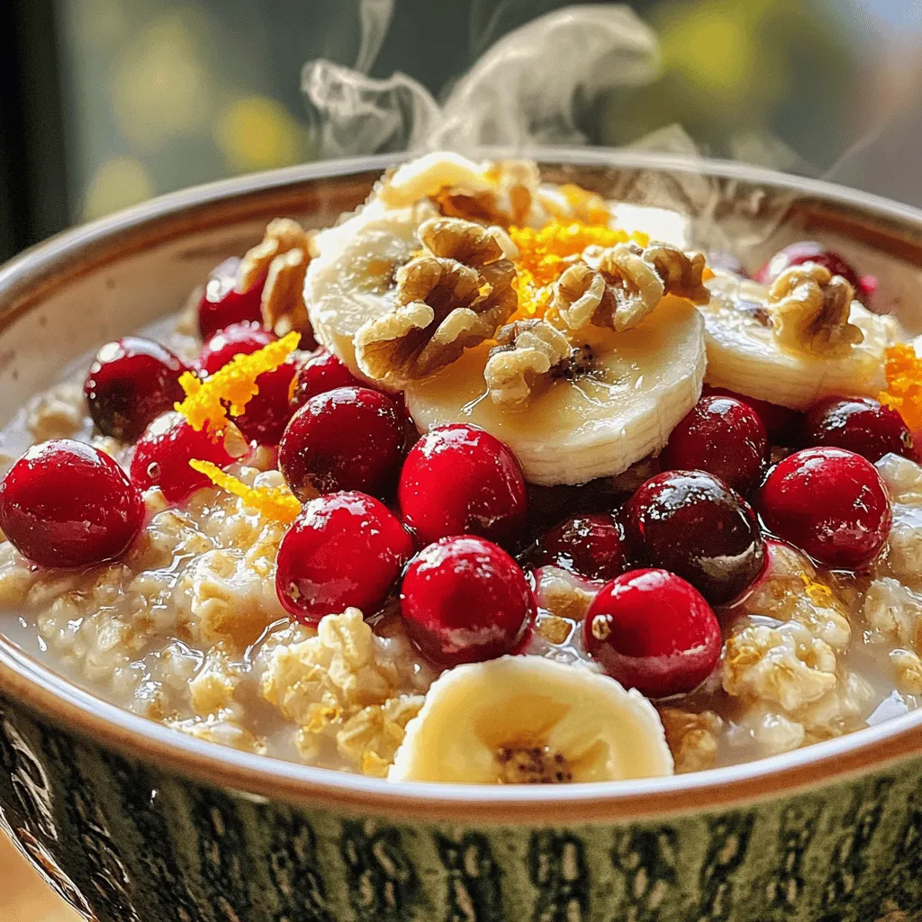 - 1 cup rolled oats - 2 cups water or almond milk - 1 cup fresh or dried cranberries - Zest of 1 juicy orange - Juice from 1 orange - 2 tablespoons pure maple syrup (or honey, if preferred) - 1 teaspoon ground cinnamon - 1/4 teaspoon fine sea salt - 1/4 cup chopped nuts (such as walnuts or sliced almonds) - Optional toppings: A few slices of ripe banana, extra cranberries, or a dollop of creamy yogurt When I make cranberry orange oatmeal, I love using fresh ingredients. The rolled oats serve as a great base. They cook up fluffy and creamy. The liquid, whether water or almond milk, adds richness. I often pick dried cranberries for their chewy texture. However, fresh cranberries burst with tartness. The zest and juice from the orange brighten the dish. They bring a sweet and tangy flavor that pairs perfectly with the oats. Maple syrup or honey adds a touch of sweetness. Ground cinnamon brings warmth and depth. The fine sea salt enhances all these flavors nicely. Lastly, I like to add chopped nuts for a crunchy finish. Walnuts or sliced almonds work well in this dish. They add protein and healthy fats. You can also add optional toppings like banana slices or yogurt for extra creaminess. Each ingredient plays a role in making this meal both nourishing and flavorful. Cranberry orange oatmeal is nutritious. Each serving packs about 250 calories. It offers healthy carbs, fiber, and protein. The oats provide energy, while cranberries add antioxidants. Oranges enhance vitamin C content. - Benefits of oats: Oats are high in fiber. They help keep you full longer. Oats also support heart health by lowering cholesterol. - Benefits of cranberries: Cranberries are rich in vitamins and antioxidants. They may help prevent urinary tract infections and boost immune health. - Benefits of oranges: Oranges are a great source of vitamin C. They support skin health and help fight inflammation. You can find the full recipe in my article. Enjoy making this delightful dish! 1. Boiling the liquid: Start by pouring 2 cups of water or almond milk into a medium saucepan. Heat it over medium heat until it gently boils. The bubbling liquid means you're ready for the next step. 2. Adding the oats and salt: Once boiling, stir in 1 cup of rolled oats and 1/4 teaspoon of fine sea salt. Reduce the heat to low. Let it simmer for about 5 minutes. Stir occasionally to keep the oats from sticking to the bottom. 1. Timing for adding cranberries and orange juice: After 5 minutes, it’s time to add flavor. Stir in 1 cup of cranberries, the zest of 1 orange, and the juice from that same orange. Don’t forget the sweetness! Add 2 tablespoons of pure maple syrup and 1 teaspoon of ground cinnamon. 2. Cooking duration for thickening: Cook this mixture for another 2 to 3 minutes. Keep stirring to help the cranberries plump up and the oatmeal thicken. When it looks creamy, you know it’s ready. 1. Cooling the oatmeal: Remove the saucepan from the heat. Let it sit for about 1 minute. This short resting time lets the flavors meld and enhances the taste. 2. Adding nuts and serving suggestions: Stir in 1/4 cup of chopped nuts for a nice crunch. Now, scoop the oatmeal into bowls. Top with sliced banana, extra cranberries, or a dollop of yogurt. Enjoy your delicious, warm bowl of cranberry orange oatmeal! For a full recipe, check out the details mentioned earlier. To prevent sticking, stir the oats often. This keeps them from clumping together. Use a non-stick pot for easy cooking and cleanup. To achieve the right consistency, adjust the liquid. If you like creamier oatmeal, add more water or almond milk. For thicker oatmeal, use less liquid. You can add spices like nutmeg or vanilla. These give a warm touch to your dish. To adjust sweetness, taste the oatmeal before serving. If needed, add more maple syrup or honey. This lets you customize the sweetness to your preference. Layer toppings for a beautiful look. A few slices of banana, extra cranberries, or nuts on top create color and texture. Use nice bowls to serve the oatmeal. This makes your meal feel special and inviting. For more ideas, check the Full Recipe for details. {{image_4}} You can easily make this dish vegan and gluten-free. For a vegan choice, use almond milk instead of water. Almond milk adds a nice creamy touch and a hint of nutty flavor. Next, look for gluten-free oats. These oats provide the same texture and taste, ensuring everyone can enjoy this meal. Want to shake things up? Try adding a tropical twist! You can mix in pineapple and coconut for a sunny vibe. The pineapples add sweetness, while the coconut brings a lovely chew. For a nutty variation, add different nuts like pecans or hazelnuts. They give the oatmeal a delightful crunch and a rich flavor. Seasonal ingredients can change your oatmeal game. In fall, add pumpkin puree for a warm and cozy flavor. The pumpkin pairs well with the spices and cranberries. In summer, toss in a mix of berries like blueberries and strawberries. They add a fresh burst of color and taste, making your breakfast even more enjoyable. For the full recipe, check out the details above on how to craft this delicious Cranberry Orange Oatmeal! To keep your cranberry orange oatmeal fresh, use proper storage containers. Glass or BPA-free plastic containers work well. Make sure to let the oatmeal cool before sealing it. This prevents moisture buildup. You can store your oatmeal in the fridge for up to 4 days. This makes it easy to grab a quick breakfast. Just reheat it before serving. If you want to save some for later, freezing is a great option. To freeze oatmeal, divide it into portions. Use freezer-safe bags or containers. Squeeze out as much air as possible before sealing. When you’re ready to eat, simply defrost the oatmeal overnight in the fridge. You can also use the microwave. Heat it in short bursts, stirring often until warm. Got leftover oatmeal? Don't let it go to waste! You can turn it into breakfast bars. Just mix it with nuts and dried fruits, then bake. Another fun idea is to make smoothies. Blend the oatmeal with yogurt and your favorite fruits. This adds a tasty twist and packs in more nutrition. To make cranberry orange oatmeal vegan, use almond milk instead of regular milk. Maple syrup works well as a sweetener. Ensure your cranberries are not sweetened with gelatin. This keeps your dish plant-based. Yes, you can add other fruits. Try apples, bananas, or berries. These fruits add different flavors and textures. You can mix and match your favorites for a fun twist. Some easy toppings include: - Sliced bananas - Chopped nuts - Extra cranberries - A dollop of yogurt - A sprinkle of cinnamon These add flavor and texture to your dish. To adjust the sweetness, add more maple syrup or honey. You can also use mashed bananas for natural sweetness. Taste as you go to find your perfect level of sweetness. Yes, cranberry orange oatmeal is healthy. It offers fiber from oats and antioxidants from cranberries. The orange adds vitamin C. This dish keeps you full and energized for the day ahead. For a full recipe, check the ingredients listed above. This blog post shared a simple recipe for cranberry orange oatmeal. We reviewed ingredients, their health benefits, and step-by-step cooking instructions. I shared helpful tips for perfecting texture and enhancing flavor. You can adjust this recipe for various diets or seasons. Oatmeal is a great choice for breakfast. It fuels you with nutrients and energy. Enjoy experimenting with flavors and toppings to make it your own.