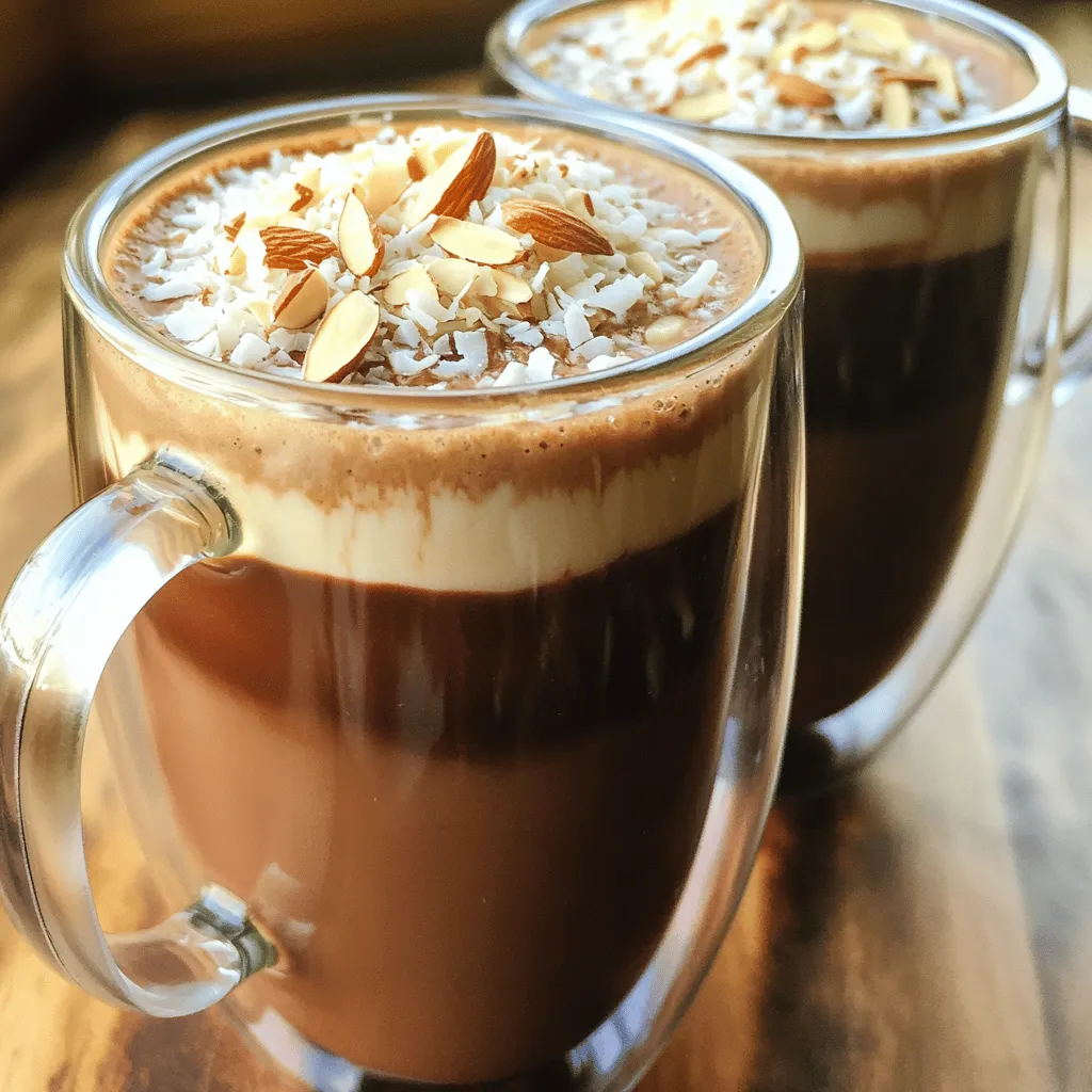 - 1 cup freshly brewed strong coffee - 1 cup almond milk - 2 tablespoons unsweetened cocoa powder - 2 tablespoons shredded coconut - 2 tablespoons creamy almond butter - 1-2 tablespoons maple syrup or honey - 1 teaspoon pure vanilla extract - A pinch of sea salt - Slivered almonds for garnish You can swap almond milk for any milk you like. Soy, oat, or coconut milk work well. If you prefer a different sweetener, try agave syrup or stevia. You can also add fun flavors like cinnamon or peppermint extract. These little changes can make your drink unique! To brew the perfect cup of coffee, start with fresh beans. Use a coffee maker or French press. I recommend a strong coffee for this recipe. Dark roasts work great. Measure one cup of water for every two tablespoons of coffee. Let it brew, then cool it slightly before using. In a small saucepan, mix almond milk, cocoa powder, and shredded coconut. Set the heat to medium and whisk continuously. You want the mixture warm, but don’t let it boil. This gentle heat helps blend the flavors well. Once warmed, take it off the heat. Now, pour the brewed coffee and chocolate-coconut mixture into a blender. Blend on high for 20-30 seconds. This step makes it creamy and frothy. If it's too thick, add a bit more almond milk. Taste it and adjust sweetness if needed. Pour it into your favorite mug and add slivered almonds on top. Enjoy your Almond Joy Mocha Blend! For the full recipe, check the previous sections. To make your Almond Joy Mocha Blend just right, start with sweetness. You can adjust the maple syrup or honey to suit your taste. If you like it sweeter, add more. If you want less, cut back. Next, focus on consistency. Your drink should be creamy and smooth. If it's too thick, add a splash of almond milk. If it's too thin, blend in more almond butter. This will help you achieve that perfect, velvety texture. When serving, use clear glass mugs. This way, everyone can see the layers of your mocha blend. For a nice touch, sprinkle a bit of cocoa powder on top before serving. It makes the drink look fancy and adds extra flavor. To enhance the flavor, garnish with slivered almonds. You can also add a sprinkle of shredded coconut on top. These little touches make your drink not only tasty but also visually appealing. For the best frothy drinks, use a high-powered blender. A good blender will mix your mocha blend well and create that desired frothy texture. Look for one with a strong motor. When mixing the chocolate-coconut mixture, choose a saucepan with a thick base. This helps distribute heat evenly and prevents burning. A non-stick option works great for easy mixing and cleaning. Remember, these tips will help you create a delicious Almond Joy Mocha Blend that looks and tastes amazing. For the full recipe, check out the details above! {{image_4}} You can change the flavor of your Almond Joy Mocha Blend by adding different nut butters. Try peanut butter for a rich taste or cashew butter for a creamy twist. You can also infuse spices like cinnamon or nutmeg. Just a pinch can add warmth and depth to your drink. Experiment with these options to find your favorite blend. If you want a vegan drink, you can easily swap out all the ingredients. Use coconut milk or oat milk instead of almond milk. For sweeteners, try agave syrup or date paste. These options keep your blend creamy and delicious. Customizing with non-dairy milks helps you enjoy this treat without dairy. You can make your Almond Joy Mocha Blend match the seasons. In fall, add pumpkin spice for a festive twist. In summer, try an iced version by cooling the coffee first. This makes the drink refreshing and perfect for warm days. Each season brings new flavors, so feel free to play around! To store any leftover Almond Joy Mocha Blend, let it cool first. Pour the mocha blend into an airtight container. This helps keep the flavors fresh. You can store it in the fridge for up to three days. After that, the taste may fade, and the texture may change. When it's time to enjoy your blend again, pour it into a saucepan. Heat it over low heat. Stir it often to keep it smooth. Avoid boiling, as this can ruin the texture. If the flavor seems dull, add a splash of almond milk or a touch of maple syrup. This will help refresh the taste. Yes, you can freeze the mocha blend! Pour it into freezer-safe containers. Leave some space at the top for expansion. Seal the containers tightly and label them with the date. You can freeze the blend for up to three months. When you are ready to use it, thaw it overnight in the fridge. Then reheat it gently on the stove. Enjoy your delicious mocha blend again! The Almond Joy Mocha Blend is a tasty drink inspired by the famous candy bar. It combines rich coffee, cocoa, almond butter, and coconut. This drink brings together flavors that remind us of the classic treat. You can enjoy it hot or cold, making it a versatile choice for any time of the day. Yes, you can prepare this mocha blend ahead of time. Brew your coffee and let it cool. Combine the almond milk, cocoa powder, and shredded coconut in advance. Mix them until warm and smooth, then store in the fridge. Before serving, blend with coffee for that frothy texture. This saves time and keeps your drink fresh. Absolutely! To make it kid-friendly, you can reduce the coffee amount or use decaf. This way, kids can enjoy the chocolatey flavor without the caffeine kick. Adjust the sweetness to their taste by adding more maple syrup or honey. Kids will love the creamy texture and fun toppings like slivered almonds. This blog post shared a tasty and easy recipe for an Almond Joy Mocha Blend. You learned about the key ingredients, how to brew coffee, and create a rich mocha flavor. We explored tips for perfecting this drink, presented variations, and covered storage options. Remember, you can personalize your mocha easily. Get creative with flavors and enjoy it any time. This delightful drink is not just for adults; kids can enjoy it too with simple changes. Make it your own, and savor every sip.