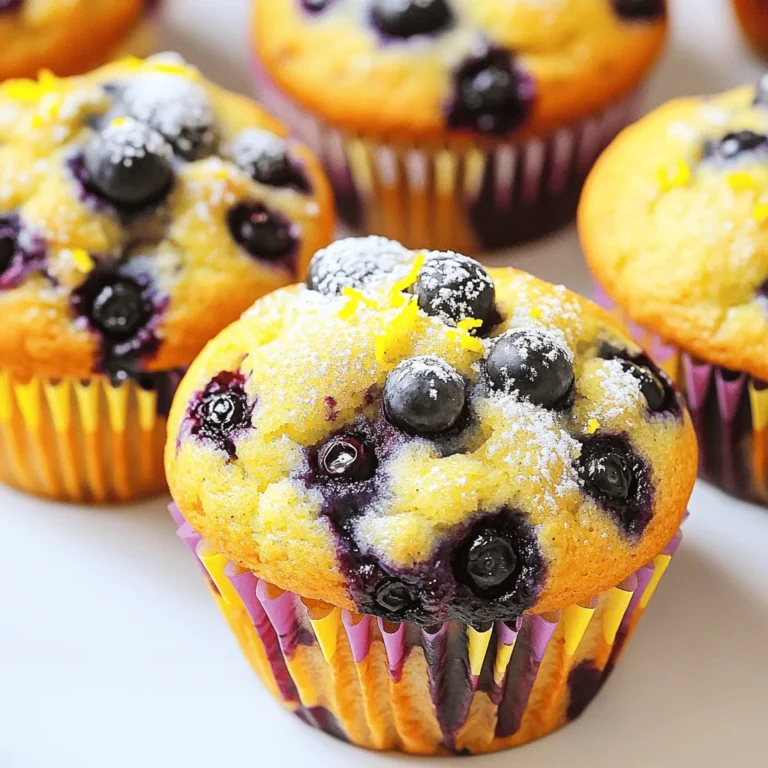 To make the best lemon blueberry muffins, you need a few basic ingredients that come together for a soft, flavorful treat. Here’s what you should gather: - 1 cup all-purpose flour - 1 cup whole wheat flour - 1/2 cup granulated sugar - 1/4 cup packed brown sugar - 2 teaspoons baking powder - 1/2 teaspoon baking soda - 1/2 teaspoon salt - 1/2 cup unsalted butter, melted - 1/2 cup buttermilk - 2 large eggs - Zest of 1 large lemon - 1/4 cup fresh lemon juice - 1 1/2 cups fresh blueberries (or frozen, thawed and drained) - 1 teaspoon vanilla extract Each ingredient plays a key role. The all-purpose flour gives structure, while the whole wheat flour adds a nutty flavor. The sugars provide sweetness and help with browning. Baking powder and baking soda help the muffins rise, creating that soft texture we crave. The melted butter keeps the muffins moist, and buttermilk adds a slight tang. The eggs bind everything together, creating a light texture. Lemon zest and juice infuse a bright, fresh flavor that pairs perfectly with blueberries. Blueberries bring bursts of sweetness, making every bite delightful. For the full recipe, you can check out the detailed instructions to create these muffins from scratch. Enjoy the process of baking and the delicious results! Start by preheating your oven to 375°F (190°C). This temperature is perfect for baking. While the oven warms, prepare your muffin tin. You can either line it with paper liners or grease each cup with a bit of butter. This step helps prevent the muffins from sticking. In a large bowl, mix the dry ingredients. Combine 1 cup of all-purpose flour, 1 cup of whole wheat flour, 1/2 cup of granulated sugar, 1/4 cup of brown sugar, 2 teaspoons of baking powder, 1/2 teaspoon of baking soda, and 1/2 teaspoon of salt. Whisk them together until no lumps remain. This ensures even rising. In a separate bowl, whisk the wet ingredients. Use 1/2 cup of melted butter, 1/2 cup of buttermilk, and 2 large eggs. Add in the zest and juice of 1 lemon and 1 teaspoon of vanilla extract. Mix until smooth. Make sure the eggs blend in well for a uniform texture. Now, gently pour the wet mixture into the dry ingredients. Use a spatula to stir them together. Mix just until combined. It’s okay if some lumps remain. Overmixing will make the muffins tough, so keep it light and fluffy. Next, fold in the blueberries. Gently add 1 1/2 cups of fresh blueberries. If you use frozen berries, make sure they are thawed and drained. Be careful when folding to keep the blueberries whole. This way, they burst with flavor in every bite. Spoon the batter into the prepared muffin tin, filling each cup about three-quarters full. Bake for 18-20 minutes. Check if they are done by inserting a toothpick into the center. It should come out clean or with a few crumbs. Let the muffins cool in the tin for about 5 minutes. Then transfer them to a wire rack for complete cooling. For the full recipe, check the details above. Enjoy your baking! To get soft and fluffy muffins, start with room-temperature ingredients. Cold butter or eggs can make your batter dense. Let your eggs and butter sit out for a bit before mixing. Next, avoid overmixing. When you combine wet and dry ingredients, stir gently. A few lumps are fine. Too much mixing can create tough muffins. You can boost the taste of your muffins by adding spices or extracts. A pinch of cinnamon gives warmth. A splash of almond extract adds a lovely twist. Play around with flavors to find your favorite mix. Serve your muffins warm for the best taste. Try adding a sprinkle of powdered sugar or a drizzle of lemon glaze on top. For gatherings, arrange them on a pretty plate. Scatter fresh blueberries around for a colorful touch. This makes them look as good as they taste! You can find the Full Recipe for these delightful muffins to enjoy and share! {{image_4}} To make gluten-free lemon blueberry muffins, you can swap all-purpose flour with gluten-free flour blends. Look for blends that contain xanthan gum. This helps give the muffins structure. You may also try almond flour or coconut flour. Be sure to adjust the liquid in your recipe. Gluten-free flours absorb moisture differently. Start with a little less liquid and add more if needed. If you want vegan lemon blueberry muffins, replace eggs with flax eggs. To make one flax egg, mix one tablespoon of ground flaxseed with three tablespoons of water. Let it sit for a few minutes until it thickens. For dairy, use almond milk or oat milk instead of buttermilk. You can also use coconut oil instead of butter for a rich flavor. You can swap blueberries for other berries if you like. Raspberries, strawberries, or blackberries work well. Each berry brings a unique taste. If you use strawberries, chop them into small pieces. This helps them mix better in the batter. You can even mix different berries for a fun flavor blend. To keep your lemon blueberry muffins fresh at room temperature, place them in an airtight container. This helps prevent them from drying out. You can also wrap them in plastic wrap or foil. Store them for up to three days. If you live in a humid area, using a container can help keep moisture away. For long-term storage, freezing is the best option. Allow the muffins to cool completely first. Then, wrap each muffin in plastic wrap. Place them in a freezer-safe bag or container. This method keeps them fresh for up to three months. When you're ready to enjoy them, take out the muffins, and let them thaw in the fridge overnight. You can also thaw them at room temperature for a few hours. To enjoy your muffins warm, preheat your oven to 350°F (175°C). Place the muffins on a baking sheet and cover them with foil to keep them moist. Heat for about 10-15 minutes. You can also use a microwave for a quick option. Heat each muffin for about 15-20 seconds. This way, they stay soft and tasty. Enjoy your lemon blueberry muffins just like they were fresh out of the oven! You can make these muffins healthier by reducing the sugar. Try using half the amount of granulated sugar. You can also swap out some butter for applesauce. This change cuts fat while keeping the muffins moist. Additionally, you can use whole wheat flour for all-purpose flour to add fiber and nutrients. Yes, you can use frozen blueberries! Just make sure to thaw and drain them first. This helps prevent excess liquid in your batter. You might want to toss the blueberries in a bit of flour before adding them. This trick helps them stay suspended in the batter and not sink. If your muffins sink, it might be due to overmixing. This can create too much air in the batter. Ensure you mix just until combined. Another reason could be underbaking. If they are not cooked through, they can collapse. Always test for doneness with a toothpick. To check if your muffins are done, insert a toothpick into the center. If it comes out clean or with a few crumbs, they are ready. If the toothpick is wet with batter, bake them a few more minutes. Keep an eye on the muffins for a golden-brown top, too. Making lemon blueberry muffins is simple and fun. We covered the key ingredients and step-by-step instructions. You learned about mixing techniques and baking tips to get the right texture. We discussed different variations to suit your needs, as well as storage methods to keep your muffins fresh. Remember, small changes can lead to delicious results. Enjoy your baking adventure and share these tasty muffins with others!