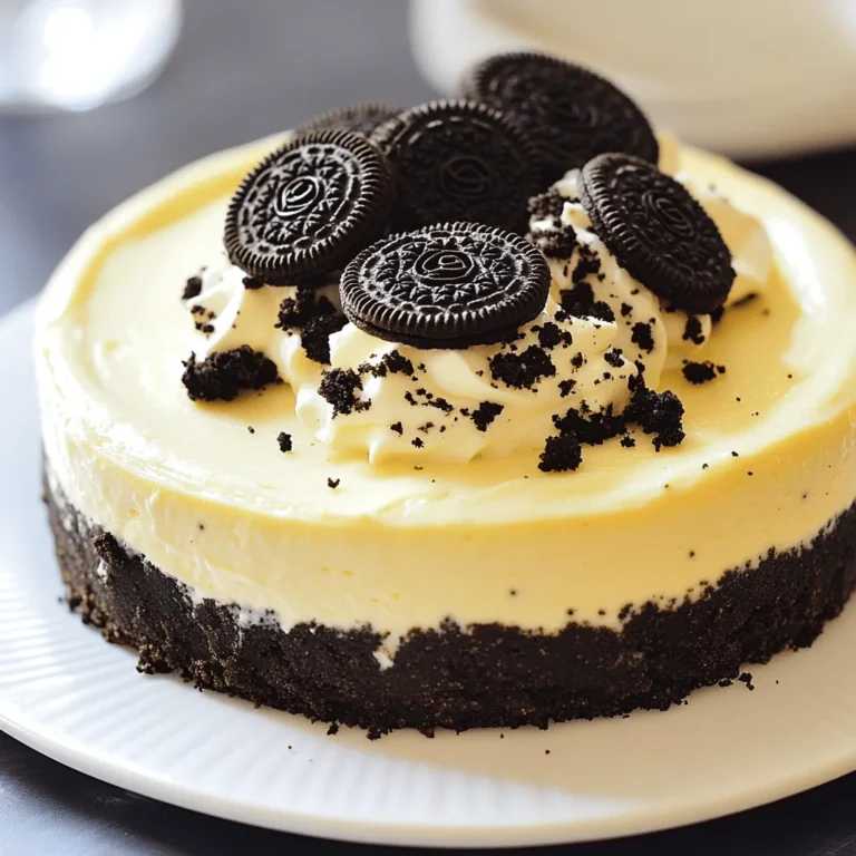 Here are the simple ingredients you need to make a No-Bake Oreo Cheesecake. Gather these before you start your fun kitchen adventure. - 24 Oreo cookies (plus extra for garnish) - 1/4 cup unsalted butter, melted - 16 oz cream cheese, softened - 1/2 cup powdered sugar - 1 teaspoon vanilla extract - 1 1/2 cups heavy whipping cream, chilled - 1/2 cup crushed Oreo cookies (for filling) These ingredients blend together to create creamy layers and a crunchy crust. Each bite delivers a sweet taste that’s hard to resist. Make sure to use fresh ingredients for the best flavor. The cream cheese should be soft enough to mix well, so take it out of the fridge ahead of time. You can also play with the toppings. Extra Oreos on top make it look fancy. If you love chocolate, consider adding chocolate sauce as a drizzle. This no-bake cheesecake is quick to prepare, and it’s a real crowd-pleaser. For the full recipe, check out the detailed steps I’ve outlined. Enjoy crafting this delightful dessert! First, crush the Oreo cookies. Use a food processor for even crumbs. You want them to look like sand. If you don’t have a processor, put the cookies in a bag and crush them with a rolling pin. Next, mix the crumbs with melted butter. In a bowl, combine the cookie crumbs with 1/4 cup of melted unsalted butter. Stir until the crumbs are coated. The mix should feel like wet sand. Now, chill the crust. Press the cookie mixture into a 9-inch springform pan. Make sure it is flat and even. Place the pan in the fridge while you make the filling. This helps the crust set. Start by beating the cream cheese until smooth. Use an electric mixer on medium speed. Beat 16 oz of softened cream cheese in a large bowl. It should be creamy and free of lumps. Next, add powdered sugar and vanilla extract. Gradually mix in 1/2 cup of powdered sugar and 1 teaspoon of vanilla. Keep mixing until the mixture is smooth and well combined. Now, it’s time to whip the cream. Pour 1 1/2 cups of chilled heavy whipping cream into a separate bowl. Use a hand mixer or stand mixer. Beat on medium-high speed until stiff peaks form. Be careful not to overwhip it. Overwhipping can make the cream grainy. After that, mix the whipped cream into the cream cheese mixture. Use a spatula to fold the whipped cream gently into the cream cheese. This keeps the mixture light and fluffy. Then, fold in 1/2 cup of crushed Oreo cookies for extra flavor. Fill the crust with the cheesecake mixture. Spoon the creamy filling over the chilled Oreo crust. Smooth the top with a spatula for an even layer. Next, refrigerate until set. Cover the pan with plastic wrap. Let it chill for at least 4 hours, or overnight if you can wait. This will help the cheesecake firm up nicely. Follow these steps for a perfect No-Bake Oreo Cheesecake. For the full recipe, check out the previous section! - Overwhipping the cream: When making the whipped cream, stop mixing once you see stiff peaks. If you whip too much, the cream can turn grainy. - Not chilling the crust: Always chill the crust before adding the filling. If you skip this step, the cheesecake might not hold its shape. - Importance of room temperature ingredients: Make sure your cream cheese is soft. This helps it blend smoothly with the sugar and vanilla. - Suggested timing for chilling: Chill the filled cheesecake for at least four hours, but overnight is best. This gives it time to firm up. - Garnishing with Oreos and chocolate sauce: Top your cheesecake with whole Oreos and drizzle chocolate sauce for a stunning look. - Serving options for gatherings: Serve slices on individual plates with a dollop of whipped cream. Sprinkle crushed Oreos on top for added flair. These tips ensure your No-Bake Oreo Cheesecake is a hit at any gathering. For the complete recipe, check the Full Recipe section. {{image_4}} You can get creative with the flavors. Try adding chocolate or caramel swirls. Just pour some melted chocolate or caramel into the filling before you mix it. Use a knife to swirl it in. This adds a rich twist to your cheesecake. You can also incorporate different cookie flavors. Instead of Oreos, use peanut butter or mint cookies. This changes the taste and gives a fun new spin. If you need a gluten-free option, use gluten-free cookies instead of Oreos. You can find many brands that taste great. This way, everyone can enjoy the cheesecake. For a vegan twist, swap the cream cheese and whipped cream. Look for vegan cream cheese and coconut whipped cream. These options keep the cheesecake creamy and delicious without dairy. You can transform this cheesecake into parfaits or mini cheesecakes. Layer the crust and filling in small cups for a fun treat. They are great for parties and easy to serve. Pair your cheesecake with fruit toppings or sauces. Fresh berries, chocolate sauce, or caramel work well. This adds color and extra flavor to your dessert. For the full recipe, check out the Heavenly No-Bake Oreo Cheesecake guide. To keep your No-Bake Oreo Cheesecake fresh, refrigerate it right away. Place the cheesecake in the fridge after it sets. It will stay good for up to 5 days. Use plastic wrap or a cake dome to cover it. This prevents it from drying out or absorbing other smells. You can freeze slices for later use. First, cut the cheesecake into wedges. Wrap each slice in plastic wrap. Then, place them in a freezer bag. Make sure to label the bag with the date. The cheesecake can last up to 3 months in the freezer. When you're ready to eat a slice, take it out and thaw it in the fridge overnight. Avoid thawing at room temperature. This helps keep the texture creamy and smooth. Enjoy your delicious No-Bake Oreo Cheesecake whenever you like! For the full recipe, check out the Heavenly No-Bake Oreo Cheesecake. No-Bake Oreo Cheesecake stays fresh in the fridge for about 5 days. Store it covered to keep it from drying out. If you want to enjoy it longer, consider freezing it. Just slice it and wrap each piece tightly. Yes, you can use many types of cookies for the crust. Graham crackers are a popular choice. Chocolate chip cookies also work well. If you want a different flavor, try vanilla wafers or even gingersnaps. Just crush them the same way as the Oreos. If your cheesecake is too soft, chill it longer. Sometimes, it just needs more time to set. If it’s still runny, try adding more whipped cream. Whip an extra half cup and fold it in gently. This should help thicken the mixture. For the best results, check the Full Recipe for detailed steps. You learned how to make a no-bake Oreo cheesecake from start to finish. We covered the important ingredients and steps needed for a tasty treat. You also discovered tips, variations, and storage info to keep your cheesecake fresh. This dessert is easy to customize, so have fun with it! Whether you choose to add caramel swirls or go gluten-free, your options are endless. Now, it's time to enjoy your delicious creation and impress your friends and family!