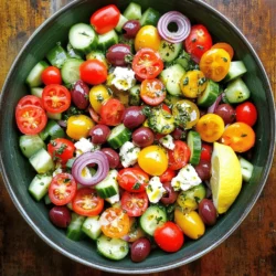 - 2 cups cherry tomatoes, halved - 1 medium cucumber, diced - 1 bell pepper (any color), diced - ½ medium red onion, thinly sliced Fresh vegetables are key to a great Greek salad. Cherry tomatoes add sweetness and color. Use ripe tomatoes for the best taste. Cucumbers provide a crisp and refreshing bite. Choose a medium cucumber for easy dicing. Bell peppers bring crunch and vibrant color. You can select any color you like. Red onion gives a mild flavor and sharpness. Slice it thin for a perfect mix. - 1 cup Kalamata olives, pitted - 1 cup feta cheese, crumbled - 2 tablespoons fresh oregano, finely chopped Kalamata olives are a must for authentic flavor. They add a briny richness to the salad. Feta cheese gives creaminess and tang. Crumble it over the top to enhance texture. Fresh oregano brings a fragrant touch. Use finely chopped oregano for an even flavor throughout. These extra ingredients turn a simple salad into a delight. - 3 tablespoons extra virgin olive oil - 1 tablespoon red wine vinegar (optional for added tanginess) - Salt and black pepper to taste The dressing brings it all together. Use extra virgin olive oil for a fruity taste. It enhances the flavors of the vegetables. Red wine vinegar adds a zesty kick, but it’s optional. Season the dressing with salt and black pepper. This simple mix amplifies all the tasty ingredients. For the full recipe, check out the details above. Start by taking a large mixing bowl. Add the halved cherry tomatoes, diced cucumber, diced bell pepper, and thinly sliced red onion. Mix these base ingredients gently. You want to combine their flavors without mashing them. Next, incorporate the Kalamata olives and crumbled feta cheese. This adds richness and texture to your salad. Scatter fresh oregano over the top. This herb gives a lovely aroma and flavor. In a separate small bowl, whisk together extra virgin olive oil and red wine vinegar. You can skip the vinegar if you prefer a milder taste. Season the mixture with salt and black pepper. This step enhances the overall taste. Once mixed, drizzle the dressing over the salad. Use two large spoons to toss all the ingredients together. Be careful to keep the feta cheese intact. You want it creamy, not crumbled. After tossing, taste the salad. Adjust the seasoning with more salt and pepper if needed. For a beautiful presentation, serve the salad in a large, shallow bowl. Garnish with whole Kalamata olives and a sprinkle of oregano. You can also add a lemon wedge on the side for an extra burst of flavor. For the full recipe, check the details above. Choosing the right vinegar Pick a vinegar that adds zest. Red wine vinegar works well for a classic taste. It gives a nice tang without overpowering. You can also try lemon juice for a fresh kick. Both options add brightness to your salad. Adjusting the saltiness Salt brings out flavors. Start with a small amount and taste. Add more if needed. Use flaky sea salt for a burst of flavor. You can also consider the saltiness of feta cheese. It can change how much salt you need. Serving suggestions Serve your salad in a wide, shallow bowl. This lets the colors shine. Place it in the center of your table. Everyone can dig in. You can also use individual bowls for a fun touch. It makes each serving feel special. Garnishing ideas Garnishes add charm to your dish. Use whole Kalamata olives on top. A sprinkle of fresh oregano brightens the look. You can also add lemon wedges on the side. Guests love to squeeze fresh lemon juice on their salad. Keeping the salad fresh and crunchy Choose crisp, fresh vegetables. They keep your salad lively. Use ripe cherry tomatoes and firm cucumbers. Cut them just before serving. This keeps them crunchy and bright. Ensuring flavor balance Try to balance sweet, salty, and tangy flavors. The tomatoes add sweetness. The feta cheese offers saltiness. The vinegar brings tang. Mix them well to create a perfect blend. Tasting as you go helps you find that sweet spot. For the full recipe, check out the Colorful Mediterranean Bliss Salad. {{image_4}} For a vegan option, swap feta cheese for tofu or chickpeas. Tofu adds protein and absorbs flavors well. Chickpeas give a nice texture and extra nutrients. Both choices keep your salad healthy and filling. For gluten-free needs, this salad is already safe. Just ensure any added ingredients, like dressings, are gluten-free. You can make your salad even better with unique additions. Try adding creamy avocado for a rich taste. Avocado also adds healthy fats. Artichokes bring a nice, tangy flavor that pairs well with the other ingredients. Seasonal vegetables like zucchini or asparagus can also enhance freshness and crunch. Dressings can change your salad's whole vibe. A simple lemon vinaigrette made with fresh lemon juice brightens flavors. It adds a zesty twist. You can also use herb-infused oils for depth. These oils, like rosemary or basil, give extra aroma and taste. Try different dressings to find your favorite combination. For the full recipe, check out the Colorful Mediterranean Bliss Salad. To store leftovers, place your Greek salad in an airtight container. This helps keep the flavors fresh. If you have extra dressing, store it separately. This prevents the salad from becoming soggy. I recommend using glass containers. They do not absorb smells and keep the salad crisp. Can you freeze Greek salad? It’s not the best idea. Freezing can change the texture of the veggies. However, you can freeze individual ingredients. For example, freeze olives or diced peppers. This way, you can use them later in other dishes. How long does the salad last? In the fridge, it lasts about three days. After that, it may lose its crispness and flavor. Look for signs of spoilage. If the veggies look slimy or smell off, it’s best to toss them. Enjoy your Healthy Greek Salad fresh for the best taste! For the full recipe, check it out! A healthy Greek salad is full of nutrient-rich ingredients. You will find: - 2 cups cherry tomatoes, halved - 1 medium cucumber, diced - 1 bell pepper, diced - ½ medium red onion, thinly sliced - 1 cup Kalamata olives, pitted - 1 cup feta cheese, crumbled - 2 tablespoons fresh oregano, finely chopped - 3 tablespoons extra virgin olive oil - 1 tablespoon red wine vinegar (optional for tanginess) - Salt and black pepper to taste These colorful veggies provide vitamins and antioxidants. The olives add healthy fats, while feta gives protein and calcium. Together, they create a tasty and balanced meal. To make a Greek salad vegan, you can substitute feta cheese. Use tofu or chickpeas for protein. Tofu crumbles easily and absorbs flavors well. Chickpeas add a hearty texture and complement the salad's taste. You can also skip the cheese altogether. Instead, try adding avocado or sunflower seeds for creaminess. These swaps keep the salad delicious and plant-based. Yes, you can use different olives in your Greek salad. Kalamata olives are traditional, but many other options exist. Try green olives for a milder taste. Castelvetrano olives are sweet and buttery. Black olives give a rich flavor. Each type has a unique texture and taste. Feel free to mix and match to find your favorite combination. This post covered how to make a healthy Greek salad. We started with fresh veggies like tomatoes and cucumbers. Then, we added olives and feta for flavor. You also learned how to make a tasty dressing. My final thoughts are that this salad is fun to make. You can mix and match ingredients to suit your taste. Keep experimenting to find your favorite version! Enjoy your fresh Greek salad often.