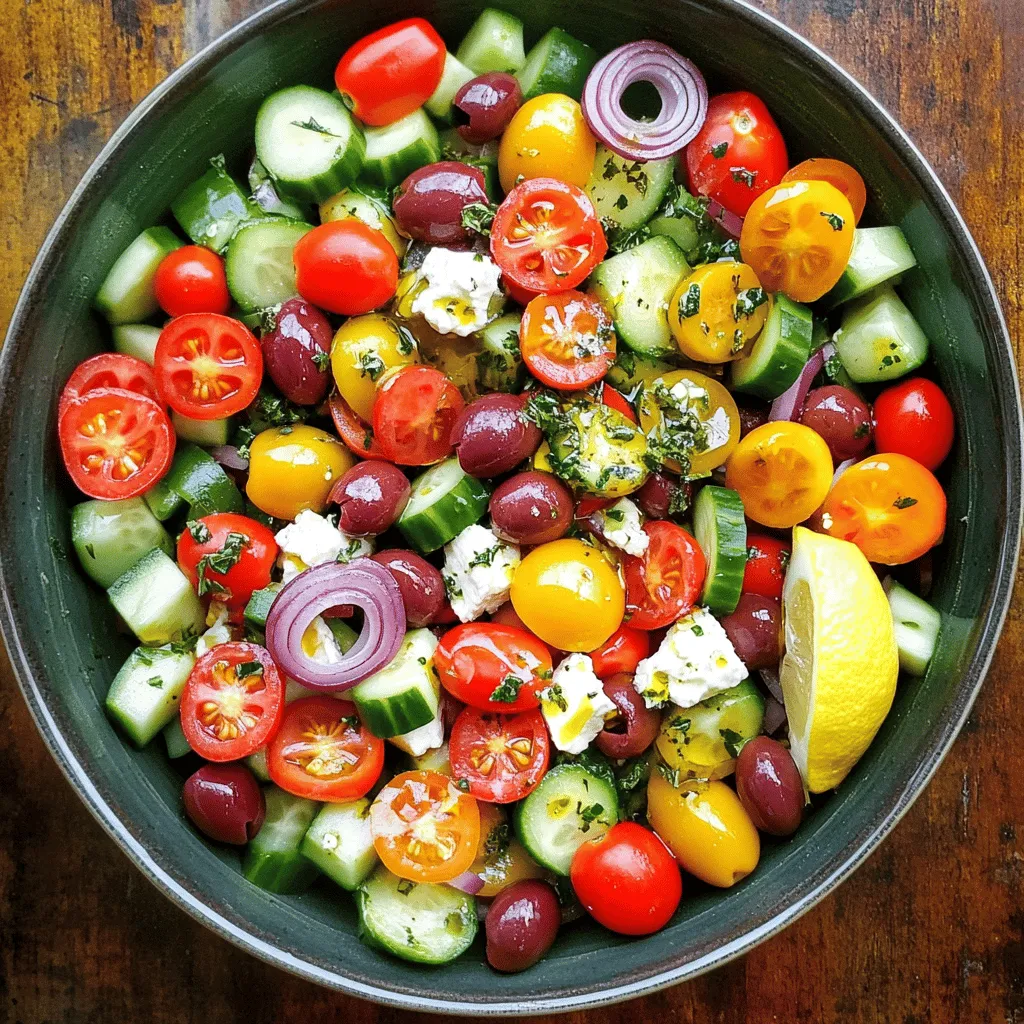 - 2 cups cherry tomatoes, halved - 1 medium cucumber, diced - 1 bell pepper (any color), diced - ½ medium red onion, thinly sliced Fresh vegetables are key to a great Greek salad. Cherry tomatoes add sweetness and color. Use ripe tomatoes for the best taste. Cucumbers provide a crisp and refreshing bite. Choose a medium cucumber for easy dicing. Bell peppers bring crunch and vibrant color. You can select any color you like. Red onion gives a mild flavor and sharpness. Slice it thin for a perfect mix. - 1 cup Kalamata olives, pitted - 1 cup feta cheese, crumbled - 2 tablespoons fresh oregano, finely chopped Kalamata olives are a must for authentic flavor. They add a briny richness to the salad. Feta cheese gives creaminess and tang. Crumble it over the top to enhance texture. Fresh oregano brings a fragrant touch. Use finely chopped oregano for an even flavor throughout. These extra ingredients turn a simple salad into a delight. - 3 tablespoons extra virgin olive oil - 1 tablespoon red wine vinegar (optional for added tanginess) - Salt and black pepper to taste The dressing brings it all together. Use extra virgin olive oil for a fruity taste. It enhances the flavors of the vegetables. Red wine vinegar adds a zesty kick, but it’s optional. Season the dressing with salt and black pepper. This simple mix amplifies all the tasty ingredients. For the full recipe, check out the details above. Start by taking a large mixing bowl. Add the halved cherry tomatoes, diced cucumber, diced bell pepper, and thinly sliced red onion. Mix these base ingredients gently. You want to combine their flavors without mashing them. Next, incorporate the Kalamata olives and crumbled feta cheese. This adds richness and texture to your salad. Scatter fresh oregano over the top. This herb gives a lovely aroma and flavor. In a separate small bowl, whisk together extra virgin olive oil and red wine vinegar. You can skip the vinegar if you prefer a milder taste. Season the mixture with salt and black pepper. This step enhances the overall taste. Once mixed, drizzle the dressing over the salad. Use two large spoons to toss all the ingredients together. Be careful to keep the feta cheese intact. You want it creamy, not crumbled. After tossing, taste the salad. Adjust the seasoning with more salt and pepper if needed. For a beautiful presentation, serve the salad in a large, shallow bowl. Garnish with whole Kalamata olives and a sprinkle of oregano. You can also add a lemon wedge on the side for an extra burst of flavor. For the full recipe, check the details above. Choosing the right vinegar Pick a vinegar that adds zest. Red wine vinegar works well for a classic taste. It gives a nice tang without overpowering. You can also try lemon juice for a fresh kick. Both options add brightness to your salad. Adjusting the saltiness Salt brings out flavors. Start with a small amount and taste. Add more if needed. Use flaky sea salt for a burst of flavor. You can also consider the saltiness of feta cheese. It can change how much salt you need. Serving suggestions Serve your salad in a wide, shallow bowl. This lets the colors shine. Place it in the center of your table. Everyone can dig in. You can also use individual bowls for a fun touch. It makes each serving feel special. Garnishing ideas Garnishes add charm to your dish. Use whole Kalamata olives on top. A sprinkle of fresh oregano brightens the look. You can also add lemon wedges on the side. Guests love to squeeze fresh lemon juice on their salad. Keeping the salad fresh and crunchy Choose crisp, fresh vegetables. They keep your salad lively. Use ripe cherry tomatoes and firm cucumbers. Cut them just before serving. This keeps them crunchy and bright. Ensuring flavor balance Try to balance sweet, salty, and tangy flavors. The tomatoes add sweetness. The feta cheese offers saltiness. The vinegar brings tang. Mix them well to create a perfect blend. Tasting as you go helps you find that sweet spot. For the full recipe, check out the Colorful Mediterranean Bliss Salad. {{image_4}} For a vegan option, swap feta cheese for tofu or chickpeas. Tofu adds protein and absorbs flavors well. Chickpeas give a nice texture and extra nutrients. Both choices keep your salad healthy and filling. For gluten-free needs, this salad is already safe. Just ensure any added ingredients, like dressings, are gluten-free. You can make your salad even better with unique additions. Try adding creamy avocado for a rich taste. Avocado also adds healthy fats. Artichokes bring a nice, tangy flavor that pairs well with the other ingredients. Seasonal vegetables like zucchini or asparagus can also enhance freshness and crunch. Dressings can change your salad's whole vibe. A simple lemon vinaigrette made with fresh lemon juice brightens flavors. It adds a zesty twist. You can also use herb-infused oils for depth. These oils, like rosemary or basil, give extra aroma and taste. Try different dressings to find your favorite combination. For the full recipe, check out the Colorful Mediterranean Bliss Salad. To store leftovers, place your Greek salad in an airtight container. This helps keep the flavors fresh. If you have extra dressing, store it separately. This prevents the salad from becoming soggy. I recommend using glass containers. They do not absorb smells and keep the salad crisp. Can you freeze Greek salad? It’s not the best idea. Freezing can change the texture of the veggies. However, you can freeze individual ingredients. For example, freeze olives or diced peppers. This way, you can use them later in other dishes. How long does the salad last? In the fridge, it lasts about three days. After that, it may lose its crispness and flavor. Look for signs of spoilage. If the veggies look slimy or smell off, it’s best to toss them. Enjoy your Healthy Greek Salad fresh for the best taste! For the full recipe, check it out! A healthy Greek salad is full of nutrient-rich ingredients. You will find: - 2 cups cherry tomatoes, halved - 1 medium cucumber, diced - 1 bell pepper, diced - ½ medium red onion, thinly sliced - 1 cup Kalamata olives, pitted - 1 cup feta cheese, crumbled - 2 tablespoons fresh oregano, finely chopped - 3 tablespoons extra virgin olive oil - 1 tablespoon red wine vinegar (optional for tanginess) - Salt and black pepper to taste These colorful veggies provide vitamins and antioxidants. The olives add healthy fats, while feta gives protein and calcium. Together, they create a tasty and balanced meal. To make a Greek salad vegan, you can substitute feta cheese. Use tofu or chickpeas for protein. Tofu crumbles easily and absorbs flavors well. Chickpeas add a hearty texture and complement the salad's taste. You can also skip the cheese altogether. Instead, try adding avocado or sunflower seeds for creaminess. These swaps keep the salad delicious and plant-based. Yes, you can use different olives in your Greek salad. Kalamata olives are traditional, but many other options exist. Try green olives for a milder taste. Castelvetrano olives are sweet and buttery. Black olives give a rich flavor. Each type has a unique texture and taste. Feel free to mix and match to find your favorite combination. This post covered how to make a healthy Greek salad. We started with fresh veggies like tomatoes and cucumbers. Then, we added olives and feta for flavor. You also learned how to make a tasty dressing. My final thoughts are that this salad is fun to make. You can mix and match ingredients to suit your taste. Keep experimenting to find your favorite version! Enjoy your fresh Greek salad often.
