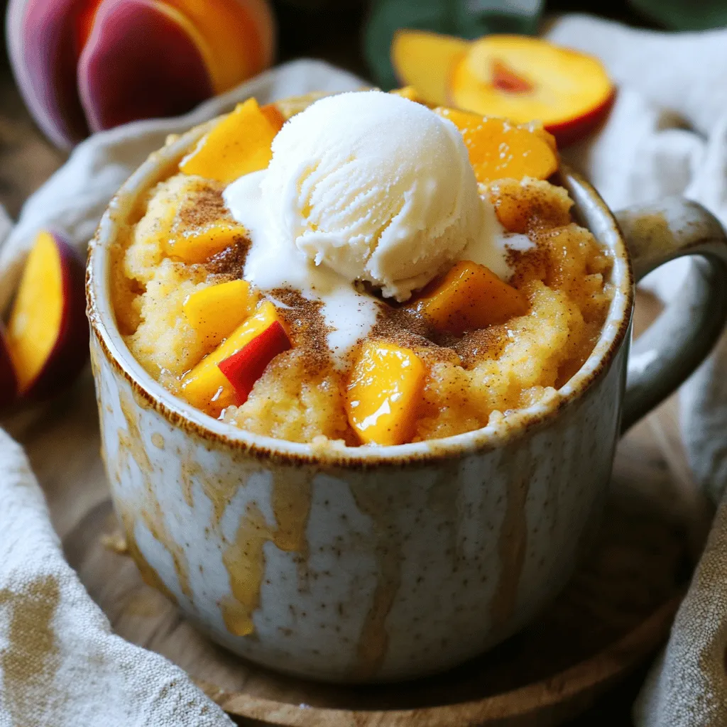 - 1/4 cup all-purpose flour - 1/4 cup granulated sugar - 1/4 teaspoon baking powder - 1/8 teaspoon salt - 1/4 cup milk (preferably whole for creaminess) - 2 tablespoons unsalted butter, melted - 1/4 teaspoon pure vanilla extract - 1 small fresh peach, diced - 1 tablespoon brown sugar (for the topping) - 1/2 teaspoon ground cinnamon (for the topping) The key to a great peach cobbler mug cake is using fresh ingredients. Flour, sugar, and baking powder give the cake its structure and sweetness. Milk and melted butter create a soft, rich texture. You want your peach to be juicy and ripe for the best flavor. - Canned peaches - Gluten-free flour blends If you don’t have fresh peaches, canned peaches work well too. Just make sure to drain them well. For those who need gluten-free options, you can swap the all-purpose flour for a gluten-free blend. It’s an easy fix for a tasty treat. - Use measuring cups and spoons for accuracy. - A kitchen scale can help for precise measurements. Accurate measurements are key in baking. I recommend using proper measuring cups for dry and liquid ingredients. A kitchen scale is also great for weighing flour and sugar. This way, your mug cake will turn out perfect every time. Pick a microwave-safe mug that holds about 12 oz. This size helps the cake rise without spilling over. A larger mug gives the batter room to expand. Be careful with smaller mugs, as they can overflow easily. Start by adding the dry ingredients to your mug. Use: - 1/4 cup all-purpose flour - 1/4 cup granulated sugar - 1/4 teaspoon baking powder - 1/8 teaspoon salt Mix these with a fork or small whisk. Stir until there are no lumps. This step is key to a smooth batter. Next, add the wet ingredients to the dry mix. Pour in: - 1/4 cup milk (whole is best) - 2 tablespoons melted unsalted butter - 1/4 teaspoon pure vanilla extract Stir well until it is smooth. Scrape the sides of the mug to mix all the flour. This ensures no dry spots remain. Now it's time for the star of the show—peaches! Dice one small fresh peach or use half a cup of canned peaches that are well-drained. Gently fold these into the batter. Make sure they spread out evenly, but don’t overmix. You want chunks of peach in every bite. Place your mug in the microwave. Cook it on high for about 1 minute and 30 seconds. Every microwave is different, so keep an eye on it. If it rises too fast, pause and let it settle. After the time is up, check if it’s done. The cake should be fluffy and soft. If it still looks wet, give it another 15 to 30 seconds. Let it cool for a minute before diving in. Enjoy your warm peach cobbler mug cake! For the full recipe, refer to the ingredients and instructions above. To make your peach cobbler mug cake soft and fluffy, avoid overmixing. Mix just until the flour blends in. If you stir too much, the cake can become tough. For even cooking, choose a microwave-safe mug that holds about 12 ounces. This size helps the cake cook evenly without spilling over. You can add nuts or spices to boost flavor. Chopped pecans or walnuts add crunch. A pinch of nutmeg or ginger gives warmth. Store ingredients properly to keep them fresh. Keep flour in a cool, dark place. This helps maintain flavor and quality. Serve your mug cake warm right from the microwave. For an extra treat, top it with vanilla ice cream or whipped cream. A few fresh peach slices on top make it look pretty and fresh. Enjoy the blend of warm cake and cold cream! {{image_4}} You can switch up the fruit in your peach cobbler mug cake. Fresh fruit works great! Try using diced apples, ripe pears, or sweet berries. They all add unique flavors and textures. Seasonal fruits can also make your mug cake special. In summer, use juicy strawberries. In fall, add warm cinnamon apples. Each choice brings a new twist! Want to boost the flavor? Consider adding flavored extracts. Almond or lemon extract can give your mug cake a lovely taste. Zest from lemon or orange adds freshness too. If you enjoy sweet treats, mix in chocolate chips or a swirl of caramel. These additions bring extra joy to each bite. If you're vegan, you can still enjoy this treat! Swap the milk for almond or oat milk. Use coconut oil instead of butter. It keeps the texture rich and tasty. For those watching sugar, use a sugar substitute. Stevia or monk fruit can work well. These changes make the mug cake fit different diets without losing flavor. For the Full Recipe, check the earlier sections of this article. Enjoy your baking! To keep your peach cobbler mug cake fresh, store it in the fridge. Place the cooled cake in an airtight container. This helps keep it moist and tasty. You can enjoy leftovers for up to two days. When you are ready to eat, simply reheat it in the microwave. Heat for about 20 to 30 seconds. Check if it's warm enough before serving. If you want to save your mug cake for later, freezing it is a great option. To freeze, wrap the mug cake tightly in plastic wrap. Then, place it in a freezer-safe bag or container. This keeps out air and prevents freezer burn. When you want to eat it, take it out and let it thaw in the fridge overnight. You can also defrost it in the microwave at a low setting. For the best taste, eat your mug cake within two days. If kept in the fridge, it stays fresh for this time. Look for signs of spoilage, like a dry texture or off smell. If it looks or smells strange, it’s best to throw it away. Enjoy your peach cobbler mug cake at its best! For the full recipe, check the section above. Cooking this peach cobbler mug cake takes only about 1 minute and 30 seconds in the microwave. Here’s a quick breakdown of the time: - Prep time: 5 minutes - Cooking time: 1 minute and 30 seconds - Cooling time: 1 minute So, you can enjoy a warm treat in just 10 minutes! Yes, you can make this peach cobbler mug cake without a microwave! You can use an oven instead. Preheat your oven to 350°F (175°C). Pour the batter into a small, oven-safe dish. Bake for about 25 minutes or until a toothpick comes out clean. Toppings can make your mug cake extra special! Here are some great ideas: - Vanilla ice cream for creaminess - Whipped cream for a light touch - Fresh peach slices for added flavor - Chopped nuts for a crunchy texture - Caramel sauce for sweetness Absolutely! You can swap peaches with many other fruits. Here are some tasty options: - Blueberries for a burst of flavor - Apples for a classic taste - Cherries for a sweet surprise - Raspberries for a tart kick Feel free to experiment with your favorites! You’ll know the mug cake is ready when it rises and has a soft texture. Here are some simple checks: - Look for a slight dome on top - Insert a toothpick; it should come out clean - The edges should pull away from the mug If it meets these checks, it’s time to dig in! This blog post covered how to make a delicious peach cobbler mug cake. We discussed essential and alternate ingredients, measuring tips, and step-by-step instructions. You learned how to prepare, cook, and improve the texture and flavor of your mug cake. We also explored variations, storage options, and answered common questions. Now, you have all the tools to enjoy this treat. Cooking should be fun and rewarding. Experiment with flavors and enjoy your tasty creation!