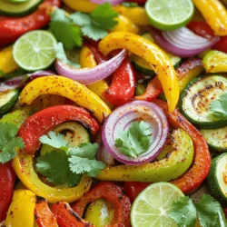 For Sheet Pan Fajita Veggies, you need fresh, colorful ingredients. Here’s what to gather: - 1 red bell pepper, thinly sliced - 1 yellow bell pepper, thinly sliced - 1 green bell pepper, thinly sliced - 1 medium red onion, sliced into wedges - 2 medium zucchinis, cut into half-moons - 1 tablespoon extra virgin olive oil Season with these spices: - 2 teaspoons chili powder - 1 teaspoon ground cumin - 1 teaspoon smoked paprika - 1/2 teaspoon garlic powder - 1/2 teaspoon fine sea salt - 1/4 teaspoon freshly ground black pepper These ingredients create a tasty base for your fajita veggies. To take your fajita veggies up a notch, consider adding: - Additional spices like cayenne pepper for heat - Fresh herbs such as oregano or thyme If you want protein, add grilled chicken, shrimp, or tofu. These options make the meal heartier. Pair your fajita veggies with: - Warm tortillas for wrapping - Rice for a filling base Trending side dishes include: - Guacamole for creaminess - Black beans for added protein These pairings make your meal balanced and satisfying. For the full recipe, check out the details provided above. Enjoy your cooking! First, let’s prep the vegetables. I like to slice one red, one yellow, and one green bell pepper. They add color and taste. Also, cut a medium red onion into wedges. Finally, slice two zucchinis into half-moons. This mix creates a nice texture and flavor. Next, we need to mix the spice blend. In a small bowl, combine two teaspoons of chili powder, one teaspoon of ground cumin, and one teaspoon of smoked paprika. Add half a teaspoon of garlic powder, half a teaspoon of fine sea salt, and a quarter teaspoon of freshly ground black pepper. Mix well. This blend gives our veggies a tasty kick. Now, let’s cook. Preheat your oven to 425°F (220°C). Once it’s hot, place the seasoned veggies on a large sheet pan in a single layer. This helps them roast evenly. Bake for 20 to 25 minutes. Stir halfway through. This step is key. Stirring helps all the vegetables cook well and gain that lovely golden color. After roasting, take the pan out and let it cool for 5 minutes. This time allows the flavors to blend. For garnishing, sprinkle fresh cilantro leaves over the veggies. They add a fresh touch. Serve the fajita veggies warm, paired with lime wedges. Squeezing fresh lime juice over them enhances the flavor. Enjoy this colorful and tasty dish! For more details, check the Full Recipe. - Overcrowding the pan: When you place too many veggies on the pan, they steam instead of roast. This means you won’t get that nice, crispy texture. Aim for a single layer of veggies for the best results. - Not preheating the oven properly: A hot oven helps your veggies cook evenly. If you don’t preheat, they may take longer to cook. Always set your oven to 425°F (220°C) and wait for it to reach that temperature before cooking. - Adding different vegetables: Feel free to mix in any veggies you love. Try corn, mushrooms, or asparagus. Each vegetable brings its own flavor and texture, making your dish unique. - Spice level adjustments: If you want more heat, add some diced jalapeños or a pinch of cayenne pepper. For milder flavors, reduce the chili powder or skip it altogether. Tailor the spices to fit your taste. - Ideas for storing and reheating: Store leftovers in an airtight container in the fridge for up to four days. To reheat, simply place them in a hot oven or microwave until warm. This keeps the flavors fresh and lovely. - Creative leftover recipes: Use leftover fajita veggies in wraps, omelets, or salads. They add great flavor and nutrition to any meal. You can even mix them into rice or quinoa for a quick lunch. For more details, check out the Full Recipe on how to create these tasty fajita veggies! {{image_4}} You can make your fajita veggies even better by adding more options. Try adding mushrooms, corn, or even eggplant. Each veggie brings its own taste and texture. You can also add leafy greens like spinach or kale for a healthy boost. For a vegan alternative, skip any animal-based toppings. Use avocado or a cashew cream instead. These swaps keep your meal plant-based and still full of flavor. If you need gluten-free options, focus on your seasonings. Most spices are naturally gluten-free. Always check labels to be sure. For a low-calorie twist, reduce the olive oil. You can use a light spray instead. This way, you cut calories without losing flavor. You can also add more veggies to fill your plate. This keeps your meal satisfying and healthy. Batch cooking can save time. Cook a large batch of fajita veggies on the weekend. Store them in meal prep containers. They last well in the fridge for up to five days. For freezer-friendly options, let the veggies cool completely. Place them in airtight bags or containers. You can store them for up to three months. When you’re ready to eat, just reheat and enjoy! Check out the Full Recipe for complete details. To keep your fajita veggies fresh, use airtight containers. Glass or plastic containers work great. Make sure they seal tightly. This helps keep air out and maintains flavor. If you have leftover veggies, cool them first before storing. This prevents moisture from building up inside the container. You can store fajita veggies in the fridge for up to four days. After that, they may spoil. Check for any slimy texture or bad smell. If you see these signs, it’s time to toss them. Always use your senses when checking for freshness. If you want to freeze fajita veggies, pack them in freezer-safe bags. Remove as much air as possible to prevent freezer burn. Label the bags with the date for easy tracking. When you’re ready to eat, thaw them in the fridge overnight for best results. Heat them in a pan to bring back their flavor and texture. Roasting fajita veggies at 425°F (220°C) gives the best results. This high heat helps the veggies caramelize. Caramelization adds great flavor and color. It also ensures they cook evenly and quickly. Make sure your oven is preheated before adding the veggies. This step is key to getting that perfect char and tenderness. Sheet pan fajita veggies can last about 3 to 5 days in the fridge. Store them in an airtight container. This helps keep the veggies fresh and tasty. Before eating, check for any signs of spoilage. If they look or smell off, it’s best to throw them away. Enjoy them warm or cold in salads or wraps. Yes, you can use frozen vegetables! However, they may release more water during cooking. This can lead to a softer texture. To avoid this, thaw and drain them first. Pat the veggies dry with a paper towel. Toss them with the oil and spices like fresh veggies. This way, you can still get a great flavor. If your veggies turn out soggy, don’t worry! There are a few fixes. First, try roasting them at a higher temperature. This helps moisture evaporate quickly. If they are already cooked, you can pan-fry them briefly. This will help crisp them up again. Next time, avoid overcrowding the pan. Give each piece space to roast well. For the full recipe, check out the detailed instructions. Sheet pan fajita veggies are a tasty and simple meal option. We covered essential ingredients, cooking steps, and tips to avoid common mistakes. You learned how to customize your dish for your taste and how to store leftovers. Now, you can enjoy fajita veggies that are bursting with flavor and easy to make. Use these tips to create a fun and healthy meal any night of the week. Happy cooking!