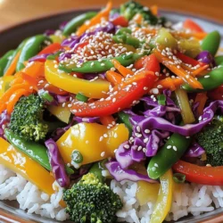 - 1 cup bell peppers (a mix of red, yellow, and green), sliced into thin strips - 1 cup fresh broccoli florets, cut into bite-sized pieces - 1 cup carrots, julienned into matchsticks - 1 cup sugar snap peas, trimmed and rinsed - 1 cup red cabbage, finely shredded - 1 tablespoon sesame oil, for sautéing - 2 tablespoons soy sauce (or tamari for a gluten-free option) - 1 tablespoon honey or maple syrup for a sweet touch - 2 cloves garlic, minced for flavor - 1 teaspoon fresh ginger, grated for a zing Each ingredient brings color and flavor to your Rainbow Veggie Stir Fry. The bell peppers add sweetness and crunch. Broccoli gives a nice bite and bright green color. Carrots bring a lovely orange hue and sweetness in every bite. Sugar snap peas add a crisp texture, making the stir fry fun to eat. Red cabbage offers a vibrant purple color and a slight crunch, making your dish pop. The sesame oil adds a rich, nutty flavor. Soy sauce or tamari brings a savory kick. Honey or maple syrup gives a touch of sweetness that balances the flavors. Garlic and ginger add warmth and depth. For the full recipe, check out the details. This combination of ingredients makes a beautiful and tasty meal. Enjoy the colors and flavors as you prepare your stir fry! To start, wash all your veggies well. Rinse them under cold water to remove any dirt. Trim any ends off the vegetables, making them ready to slice. For slicing the bell peppers, cut them in half and remove the seeds. Lay them flat and slice them into thin strips. For the carrots, peel them first. Then, slice them into matchsticks. This is called julienning. It makes them cook evenly and look nice. Next, cut the broccoli into bite-sized florets. Make sure they are not too big, so they cook well. Lastly, shred the red cabbage finely. This adds a nice crunch and color to your dish. Heat one tablespoon of sesame oil in a large skillet or wok over medium-high heat. Wait until the oil shimmers, but do not let it smoke. Add the minced garlic and grated ginger to the hot oil. Sauté them for about one minute. Stir continuously so they do not burn. You want to smell that lovely aroma! Now, add the sliced bell peppers and julienned carrots to the skillet. Stir-fry these for about three minutes. They should soften just a bit. Next, toss in the fresh broccoli florets and sugar snap peas. Keep stirring for another two to three minutes until they become bright green and tender-crisp. Finally, add the finely shredded red cabbage. Cook for an extra two minutes. The mix should look beautiful and colorful at this point. In a small bowl, whisk together the soy sauce and honey or maple syrup until blended. Pour this mixture over your stir-fried veggies. Gently toss everything together to coat the vegetables evenly. Let it cook for one more minute to combine all the flavors. Now it's time to serve! Remove the skillet from heat. Sprinkle sesame seeds on top for a nice crunch. Serve this vibrant stir-fry over warm cooked rice or fluffy quinoa. Enjoy your colorful, tasty meal! For the full recipe, check the [Full Recipe]. To make your stir fry great, heat is key. Start with medium-high heat. This helps the veggies cook fast and stay crisp. If you use too low heat, your vegetables will get soggy. Keep them moving in the pan. Stir often to avoid burning. To boost flavor, add spices. Try a pinch of chili flakes for heat. You can also use sauces like teriyaki or hoisin for a twist. Fresh herbs like cilantro or basil add a bright taste. Chop them finely and sprinkle them on top. Garnishing makes your dish pop. For sesame seeds, use your hand to sprinkle them evenly over the stir fry. This adds a nice crunch. A squeeze of lemon or lime adds a fresh zing. Just cut the fruit in half and squeeze it over the dish right before serving. For the full recipe, check out the Rainbow Veggie Stir Fry details. {{image_4}} You can easily boost your Rainbow Veggie Stir Fry with protein. Tofu or tempeh works great for a plant-based option. Cut them into cubes and sauté until golden. If you prefer meat, shrimp or chicken is a tasty choice. Cook shrimp until they turn pink and chicken until no longer pink inside. This adds flavor and makes the meal filling. Seasonal veggies add fun and freshness. In spring, use asparagus or snap peas. For summer, try zucchini or corn. Fall is a good time for squash or Brussels sprouts. Winter veggies like kale or root vegetables can also shine in this dish. Mixing colors not only looks good but also packs in nutrients. Making this stir fry fit your diet is easy. For gluten-free needs, swap soy sauce for tamari. This keeps the flavor without the gluten. If you want a vegan meal, use maple syrup instead of honey. These simple swaps help everyone enjoy a delicious meal. For the full recipe, check out the link. To store your rainbow veggie stir fry, cool it down first. Place it in an airtight container. This helps keep the flavors fresh. You can keep it in the fridge for up to three days. Make sure to check for any signs of spoilage before eating. For freezing, use a sturdy freezer-safe container. You can also use freezer bags, making sure to remove as much air as possible. This keeps the stir fry from getting freezer burn. When you want to eat it, thaw it in the fridge overnight for the best texture. If you’re in a hurry, you can use the microwave on the defrost setting. To reheat, use a skillet over medium heat. Add a splash of water or oil to keep the veggies moist. Stir frequently to ensure even cooking. Avoid using the microwave, as this can lead to overcooked vegetables. You want them to stay crisp and colorful. Enjoy your meal fresh and vibrant! You can add heat in a few easy ways. Try adding chopped chili peppers to the stir fry. Sriracha sauce also works well for a spicy kick. Red pepper flakes are another simple option. Just sprinkle them in while cooking. You can even use spicy soy sauce for an extra burst of flavor. Adjust the amount based on your heat preference. Yes, you can prepare this dish ahead of time. Chop all your veggies and store them in the fridge. This keeps them fresh and ready to cook. You can also cook the stir fry and let it cool before storing. Place it in an airtight container for up to three days. When you’re ready to eat, simply reheat it in a pan or microwave. Serving stir fry can be fun and colorful! I like to use bowls for a vibrant display. Place a scoop of rice or quinoa at the bottom. Then, add the stir fry on top. This lets the colors shine through. You can also add a wedge of lime or lemon for a fresh squeeze before eating. This adds a bright flavor that makes each bite pop! In this blog post, we covered how to make a delicious Rainbow Veggie Stir Fry. We looked at the main and additional vegetables that add color and crunch. Then, we explored sauces and seasonings for flavor. I shared step-by-step instructions to prepare and cook your dish, along with tips for the perfect sauté. You also learned about adding protein and making seasonal swaps. Finally, we discussed how to store leftovers for future meals. Enjoy making this healthy, vibrant dish your own!