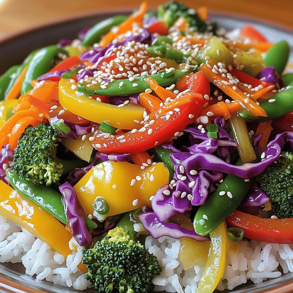 - 1 cup bell peppers (a mix of red, yellow, and green), sliced into thin strips - 1 cup fresh broccoli florets, cut into bite-sized pieces - 1 cup carrots, julienned into matchsticks - 1 cup sugar snap peas, trimmed and rinsed - 1 cup red cabbage, finely shredded - 1 tablespoon sesame oil, for sautéing - 2 tablespoons soy sauce (or tamari for a gluten-free option) - 1 tablespoon honey or maple syrup for a sweet touch - 2 cloves garlic, minced for flavor - 1 teaspoon fresh ginger, grated for a zing Each ingredient brings color and flavor to your Rainbow Veggie Stir Fry. The bell peppers add sweetness and crunch. Broccoli gives a nice bite and bright green color. Carrots bring a lovely orange hue and sweetness in every bite. Sugar snap peas add a crisp texture, making the stir fry fun to eat. Red cabbage offers a vibrant purple color and a slight crunch, making your dish pop. The sesame oil adds a rich, nutty flavor. Soy sauce or tamari brings a savory kick. Honey or maple syrup gives a touch of sweetness that balances the flavors. Garlic and ginger add warmth and depth. For the full recipe, check out the details. This combination of ingredients makes a beautiful and tasty meal. Enjoy the colors and flavors as you prepare your stir fry! To start, wash all your veggies well. Rinse them under cold water to remove any dirt. Trim any ends off the vegetables, making them ready to slice. For slicing the bell peppers, cut them in half and remove the seeds. Lay them flat and slice them into thin strips. For the carrots, peel them first. Then, slice them into matchsticks. This is called julienning. It makes them cook evenly and look nice. Next, cut the broccoli into bite-sized florets. Make sure they are not too big, so they cook well. Lastly, shred the red cabbage finely. This adds a nice crunch and color to your dish. Heat one tablespoon of sesame oil in a large skillet or wok over medium-high heat. Wait until the oil shimmers, but do not let it smoke. Add the minced garlic and grated ginger to the hot oil. Sauté them for about one minute. Stir continuously so they do not burn. You want to smell that lovely aroma! Now, add the sliced bell peppers and julienned carrots to the skillet. Stir-fry these for about three minutes. They should soften just a bit. Next, toss in the fresh broccoli florets and sugar snap peas. Keep stirring for another two to three minutes until they become bright green and tender-crisp. Finally, add the finely shredded red cabbage. Cook for an extra two minutes. The mix should look beautiful and colorful at this point. In a small bowl, whisk together the soy sauce and honey or maple syrup until blended. Pour this mixture over your stir-fried veggies. Gently toss everything together to coat the vegetables evenly. Let it cook for one more minute to combine all the flavors. Now it's time to serve! Remove the skillet from heat. Sprinkle sesame seeds on top for a nice crunch. Serve this vibrant stir-fry over warm cooked rice or fluffy quinoa. Enjoy your colorful, tasty meal! For the full recipe, check the [Full Recipe]. To make your stir fry great, heat is key. Start with medium-high heat. This helps the veggies cook fast and stay crisp. If you use too low heat, your vegetables will get soggy. Keep them moving in the pan. Stir often to avoid burning. To boost flavor, add spices. Try a pinch of chili flakes for heat. You can also use sauces like teriyaki or hoisin for a twist. Fresh herbs like cilantro or basil add a bright taste. Chop them finely and sprinkle them on top. Garnishing makes your dish pop. For sesame seeds, use your hand to sprinkle them evenly over the stir fry. This adds a nice crunch. A squeeze of lemon or lime adds a fresh zing. Just cut the fruit in half and squeeze it over the dish right before serving. For the full recipe, check out the Rainbow Veggie Stir Fry details. {{image_4}} You can easily boost your Rainbow Veggie Stir Fry with protein. Tofu or tempeh works great for a plant-based option. Cut them into cubes and sauté until golden. If you prefer meat, shrimp or chicken is a tasty choice. Cook shrimp until they turn pink and chicken until no longer pink inside. This adds flavor and makes the meal filling. Seasonal veggies add fun and freshness. In spring, use asparagus or snap peas. For summer, try zucchini or corn. Fall is a good time for squash or Brussels sprouts. Winter veggies like kale or root vegetables can also shine in this dish. Mixing colors not only looks good but also packs in nutrients. Making this stir fry fit your diet is easy. For gluten-free needs, swap soy sauce for tamari. This keeps the flavor without the gluten. If you want a vegan meal, use maple syrup instead of honey. These simple swaps help everyone enjoy a delicious meal. For the full recipe, check out the link. To store your rainbow veggie stir fry, cool it down first. Place it in an airtight container. This helps keep the flavors fresh. You can keep it in the fridge for up to three days. Make sure to check for any signs of spoilage before eating. For freezing, use a sturdy freezer-safe container. You can also use freezer bags, making sure to remove as much air as possible. This keeps the stir fry from getting freezer burn. When you want to eat it, thaw it in the fridge overnight for the best texture. If you’re in a hurry, you can use the microwave on the defrost setting. To reheat, use a skillet over medium heat. Add a splash of water or oil to keep the veggies moist. Stir frequently to ensure even cooking. Avoid using the microwave, as this can lead to overcooked vegetables. You want them to stay crisp and colorful. Enjoy your meal fresh and vibrant! You can add heat in a few easy ways. Try adding chopped chili peppers to the stir fry. Sriracha sauce also works well for a spicy kick. Red pepper flakes are another simple option. Just sprinkle them in while cooking. You can even use spicy soy sauce for an extra burst of flavor. Adjust the amount based on your heat preference. Yes, you can prepare this dish ahead of time. Chop all your veggies and store them in the fridge. This keeps them fresh and ready to cook. You can also cook the stir fry and let it cool before storing. Place it in an airtight container for up to three days. When you’re ready to eat, simply reheat it in a pan or microwave. Serving stir fry can be fun and colorful! I like to use bowls for a vibrant display. Place a scoop of rice or quinoa at the bottom. Then, add the stir fry on top. This lets the colors shine through. You can also add a wedge of lime or lemon for a fresh squeeze before eating. This adds a bright flavor that makes each bite pop! In this blog post, we covered how to make a delicious Rainbow Veggie Stir Fry. We looked at the main and additional vegetables that add color and crunch. Then, we explored sauces and seasonings for flavor. I shared step-by-step instructions to prepare and cook your dish, along with tips for the perfect sauté. You also learned about adding protein and making seasonal swaps. Finally, we discussed how to store leftovers for future meals. Enjoy making this healthy, vibrant dish your own!