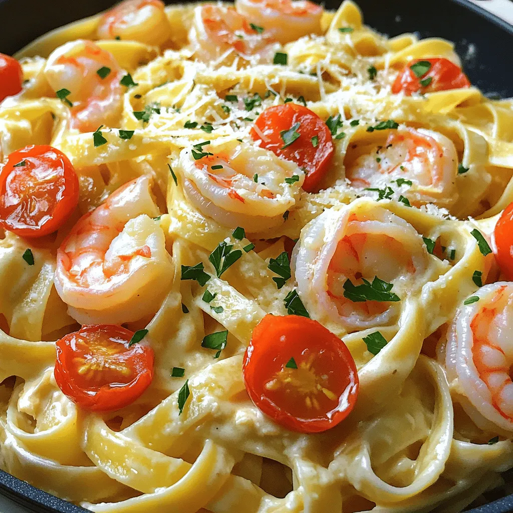 Let’s gather all the tasty ingredients for your creamy garlic shrimp pasta. A well-stocked kitchen ensures you create a perfect dish. Here's what you'll need: - 8 oz fettuccine or spaghetti - 1 lb large shrimp, peeled and deveined - 4 cloves garlic, minced - 1 cup heavy cream - 1 cup chicken or vegetable broth - 1 cup cherry tomatoes, halved - 1/2 cup grated Parmesan cheese - 2 tablespoons olive oil - 1 teaspoon red pepper flakes (optional) - Salt and pepper to taste - Fresh parsley, chopped (for garnish) Each ingredient adds its unique flavor. The shrimp brings a sweet and briny taste. The garlic gives a nice kick, while the heavy cream adds richness. Cherry tomatoes offer freshness and sweetness. Use fresh ingredients for the best taste. If you can, buy wild-caught shrimp. They often taste better and are better for the environment. You can find the full recipe for creamy garlic shrimp pasta in the article. This dish is quick to make and perfect for any night. Enjoy the process of cooking and have fun! - Cooking the Pasta Start by boiling salted water in a large pot. Add 8 oz of fettuccine or spaghetti. Cook until al dente according to the package. Drain the pasta but keep a little pasta water. - Sautéing the Garlic Heat 2 tablespoons of olive oil in a large skillet over medium-high heat. When the oil is hot, add 4 cloves of minced garlic. Sauté for about 1 minute. Stir often to avoid burning the garlic. - Cooking the Shrimp Next, add 1 lb of peeled and deveined shrimp to the skillet. Season with salt, pepper, and 1 teaspoon of red pepper flakes if you like spice. Cook for 2-3 minutes on each side. The shrimp should be pink and opaque. Remove them from the skillet and set aside. - Making the Broth Base In the same skillet, pour in 1 cup of chicken or vegetable broth. Bring it to a gentle simmer. Let it cook for about 3-4 minutes to reduce slightly and enhance the flavors. - Adding Cream and Cheese Lower the heat and add 1 cup of heavy cream to the broth. Stir well for about 2-3 minutes until the sauce thickens a bit. Then, mix in 1/2 cup of grated Parmesan cheese. This adds a rich flavor. - Incorporating Tomatoes Gently fold in 1 cup of halved cherry tomatoes into the creamy sauce. Let them warm through for about 2 minutes to release their sweetness. - Mixing in Shrimp and Pasta Return the cooked shrimp to the skillet. Toss them gently to coat with the sauce. Then, add the cooked pasta. Mix everything well to combine. - Final Seasoning Adjustments Taste your dish and adjust the seasoning. Add more salt and pepper if needed. Ensure all flavors blend well. - Serving Suggestions Plate the creamy garlic shrimp pasta hot. Garnish with fresh chopped parsley for a pop of color. Enjoy your meal! For the full recipe, check out the section above. - How to Achieve Perfectly Cooked Shrimp To cook shrimp just right, heat your skillet well. Add shrimp and cook for 2-3 minutes on each side. They should turn pink and opaque. Overcooking makes them tough. - Cream Substitutes for a Lighter Dish If you want a lighter dish, try using half-and-half or coconut milk instead of heavy cream. They will still give you a creamy texture without all the calories. - Seasoning Suggestions for Enhanced Flavor Add lemon juice or zest for a fresh kick. Fresh herbs like basil or thyme also boost flavor. A pinch of smoked paprika can add depth, too. - Best Pairings with Creamy Garlic Shrimp Pasta This dish pairs well with a crisp green salad or garlic bread. A light white wine, like Pinot Grigio, complements the flavors nicely. - Garnishing Ideas for Presentation For a pop of color, sprinkle chopped fresh parsley on top. You can also add a few cherry tomato halves for a pretty touch. A dusting of extra Parmesan cheese will make it look fancy. {{image_4}} You can make creamy garlic shrimp pasta even better by adding tasty veggies. Spinach, bell peppers, and zucchini work well. Just sauté the veggies with the garlic for a few minutes. This adds color and nutrition to your dish. If you want to try different proteins, consider using chicken or scallops. Chicken breast cooks quickly and absorbs flavors well. Scallops bring a sweet taste that pairs nicely with the creamy sauce. Just adjust the cooking time to ensure everything cooks perfectly. If you need a gluten-free option, swap the pasta for a gluten-free brand. Many good choices are available, like brown rice or lentil pasta. They cook similarly and taste great with the sauce. For a vegan version of creamy garlic shrimp pasta, replace shrimp with mushrooms or tofu. Use coconut cream instead of heavy cream for a rich texture. Make sure to use vegetable broth and skip the cheese or use a vegan alternative. This way, you can enjoy a delicious meal that fits your diet. Check out the Full Recipe for more details on making this dish! To keep your creamy garlic shrimp pasta fresh, follow these best practices: - Cool Before Storing: Allow the pasta to cool to room temperature. - Use Airtight Containers: Store it in airtight containers to prevent drying. - Divide into Portions: Consider separating into smaller portions for easy meals. How long does it last in the fridge? Creamy garlic shrimp pasta usually stays fresh for about 3 to 4 days when stored properly. Always check for any off smells or changes in texture before consuming leftovers. When it's time to enjoy your leftovers, here are the best methods for reheating: - Stovetop Method: Heat in a skillet over low heat. Stir often to prevent sticking. - Microwave Method: Place in a microwave-safe dish. Add a splash of water to keep it moist. Avoiding soggy pasta is key. To prevent this, do not overheat. Add a little extra cream or broth if needed to maintain a smooth texture. This way, your creamy garlic shrimp pasta stays delicious and satisfying! How do I make creamy garlic shrimp pasta spicy? To add spice, simply include red pepper flakes. Start with one teaspoon. You can adjust this amount based on your taste. If you want more heat, add sliced fresh chili or hot sauce for an extra kick. Can I use frozen shrimp for this recipe? Yes, frozen shrimp work well! Just make sure to thaw them first. You can do this by placing them in cold water for about 15 minutes. Once thawed, they can be prepared just like fresh shrimp. What can I substitute for heavy cream in creamy garlic shrimp pasta? If you prefer a lighter dish, use half-and-half or whole milk. For a dairy-free option, try coconut cream or cashew cream. Each will change the flavor slightly, but they will still create a creamy sauce. How long does it take to prepare creamy garlic shrimp pasta? The total time for this dish is about 30 minutes. This includes 10 minutes for prep and 20 minutes for cooking. It’s quick and perfect for a weeknight dinner. Is creamy garlic shrimp pasta safe to freeze? Yes, you can freeze it! Make sure to cool the dish completely before placing it in an airtight container. It can last up to three months in the freezer. What’s the best type of pasta to use for this dish? Fettuccine or spaghetti is best for creamy garlic shrimp pasta. Both types hold the sauce well and enhance the dish's flavor. Can I prepare the sauce in advance? Absolutely! You can make the creamy sauce ahead of time. Just reheat it gently on the stove before adding shrimp and pasta. What to do if the sauce is too thick? If your sauce is too thick, add a splash of reserved pasta water. Stir until you reach your desired consistency. This will help keep the sauce creamy without losing flavor. For the full recipe, check out the detailed instructions above. This creamy garlic shrimp pasta is a crowd-pleaser. You start with simple ingredients like shrimp, pasta, and a rich sauce. The step-by-step guide makes cooking easy and fun. Remember, you can add veggies or switch proteins for more variety. Don’t forget to use these cooking tips to get the best results every time. Whether for a weeknight meal or special occasion, this dish impresses. Enjoy creating your version and share it with friends and family. Happy cooking!