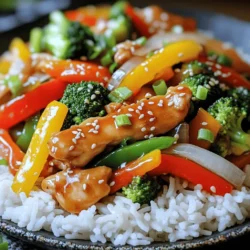 - 1 lb boneless, skinless chicken breasts - Mixed bell peppers, broccoli, and onion - Honey, soy sauce, garlic, and ginger - 1 lb (450g) boneless, skinless chicken breasts, thinly sliced into strips - 2 tablespoons honey - 3 tablespoons soy sauce - 3 cloves garlic, finely minced - 1 tablespoon fresh ginger, grated - 2 cups mixed bell peppers (red, yellow, and green), sliced into thin strips - 1 cup broccoli florets - 1 medium onion, sliced into thin rings - 2 tablespoons vegetable oil - Salt and pepper, to taste - 1 teaspoon sesame seeds (for garnish) - Cooked rice or noodles (for serving) When you gather these ingredients, feel the colors and scents. Each item plays a role. The chicken brings protein, while the veggies add crunch and color. Honey and soy sauce create a sweet and savory sauce. Garlic and ginger add warmth and zest. Together, they make a delightful dish. Check the Full Recipe for more tips on how to combine these flavors perfectly! To start, grab a small bowl. In this bowl, combine these simple ingredients: - 2 tablespoons honey - 3 tablespoons soy sauce - 3 cloves garlic, finely minced - 1 tablespoon fresh ginger, grated Whisk everything together until it blends well. This sauce is the heart of the dish. Set it aside to let the flavors mix. Next, heat 2 tablespoons of vegetable oil in a large skillet or wok. Set it to medium-high heat until it shimmers. Add the thinly sliced chicken. Make sure to spread it out evenly in the pan. Season lightly with salt and pepper. Stir-fry the chicken. Cook for about 5-7 minutes. You want it fully cooked and not pink in the center. Now it’s time to add more color and crunch. Toss in the sliced onion. Cook it for 2-3 minutes until it softens. Next, add the mixed bell peppers and broccoli florets. Stir-fry everything for another 4-5 minutes. You want the veggies tender but still crisp. Once you see the bright colors and smell the goodness, pour the honey garlic sauce over the chicken and vegetables. Stir gently to coat everything evenly. Cook for an extra 2 minutes. This helps the dish heat through and soak up all those tasty flavors. Serve this dish over cooked rice or noodles for a filling meal. For the full recipe, check the ingredient section above. Enjoy your cooking! When stir-frying chicken, use a large skillet or wok. Make sure the pan is hot before adding oil. This helps the chicken cook quickly and evenly. Here are some best practices: - Cut chicken into thin strips for quick cooking. - Spread the chicken evenly in the pan to avoid steaming. - Stir constantly to prevent sticking and burning. To maintain vegetable crispness, add them at different times. Start with harder vegetables like broccoli. Add softer ones like bell peppers later. This keeps them bright and crunchy. To boost flavors, consider adding extra spices or sauces. Red pepper flakes add heat. A splash of lime juice brings freshness. You can also swap honey for maple syrup for a twist. Adjusting sweetness or saltiness is easy. If you like it sweeter, add more honey. For saltiness, a dash more soy sauce works well. Always taste as you go to find your perfect balance. Serving suggestions can make your dish shine. Place the stir fry over fluffy rice or noodles for a nice base. Arrange the food high on the plate for height. Garnish with sesame seeds for crunch. Fresh green onions add color and flavor. These small touches make the meal look and taste even better. Enjoy your meal! {{image_4}} You can switch the chicken for shrimp, tofu, or pork. Shrimp cooks fast and adds a nice flavor. Tofu is great for a plant-based option. Just make sure to press it first to remove extra water. Pork adds richness, and it works well with the honey garlic sauce too. Each option brings its own special taste to the dish. Feel free to mix in your favorite or seasonal veggies. Snap peas, carrots, or zucchini can add color and crunch. You can use green beans or mushrooms for a different flavor. The key is to choose veggies that stay crisp in the stir fry. This keeps the dish bright and fresh. If you need gluten-free choices, replace soy sauce with tamari or coconut aminos. Both options give a similar taste without gluten. For a low-carb meal, skip the rice and serve it over cauliflower rice. This keeps it light and healthy while still being tasty. You can enjoy this dish in many ways! Check out the full recipe for more details. To store leftovers, wait until the Honey Garlic Chicken Stir Fry cools down. Place it in an airtight container. This helps keep the dish fresh. You can store it in the fridge for up to three days. Make sure to label the container with the date. This ensures you enjoy it while it's still good. If you want to freeze the stir fry, follow these steps. First, let it cool completely. Then, put it in a freezer-safe container or bag. Remove as much air as possible to prevent freezer burn. The stir fry can last in the freezer for about three months. Thaw it in the fridge overnight before reheating. For the best texture when reheating, use a skillet. Heat a little oil over medium heat. Add the stir fry and stir it gently. This keeps the chicken tender and the veggies crisp. You can also use a microwave, but be careful. Heat in short bursts and stir in between. This helps warm it evenly without overcooking. To make this dish, start by gathering all your ingredients. You will need chicken, honey, soy sauce, garlic, ginger, and vegetables. Follow these simple steps: 1. Mix the sauce: In a bowl, combine honey, soy sauce, minced garlic, and grated ginger. Whisk until blended. 2. Cook the chicken: Heat vegetable oil in a large skillet. Add sliced chicken and cook until no longer pink. 3. Add onion: Toss in the sliced onion and cook for a few minutes. 4. Add veggies: Add bell peppers and broccoli. Stir-fry until tender yet crisp. 5. Combine: Pour the sauce over the chicken and veggies. Stir well to coat. 6. Finish up: Cook for another two minutes to heat through. This method is fast and easy, perfect for busy nights. You can find the Full Recipe for detailed instructions. This stir fry pairs well with several sides. Here are the best options: - Cooked rice: White or brown rice works well, soaking up all the sauce. - Noodles: Use rice or egg noodles for a different texture. - Steamed vegetables: Add extra greens for a healthy balance. - Salad: A fresh salad can lighten the meal. These sides enhance the dish's flavor and make your meal complete. Yes, you can prepare this dish ahead of time. Here are some tips: - Cook the chicken and veggies: You can cook them in advance and store them in the fridge. - Make the sauce: Prepare the sauce and store it separately. - Reheat before serving: When ready to eat, combine everything in a skillet. Heat until warm. This method is great for meal prep and saves time during busy days. You learned how to make a tasty Honey Garlic Chicken Stir Fry today. We covered the main ingredients, measurements, and step-by-step cooking instructions. You now have tips for perfecting your dish, including cooking techniques and flavor enhancements. Don’t forget the variations to suit your taste. You can also store and reheat your leftovers easily. This recipe is quick, easy, and fun. Enjoy making this dish, and feel proud of your cooking skills!