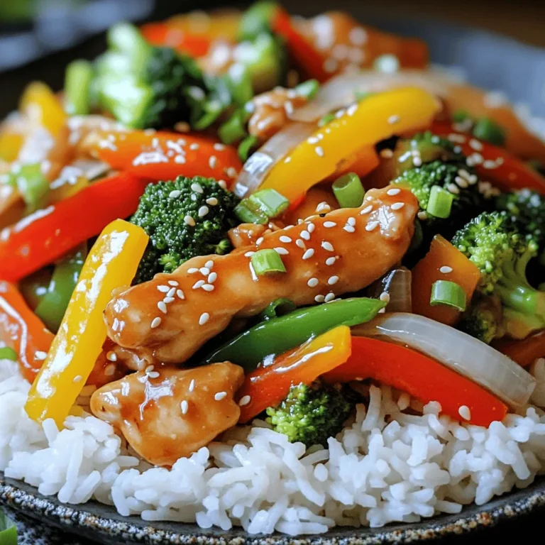 - 1 lb boneless, skinless chicken breasts - Mixed bell peppers, broccoli, and onion - Honey, soy sauce, garlic, and ginger - 1 lb (450g) boneless, skinless chicken breasts, thinly sliced into strips - 2 tablespoons honey - 3 tablespoons soy sauce - 3 cloves garlic, finely minced - 1 tablespoon fresh ginger, grated - 2 cups mixed bell peppers (red, yellow, and green), sliced into thin strips - 1 cup broccoli florets - 1 medium onion, sliced into thin rings - 2 tablespoons vegetable oil - Salt and pepper, to taste - 1 teaspoon sesame seeds (for garnish) - Cooked rice or noodles (for serving) When you gather these ingredients, feel the colors and scents. Each item plays a role. The chicken brings protein, while the veggies add crunch and color. Honey and soy sauce create a sweet and savory sauce. Garlic and ginger add warmth and zest. Together, they make a delightful dish. Check the Full Recipe for more tips on how to combine these flavors perfectly! To start, grab a small bowl. In this bowl, combine these simple ingredients: - 2 tablespoons honey - 3 tablespoons soy sauce - 3 cloves garlic, finely minced - 1 tablespoon fresh ginger, grated Whisk everything together until it blends well. This sauce is the heart of the dish. Set it aside to let the flavors mix. Next, heat 2 tablespoons of vegetable oil in a large skillet or wok. Set it to medium-high heat until it shimmers. Add the thinly sliced chicken. Make sure to spread it out evenly in the pan. Season lightly with salt and pepper. Stir-fry the chicken. Cook for about 5-7 minutes. You want it fully cooked and not pink in the center. Now it’s time to add more color and crunch. Toss in the sliced onion. Cook it for 2-3 minutes until it softens. Next, add the mixed bell peppers and broccoli florets. Stir-fry everything for another 4-5 minutes. You want the veggies tender but still crisp. Once you see the bright colors and smell the goodness, pour the honey garlic sauce over the chicken and vegetables. Stir gently to coat everything evenly. Cook for an extra 2 minutes. This helps the dish heat through and soak up all those tasty flavors. Serve this dish over cooked rice or noodles for a filling meal. For the full recipe, check the ingredient section above. Enjoy your cooking! When stir-frying chicken, use a large skillet or wok. Make sure the pan is hot before adding oil. This helps the chicken cook quickly and evenly. Here are some best practices: - Cut chicken into thin strips for quick cooking. - Spread the chicken evenly in the pan to avoid steaming. - Stir constantly to prevent sticking and burning. To maintain vegetable crispness, add them at different times. Start with harder vegetables like broccoli. Add softer ones like bell peppers later. This keeps them bright and crunchy. To boost flavors, consider adding extra spices or sauces. Red pepper flakes add heat. A splash of lime juice brings freshness. You can also swap honey for maple syrup for a twist. Adjusting sweetness or saltiness is easy. If you like it sweeter, add more honey. For saltiness, a dash more soy sauce works well. Always taste as you go to find your perfect balance. Serving suggestions can make your dish shine. Place the stir fry over fluffy rice or noodles for a nice base. Arrange the food high on the plate for height. Garnish with sesame seeds for crunch. Fresh green onions add color and flavor. These small touches make the meal look and taste even better. Enjoy your meal! {{image_4}} You can switch the chicken for shrimp, tofu, or pork. Shrimp cooks fast and adds a nice flavor. Tofu is great for a plant-based option. Just make sure to press it first to remove extra water. Pork adds richness, and it works well with the honey garlic sauce too. Each option brings its own special taste to the dish. Feel free to mix in your favorite or seasonal veggies. Snap peas, carrots, or zucchini can add color and crunch. You can use green beans or mushrooms for a different flavor. The key is to choose veggies that stay crisp in the stir fry. This keeps the dish bright and fresh. If you need gluten-free choices, replace soy sauce with tamari or coconut aminos. Both options give a similar taste without gluten. For a low-carb meal, skip the rice and serve it over cauliflower rice. This keeps it light and healthy while still being tasty. You can enjoy this dish in many ways! Check out the full recipe for more details. To store leftovers, wait until the Honey Garlic Chicken Stir Fry cools down. Place it in an airtight container. This helps keep the dish fresh. You can store it in the fridge for up to three days. Make sure to label the container with the date. This ensures you enjoy it while it's still good. If you want to freeze the stir fry, follow these steps. First, let it cool completely. Then, put it in a freezer-safe container or bag. Remove as much air as possible to prevent freezer burn. The stir fry can last in the freezer for about three months. Thaw it in the fridge overnight before reheating. For the best texture when reheating, use a skillet. Heat a little oil over medium heat. Add the stir fry and stir it gently. This keeps the chicken tender and the veggies crisp. You can also use a microwave, but be careful. Heat in short bursts and stir in between. This helps warm it evenly without overcooking. To make this dish, start by gathering all your ingredients. You will need chicken, honey, soy sauce, garlic, ginger, and vegetables. Follow these simple steps: 1. Mix the sauce: In a bowl, combine honey, soy sauce, minced garlic, and grated ginger. Whisk until blended. 2. Cook the chicken: Heat vegetable oil in a large skillet. Add sliced chicken and cook until no longer pink. 3. Add onion: Toss in the sliced onion and cook for a few minutes. 4. Add veggies: Add bell peppers and broccoli. Stir-fry until tender yet crisp. 5. Combine: Pour the sauce over the chicken and veggies. Stir well to coat. 6. Finish up: Cook for another two minutes to heat through. This method is fast and easy, perfect for busy nights. You can find the Full Recipe for detailed instructions. This stir fry pairs well with several sides. Here are the best options: - Cooked rice: White or brown rice works well, soaking up all the sauce. - Noodles: Use rice or egg noodles for a different texture. - Steamed vegetables: Add extra greens for a healthy balance. - Salad: A fresh salad can lighten the meal. These sides enhance the dish's flavor and make your meal complete. Yes, you can prepare this dish ahead of time. Here are some tips: - Cook the chicken and veggies: You can cook them in advance and store them in the fridge. - Make the sauce: Prepare the sauce and store it separately. - Reheat before serving: When ready to eat, combine everything in a skillet. Heat until warm. This method is great for meal prep and saves time during busy days. You learned how to make a tasty Honey Garlic Chicken Stir Fry today. We covered the main ingredients, measurements, and step-by-step cooking instructions. You now have tips for perfecting your dish, including cooking techniques and flavor enhancements. Don’t forget the variations to suit your taste. You can also store and reheat your leftovers easily. This recipe is quick, easy, and fun. Enjoy making this dish, and feel proud of your cooking skills!
