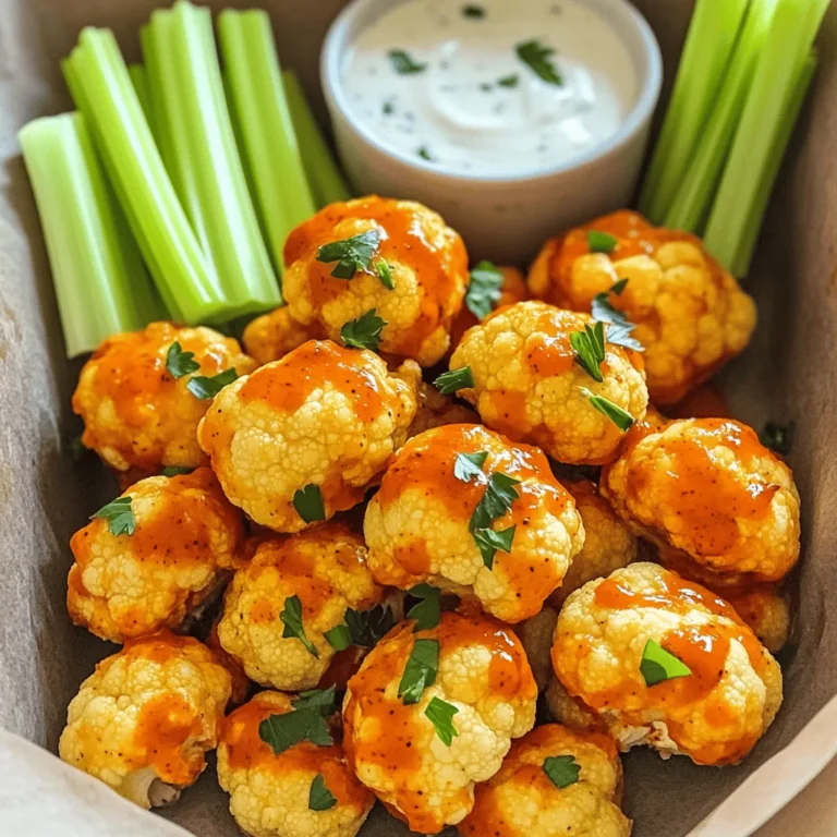 To make tasty Buffalo Cauliflower Bites, you need the following main ingredients: - 1 medium head of cauliflower, cut into bite-sized florets - 1 cup all-purpose flour - 1 cup water - 1 teaspoon garlic powder - 1 teaspoon onion powder - 1 teaspoon smoked paprika - 1/2 teaspoon salt - 1/2 teaspoon black pepper - 1 cup buffalo sauce (store-bought or homemade) - 2 tablespoons olive oil - Fresh parsley, chopped (for garnish) - Celery sticks (for serving) - Vegan ranch dressing (for dipping) These ingredients work together to create a crunchy snack that packs a spicy punch. The cauliflower becomes crispy, while the buffalo sauce adds heat and flavor. You can add extra ingredients to boost the taste: - Nutritional yeast for a cheesy flavor - Cayenne pepper for more heat - Lemon juice for brightness - Chopped green onions for freshness These optional ingredients help you customize the bites to your taste. Feel free to mix and match based on what you like. Buffalo Cauliflower Bites are not just tasty, they can be good for you too. Here’s a quick look at their nutritional benefits: - Low in calories: A serving is around 100 calories. - High in fiber: Cauliflower is rich in fiber, aiding digestion. - Vitamins and minerals: Cauliflower provides vitamin C, K, and folate. These bites are a smart choice for a snack or appetizer. You get the flavor without the guilt! For the full recipe, check the section above. Start by preheating your oven to 450°F (230°C). While the oven heats, line a baking sheet with parchment paper. This step keeps the bites from sticking. Next, prepare the batter. In a large bowl, whisk together 1 cup of all-purpose flour and 1 cup of water until smooth. Add 1 teaspoon each of garlic powder, onion powder, and smoked paprika. Then mix in 1/2 teaspoon of salt and black pepper. This should take around 5 minutes. To coat the cauliflower well, take each floret and dip it into the batter. Make sure each piece is fully covered. This ensures the bites become crispy when baked. I recommend using a fork to help coat the florets. Place the coated florets in a single layer on the baking sheet. Avoid overcrowding to allow air circulation. This step is key for crispiness. Once the oven is preheated, put the baking sheet inside. Bake for 20-25 minutes. Halfway through, flip the florets for even cooking. The goal is a golden-brown color. After the initial bake, combine 1 cup of buffalo sauce with 2 tablespoons of olive oil in a bowl. Mix well, then toss the baked florets in this sauce. Return them to the oven for another 10-15 minutes. This final bake helps caramelize the sauce, making the bites extra crispy. Feel free to check out the Full Recipe for more details! To get the best texture and flavor, keep a few tips in mind: - Use fresh cauliflower to ensure crispiness. - Make your batter thick but pourable. This helps the florets get a nice coating. - Bake at a high temperature. This creates a crunchy outside and a soft inside. - Flip the cauliflower halfway through. This helps both sides brown evenly. Avoid these common mistakes for perfect Buffalo cauliflower bites: - Don’t overcrowd the baking sheet. Space allows for even cooking and crispiness. - Skipping the olive oil in the sauce can lead to dryness. The oil helps the sauce stick. - Not flipping the florets can cause uneven cooking. Always check halfway through. - Forgetting to garnish can make your dish look less inviting. A sprinkle of parsley adds color. If you want to kick up the heat, try these ideas: - Add cayenne pepper to the batter for extra spice. - Use a spicier buffalo sauce or mix in some hot sauce. - Experiment with flavors by adding smoked paprika or chipotle powder. - For a tangy twist, add a splash of vinegar to the buffalo sauce. For more tips, check out the Full Recipe. {{image_4}} You can easily make Buffalo cauliflower bites vegan and gluten-free. Use chickpea flour instead of all-purpose flour for a gluten-free option. For the batter, mix chickpea flour with water and spices. This swap keeps the crispiness and adds a nutty flavor. If you're looking for a vegan sauce, use a plant-based buffalo sauce. Many brands offer delicious vegan options. While buffalo sauce is classic, don't be afraid to explore. Try a spicy garlic sauce for a different kick. A honey mustard sauce can add a sweet twist. For a smoky flavor, consider a chipotle sauce. Each sauce creates a unique taste experience. Your taste buds will thank you for the variety. You can swap ingredients to make these bites your own. Add some grated vegan cheese to the batter for richness. Instead of garlic powder, try fresh minced garlic for a bolder taste. You can also mix in some dried herbs, like oregano or thyme, to the batter. Each swap gives your bites a new and exciting flavor profile. For more ideas, check out the Full Recipe. To store your leftover Buffalo cauliflower bites, let them cool first. Place them in an airtight container. This keeps them fresh and prevents sogginess. Store the container in the fridge. They can last for up to three days. If you want to keep them longer, freezing is a great option. For the best taste and crunch, reheat the bites in the oven. Preheat your oven to 375°F (190°C). Spread the bites on a baking sheet. Heat them for about 10-15 minutes. Check them after 10 minutes to avoid overcooking. This method helps restore their crispy texture, making them almost as good as fresh. If you want to freeze Buffalo cauliflower bites, follow these steps. First, make sure they are completely cool. Place them in a single layer on a baking sheet and freeze for about an hour. This prevents them from sticking together. Once frozen, transfer the bites to a freezer bag. Label the bag with the date. They can last for up to three months. When you are ready to eat, bake them straight from the freezer for about 15-20 minutes. Enjoy this simple and crisp snack any time! For the full recipe, check out the earlier section. To make your Buffalo Cauliflower Bites spicier, you can add more hot sauce. Start with an extra tablespoon of buffalo sauce. If you love heat, mix in cayenne pepper or chili powder. Another option is to use a spicier brand of buffalo sauce. You can also toss in crushed red pepper flakes for more heat. Adjust the spices to find your perfect level of spice. Buffalo Cauliflower Bites pair well with a variety of dips and sides. Serve them with celery sticks for a crunchy contrast. Carrot sticks or cucumber slices also work great. A tasty vegan ranch dressing is a perfect dip. You can also try a blue cheese dressing if you like. Pair these bites with a side salad for a fresh touch. Yes, you can prepare Buffalo Cauliflower Bites ahead of time. You can coat the cauliflower and store it in the fridge for up to a day. Just make sure to cover the bowl with plastic wrap. When you’re ready to bake, follow the same steps in the Full Recipe. You can also bake them ahead of time and reheat them later. Just keep in mind that they may lose some crispiness. In this post, we explored how to make Buffalo Cauliflower Bites. We covered the main ingredients, nutritional facts, and step-by-step instructions. I shared tips for perfect texture and flavor, plus variations for different diets and preferences. You learned how to store leftovers and even reheating methods. Now, you can enjoy these spicy, crunchy bites anytime. Get creative with flavors and share with friends! Making food fun and tasty is what this is about.