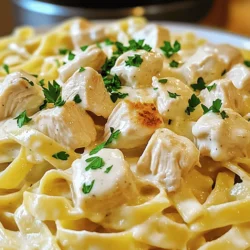 To make this dish, gather these key items: - 1 lb (450g) boneless, skinless chicken breasts, cut into bite-sized cubes - 2 tablespoons extra virgin olive oil - 2 cloves garlic, finely minced - 1 cup low-sodium chicken broth - 8 oz (225g) fettuccine pasta - 1 cup rich heavy cream - 1 cup freshly grated Parmesan cheese - 1 teaspoon Italian seasoning blend - Salt and freshly cracked black pepper to taste These ingredients create a creamy and rich sauce that makes the chicken Alfredo shine. You can elevate your dish with these garnishes: - Fresh parsley, finely chopped Adding chopped parsley gives a fresh touch and bright color to the meal. For this recipe, you will need the following tools: - Instant Pot - Wooden spoon - Measuring cups and spoons - Knife and cutting board These tools help ensure a smooth cooking process and make preparation easy. For the full recipe, check the complete instructions above! - Gather all your ingredients. - Cut the chicken into bite-sized cubes. - Mince the garlic finely. - Measure out the chicken broth and cream. - Grate the Parmesan cheese. 1. Sauté the Chicken: Turn on the sauté function of your Instant Pot. Heat the olive oil until it shimmers. Add the cubed chicken. Season it with salt, pepper, and Italian seasoning. Cook for about 4-5 minutes until it's lightly browned but not fully cooked. Remove the chicken and set it aside. 2. Cook Garlic: In the same pot, add the minced garlic. Sauté for about 30 seconds, stirring often. This step adds a nice flavor. Be careful not to burn the garlic. 3. Deglaze the Pot: Pour in the chicken broth. Use a wooden spoon to scrape any brown bits from the bottom. This is very important to avoid the burn notice. 4. Add Pasta and Chicken: Place the fettuccine on top of the broth. Make sure it is spread out evenly. Gently return the chicken to the pot. Do not stir; just ensure the pasta is under the liquid. 5. Pressure Cook: Close the lid tightly. Set the Instant Pot to high pressure for 8 minutes. 6. Release Pressure: After cooking, turn the valve to venting for a quick release. Open the lid carefully, keeping your face away from the steam. 7. Incorporate Cream and Cheese: Stir in the heavy cream and Parmesan cheese. Mix well until the sauce is creamy and smooth. 8. Adjust Seasoning: Taste and add more salt or pepper if needed. For a richer sauce, add more cream or cheese. 9. Serve: Serve the creamy chicken Alfredo in bowls. Top with chopped parsley for color and freshness. For the full recipe, check out the earlier section. Enjoy your delightful meal! To make the best Instant Pot Chicken Alfredo, avoid overcooking the chicken. This can make it tough. Sauté it until lightly browned, then set it aside. Also, watch the garlic. It can burn quickly. Stir it for only about 30 seconds. When adding the pasta, make sure it’s submerged in the broth. This stops it from sticking to the bottom. Use the sauté function wisely. Heat the olive oil until it shimmers before adding the chicken. This helps create a nice sear. Always deglaze the pot after cooking the garlic. Scraping up those bits adds flavor. For pressure cooking, ensure the lid is secure. This keeps the steam in and cooks your meal perfectly. Serve your Instant Pot Chicken Alfredo hot. Top it with fresh parsley for color. You can also add extra Parmesan for a cheesy kick. Pair it with a side salad or garlic bread. This makes for a well-rounded meal. For a fun twist, try adding steamed broccoli or peas to the dish. They add color and nutrients. You can find the full recipe above. {{image_4}} You can switch up the chicken in your Alfredo. Try shrimp for a seafood twist. Another tasty option is diced turkey. For a vegetarian dish, use firm tofu. Cook it the same way as chicken. Each protein gives a unique flavor. If you need gluten-free pasta, choose brown rice or corn-based fettuccine. These options cook well in the Instant Pot. You will still get a creamy sauce that tastes amazing. Just check the cooking time on the package. Adjust it if needed. Adding veggies makes this dish even better. Try spinach, broccoli, or peas. They add color and nutrition. For best results, add them right before pressure cooking. This way, they stay bright and crisp. Just mix them in after you release the pressure. You can use the Full Recipe as a guide for cooking times. Once your Instant Pot Chicken Alfredo cools, store it in an airtight container. This keeps it fresh for up to three days in the fridge. Make sure to let it cool to room temperature before sealing. If you want to enjoy it later, avoid adding extra cream and cheese until you reheat. You can freeze Chicken Alfredo for up to three months. Use a freezer-safe container or bag. If you freeze it, it’s best to omit the heavy cream and cheese beforehand. When you thaw it, you can add these ingredients back in for a creamy texture. To reheat, place the chicken Alfredo in a pot over low heat. Stir in a splash of chicken broth or cream to loosen the sauce. Heat until warm, stirring often. You can also use the microwave. Heat it in short bursts, stirring in between to ensure even heating. Enjoy your creamy dish as if it was fresh! For the full recipe, check the main article. You can replace cream with milk or a plant-based milk. Use a mix of broth and flour to thicken. Start with 1 cup of milk and 2 tablespoons of flour. Whisk them together before adding to the pot. This method keeps the sauce creamy without using heavy cream. Yes, you can use other pasta shapes like penne or rotini. Just make sure to adjust the cooking time. Thinner pasta cooks faster, while thicker pasta may need a minute or two more. Always check the package for guidance on cook times. To avoid the burn notice, deglaze the pot after sautéing. Scrape the bottom well to remove any bits stuck there. Also, ensure there is enough liquid in the pot. Use at least 1 cup of broth. This helps keep the Instant Pot from overheating and causing issues. In this blog post, we explored key ingredients and step-by-step instructions for your dish. You learned helpful tips to avoid mistakes and variations like gluten-free options. We also discussed storage tips to keep your meal fresh. Remember, cooking is about having fun. Don’t fear mistakes; they help you learn. Enjoy experimenting with flavors and make the recipe your own!