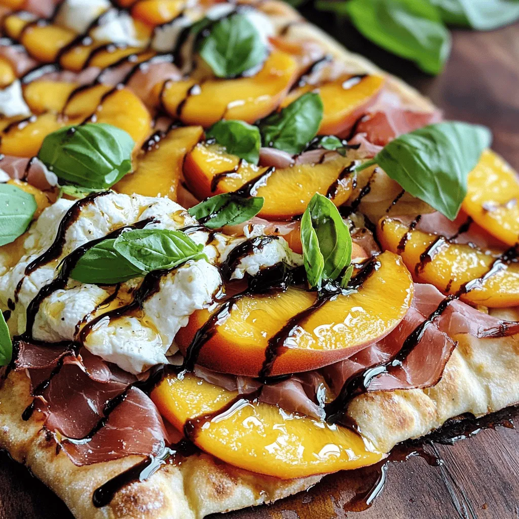 To make this flatbread, you need a few key items: - 1 large flatbread or pita bread - 2 ripe peaches, thinly sliced - 1 cup burrata cheese, torn into bite-sized pieces - 4 slices prosciutto, cut into strips - 2 tablespoons honey - 1 tablespoon balsamic reduction - Fresh basil leaves, for garnish - Olive oil, for drizzling - Salt and freshly ground black pepper, to taste These ingredients blend sweet and savory flavors. The peaches add freshness, while the prosciutto brings a salty kick. Burrata cheese offers creamy richness. You can personalize your flatbread with a few extra items: - Arugula for a peppery touch - Crushed red pepper flakes for heat - Goat cheese as an alternative to burrata - Walnuts or pecans for crunch These options let you play with flavors and textures. Choose what you like to make it your own. Keep these items handy for this and other recipes: - Olive oil for drizzling and cooking - Honey for sweetness - Balsamic vinegar for tang - Salt and pepper for seasoning Having these staples makes cooking easier. You can whip up many dishes quickly, enhancing your cooking skills. For the full recipe, check the detailed instructions. Start by gathering all your ingredients. You will need flatbread, peaches, burrata, prosciutto, honey, balsamic reduction, basil, olive oil, salt, and pepper. Make sure your oven is ready by preheating it to 400°F (200°C). This step is key for a crispy flatbread. Next, line a baking sheet with parchment paper. Place your flatbread on it. Drizzle olive oil over the flatbread. This not only adds flavor but also helps it crisp up nicely. Layer the thinly sliced peaches evenly on top. Be sure to give them space for even cooking. Now, take the burrata cheese and tear it into bite-sized pieces. Scatter these over the peaches. The creaminess of the cheese pairs well with the sweet peaches. Then, add the prosciutto strips on top. Arrange them in a way that looks good and tastes great. Sprinkle salt and freshly ground black pepper over your creation. This small touch can enhance all the flavors. Carefully place the flatbread in the oven. Bake it for about 10 to 12 minutes. Watch for the edges to turn golden and the cheese to melt. When the flatbread is done, take it out of the oven. Drizzle honey and balsamic reduction over the top. This adds a sweet and tangy flavor that ties everything together. Finally, add fresh basil leaves for a pop of color and aroma. Slice it into portions and serve warm. Enjoy your delicious Peach Burrata Prosciutto Flatbread! To get a crispy flatbread, start by using a high oven temperature. Preheat your oven to 400°F (200°C). This heat helps the flatbread crisp up nicely. Drizzle olive oil on the flatbread to add flavor and promote browning. Make sure to spread the oil evenly. When you bake, keep an eye on it. You want a golden edge, not burnt. Bake for about 10-12 minutes for the best result. You can play with flavors to make this dish unique. Try adding arugula for a peppery bite. Swap peaches for figs or nectarines for different sweetness. You can also mix in nuts like walnuts for crunch. A sprinkle of chili flakes adds heat. Experiment with herbs too. Fresh thyme or mint can give a nice twist to the dish. Pair this flatbread with a light, fruity white wine. A Sauvignon Blanc works well to balance the richness of the burrata. For a non-alcoholic option, try sparkling water with a splash of lemon. Sides like a simple green salad or roasted veggies can round out your meal. For a fun touch, serve with a charcuterie board to complement the flavors. If you want the full experience, check out the Full Recipe for detailed steps and tips! {{image_4}} You can switch fruits for a new taste. Try ripe figs or juicy strawberries. Each fruit brings its own flavor. For cheese, consider creamy goat cheese or tangy feta. Both add a unique twist to the dish. Mix and match to find your favorite combo. If you need a gluten-free option, use cauliflower flatbread. It has a light texture and works well with toppings. For low-carb choices, you can use zucchini slices or eggplant. These options keep the dish tasty while cutting carbs. You still get the same great flavors. To make this dish vegan, swap burrata with a cashew cheese spread. It mimics the creaminess of burrata. Replace prosciutto with marinated mushrooms or smoked tempeh for a savory kick. Use agave syrup instead of honey for sweetness. These changes keep the essence of the dish while making it plant-based. Check out the Full Recipe for more ideas! To keep your Peach Burrata Prosciutto Flatbread fresh, store it in the fridge. Use an airtight container to prevent moisture loss. Make sure it cools down first. This helps keep the flavors intact. Eat leftovers within two days for the best taste. When you want to enjoy your leftover flatbread, reheat it in the oven. Set your oven to 350°F (175°C). Place the flatbread on a baking sheet and cover it with foil. This keeps it from drying out. Heat for about 10 minutes. Check that the cheese is melty and the edges are crispy again. You can freeze the flatbread but without the toppings. Just bake it plain, let it cool, and wrap it tightly. Use plastic wrap and then foil to prevent freezer burn. This way, you can store it for up to a month. When you’re ready to eat, thaw it in the fridge overnight. Add your toppings and bake as usual. Enjoy the fresh flavors anytime! For the full recipe, click here. Yes, you can prepare the flatbread ahead of time. You can assemble it and store it in the fridge. Just wrap it well in plastic wrap. When you are ready to eat, bake it fresh. This keeps the flatbread crispy. If you don’t have burrata, you can use fresh mozzarella. Cream cheese is another option, though it won't have the same texture. Ricotta also works well and gives a creamy taste. Each choice adds its own flavor to the dish. To change the sweetness, add more or less honey. You can also use maple syrup for a different flavor. If you want less sweetness, cut back on the honey. You can balance it with more balsamic reduction for a tangy kick. Yes, grilling adds a nice smoky flavor. Preheat your grill and place the flatbread directly on the grates. Cook for about 5-7 minutes, checking often. Keep an eye on it to avoid burning. Use a grill-safe pan if needed. Enjoy that smoky taste! In this article, I covered how to make a Peach Burrata Prosciutto Flatbread. I shared the main and optional ingredients, as well as pantry staples. You learned step-by-step instructions for baking, tips for a perfect flatbread, and ways to customize this dish. Remember, you can make this flatbread personal with different flavors and textures. Enjoy experimenting with variations and storage tips for future meals. Happy cooking!