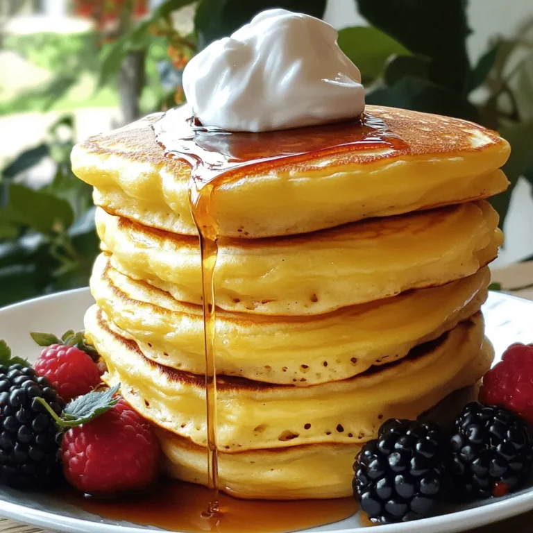 To make fluffy Japanese soufflé pancakes, gather these simple ingredients: - 1 cup all-purpose flour - 2 tablespoons granulated sugar - 1 teaspoon baking powder - 2 large eggs, yolks and whites separated - 1/2 cup whole milk - 1 teaspoon vanilla extract - 1/4 teaspoon cream of tartar - Butter, for greasing the pan - Maple syrup, whipped cream, and fresh fruit for serving Each ingredient plays a key role in making these pancakes light and airy. The all-purpose flour gives structure, while the eggs create fluffiness. The cream of tartar helps stabilize the egg whites. Using fresh ingredients always leads to the best flavor. I recommend using whole milk for richness. Make sure to have all ingredients ready before you start. This way, you can focus on the fun of cooking! You can find the full recipe for additional details and steps to create these delightful pancakes. First, sift the dry ingredients. You need 1 cup of flour, 2 tablespoons of sugar, and 1 teaspoon of baking powder. Sifting helps break up lumps. Next, mix the egg yolks with 1/2 cup of milk and 1 teaspoon of vanilla. Whisk until smooth. Gradually add the dry mix to the wet mix. Keep whisking until you have a smooth batter. Now, let's whip the egg whites. Add 1/4 teaspoon of cream of tartar to the egg whites. This helps stabilize them. Use an electric mixer to beat the whites. You want soft peaks, which should take about 2-3 minutes. Preheat a non-stick skillet on low heat. Lightly grease it with butter. Place a round mold on the skillet. Pour a scoop of batter into the mold, but do not overfill. Cover the skillet and cook for 4-5 minutes until golden brown. Carefully flip the pancake, removing the mold first. Cook for another 4-5 minutes. Repeat this until you finish the batter. You should get about 4 fluffy pancakes. Stack them on a plate and top with maple syrup, whipped cream, and fresh fruit for a delightful treat. For the full recipe, check out the section above. To make the best fluffy pancakes, the folding technique matters. When you mix the egg whites into the batter, do it gently. This keeps the air you whipped in. It helps the pancakes rise. Also, use room temperature ingredients. Warm eggs and milk mix better, giving you a smoother batter. Heat is key when cooking these pancakes. Set your stove to low heat. If it’s too hot, the outside will burn while the inside stays raw. Cook each side for about 4 to 5 minutes. The pancakes should rise and turn golden brown. Patience is essential here. For toppings, think maple syrup, fluffy whipped cream, and fresh fruits. Berries add nice color and flavor. Stack the pancakes high for a beautiful presentation. You can sprinkle powdered sugar on top for extra charm. Serve these fluffy delights for a fun brunch that will impress everyone. For the full recipe, check out the entire guide. {{image_4}} You can make these pancakes even more exciting with a few fun flavors. - Matcha-flavored pancakes: Add 1-2 tablespoons of matcha powder to the dry mix. This gives your pancakes a vibrant green color and a unique taste. Matcha is also packed with antioxidants. - Chocolate chip soufflé pancakes: Fold in 1/4 cup of mini chocolate chips into the batter before cooking. This adds a sweet touch that chocolate lovers will adore. The melted chocolate makes each bite heavenly. You can easily tweak the recipe for different diets. - Gluten-free alternatives: Use a gluten-free flour blend instead of all-purpose flour. Ensure it has a good binding agent, like xanthan gum, to maintain the pancake’s structure. - Vegan adaptations: Substitute eggs with 1/4 cup of unsweetened applesauce or a flax egg (1 tablespoon ground flaxseed mixed with 2.5 tablespoons water). Use plant-based milk instead of whole milk for a light texture. These variations and adjustments let you enjoy Fluffy Japanese Soufflé Pancakes in many delicious ways! For the complete recipe, check out the Full Recipe. To keep your pancakes fresh, store them in the fridge. Place them in an airtight container. This will help prevent them from drying out. They can last in the fridge for about three days. If you want to save them longer, you can freeze the pancakes. Wrap each pancake in plastic wrap, then place them in a freezer bag. This will keep them fresh for up to a month. When you're ready to eat them, just thaw them in the fridge overnight. You can reheat them in the microwave for about 30 seconds or warm them in a skillet on low heat. To check if your pancakes are still good, look for a few signs. If they smell off or have changed color, it’s best to throw them away. Fresh pancakes will have a soft, fluffy texture. When you reheat them, aim for the best texture. Heat them gently in a skillet or microwave. If using a microwave, put a damp paper towel over the pancakes. This keeps them moist while warming. Enjoy your pancakes warm, topped with syrup or fruit! Remember, fresh is always best for that lovely fluffy experience. The main ingredients for these pancakes are simple yet essential. They include: - 1 cup all-purpose flour - 2 tablespoons granulated sugar - 1 teaspoon baking powder - 2 large eggs, yolks and whites separated - 1/2 cup whole milk - 1 teaspoon vanilla extract - 1/4 teaspoon cream of tartar - Butter, for greasing the pan - Maple syrup, whipped cream, and fresh fruit for serving These components create a light and fluffy texture that makes these pancakes so special. To boost the fluffiness of your pancakes, follow these tips: - Make sure to beat the egg whites until they form soft peaks. This adds air to the batter. - Use room temperature ingredients. They mix better and create a smoother batter. - Be gentle when folding the egg whites into the batter. This preserves the air you whipped in. These methods help create the perfect soufflé pancake that rises beautifully. You can prepare the batter ahead of time. Just remember to store it in the fridge. However, soufflé pancakes taste best fresh. If you have leftovers, store them in an airtight container in the fridge. You can reheat them gently on a skillet. If you need an egg substitute, try these options: - 1/4 cup unsweetened applesauce per egg - 1/4 cup mashed banana per egg - 1 tablespoon ground flaxseed mixed with 2.5 tablespoons water per egg These alternatives can help you achieve a similar texture in your pancakes. These pancakes are best enjoyed fresh. However, you can store them in the fridge for up to two days. To check freshness, look for any off smells or changes in texture. If they seem fine, reheat gently before serving. Enjoy your delicious pancakes! You now have all the tools to make Fluffy Japanese Soufflé Pancakes. We covered the key ingredients, steps for preparation, and ways to make them extra fluffy. Remember to fold the batter gently and use room-temperature ingredients for the best results. You can also explore fun flavor variations and smart storage tips. Enjoy these pancakes freshly made or share them at brunch. With this guide, you can impress anyone with your cooking skills. Happy pancake making!