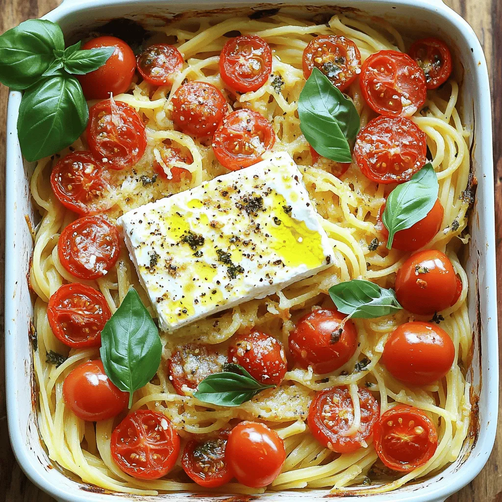 - 200g uncooked pasta (penne or fusilli recommended) - 200g block feta cheese - 300g halved cherry tomatoes - 1/4 cup olive oil - 4 cloves of minced garlic - 1 teaspoon dried oregano - 1/2 teaspoon red pepper flakes (optional) - Salt and pepper to taste - Fresh basil leaves for garnish - Grated Parmesan cheese for serving (optional) This dish brings a burst of flavor with simple ingredients. I love using penne or fusilli pasta because they hold the sauce well. A block of feta cheese adds creaminess when baked. The cherry tomatoes burst and sweeten as they roast, giving a nice contrast to the feta. Using high-quality olive oil enhances the richness. Minced garlic adds depth, turning this dish into a flavor bomb. Dried oregano brings in earthy notes, making it taste like home-cooked goodness. If you like heat, add the red pepper flakes for a kick. Salt and pepper are essential; they balance the dish. Fresh basil leaves not only add color but fresh flavor. Lastly, grated Parmesan cheese is a great option for serving. It brings extra richness that many enjoy. For the full recipe and detailed instructions, check out the [Full Recipe]. Set your oven temperature to 400°F (200°C). Preheating is key to roasting. In a medium baking dish, arrange 300g of halved cherry tomatoes. Place a 200g block of feta cheese in the center. Drizzle 1/4 cup of olive oil evenly over the tomatoes and feta. Sprinkle in 4 minced garlic cloves, 1 teaspoon of dried oregano, and 1/2 teaspoon of red pepper flakes if you like heat. Add salt and pepper to taste. Toss the tomatoes gently to coat them. Place the dish in the preheated oven. Roast for about 25-30 minutes. Look for the tomatoes to burst and the feta to turn golden and bubbly. While baking, bring a pot of salted water to a boil. Cook 200g of pasta until al dente. Reserve 1/2 cup of the starchy water, then drain the pasta. After baking, take the dish from the oven. Use a fork to mash the feta and mix it with the burst tomatoes. This forms a creamy sauce. Add the cooked pasta to the baking dish. Toss everything together until well mixed. If it seems thick, add some reserved pasta water for a creamier sauce. Serve warm, garnished with fresh basil leaves on top. For extra flavor, sprinkle on some grated Parmesan cheese if you wish. Enjoy your cheesy tomato delight pasta! For the complete recipe, check [Full Recipe]. To make baked feta pasta great, pick pasta that holds sauce well. I recommend penne or fusilli. Their shapes catch sauce and tomatoes, giving you more flavor in every bite. Both types are firm and cook nicely. This ensures a perfect match with the creamy feta and juicy tomatoes. You can take this dish to the next level with a few extras. Try adding spinach or zucchini for color and nutrients. You can also use sun-dried tomatoes for a tangy twist. For a richer taste, add olives or capers. Fresh herbs, like thyme or parsley, add brightness. Each adds depth and makes your dish shine even more. To make a creamy sauce, use reserved pasta water smartly. This water is starchy and helps bind the sauce. After mixing the feta and tomatoes, add a little pasta water at a time. Stir well until you reach your desired creaminess. This step is key for a luscious texture that coats your pasta perfectly. For the full recipe, visit the [Full Recipe]. {{image_4}} You can add more veggies to the baked feta pasta for extra flavor and nutrition. Here are some great options: - Spinach: Stir in fresh spinach before serving. It wilts quickly and adds color. - Zucchini: Slice zucchini into rounds and roast alongside the tomatoes. It adds a nice texture. - Bell Peppers: Chop bell peppers and mix them in for a sweet crunch. - Mushrooms: Add sliced mushrooms for an earthy flavor that pairs well with feta. For a heartier meal, consider adding a protein boost. Here are some tasty choices: - Grilled Chicken: Dice grilled chicken and mix it in. It adds a nice savory taste. - Shrimp: Sauté shrimp in garlic and olive oil, then toss with the pasta. It gives a seafood twist. - Tofu: For a plant-based option, use firm tofu. Cube it and bake with the other ingredients for a protein-packed meal. Feta cheese is amazing, but you can try other cheeses too. Here are some alternatives: - Goat Cheese: It adds a creamy tang that pairs well with tomatoes. - Ricotta: Use ricotta for a lighter, fluffier texture. Mix it in at the end. - Mozzarella: Fresh mozzarella adds a stretchy, melty element. Perfect for cheese lovers. Feel free to customize this dish based on your tastes. The full recipe will guide you through the perfect steps. Enjoy experimenting! To store leftovers, let the baked feta pasta cool first. Place it in an airtight container. This helps keep the flavors fresh. Store it in the fridge. It will last for 3 to 4 days. Make sure to check for any signs of spoilage before eating. To reheat, you can use the oven or microwave. For the oven, preheat it to 350°F (175°C). Place the pasta in an oven-safe dish. Cover it with foil to keep it moist. Heat for about 15-20 minutes. If using a microwave, put it in a microwave-safe bowl. Heat for 1-2 minutes, stirring halfway through. This keeps the flavors intact. You can freeze baked feta pasta for longer storage. Let it cool completely before freezing. Use a freezer-safe container or bag. It can last up to 3 months in the freezer. To thaw, place it in the fridge overnight. Reheat it on the stove or in the oven. This will help maintain the taste and texture. For the full recipe, check out the cooking steps provided. You can use goat cheese, ricotta, or even cream cheese as a feta substitute. Goat cheese gives a similar tangy flavor. Ricotta is creamier and milder. Cream cheese can work well if you want a richer taste. Each option adds a unique touch to the dish. Yes, this dish is already vegetarian! The main ingredients are pasta, tomatoes, and cheese. You can add more veggies, like spinach or bell peppers, for extra flavor and nutrition. Feel free to experiment with your favorite vegetables. To increase spice, add more red pepper flakes. For less heat, skip them entirely. You can also use mild peppers, like bell peppers, for flavor without the heat. Spice adjustments let you cater to your taste. Serve it warm straight from the baking dish for a cozy feel. You can also plate it elegantly with a drizzle of olive oil. Garnish with fresh basil leaves for a pop of color. A sprinkle of grated Parmesan adds richness and flavor. In this blog post, we explored how to make a delicious baked feta pasta. We covered the required ingredients, step-by-step instructions, and helpful tips. You learned how roasting the cheese and tomatoes creates a rich sauce and how to adjust it to your taste. Remember, you can add extra veggies or protein for more flavor. Proper storage and reheating keep leftovers tasty. With this simple recipe, you can create a satisfying meal. Enjoy your cooking journey and feel free to share your twists on the dish!