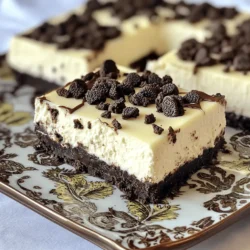 To make No Bake Oreo Cheesecake Bars, you need to gather a few simple ingredients. Here’s the list: - 24 Oreo cookies, finely crushed - 5 tablespoons unsalted butter, melted - 16 oz cream cheese, softened - 1 cup powdered sugar - 1 teaspoon pure vanilla extract - 1 cup heavy whipping cream - 10 Oreo cookies, coarsely chopped for garnish These ingredients bring together rich flavors and a creamy texture. The crushed Oreos create a delicious crust that pairs perfectly with the smooth cheesecake filling. The heavy cream adds a lightness to the mixture. When you combine these, you get a treat that everyone will love. Make sure your cream cheese is at room temperature. This helps it mix more easily with the other ingredients. You want a creamy and smooth filling, so avoid any lumps. If you follow this list closely, you’ll create a delightful dessert. For the full recipe, check out the link above. To start, combine 24 crushed Oreo cookies with 5 tablespoons of melted butter. Mix well until it looks like wet sand. Next, press this mixture firmly into a 9x9-inch baking pan. Use the back of a measuring cup to ensure it's even and compact. In a large bowl, beat 16 ounces of softened cream cheese until it’s smooth. This takes about two minutes. Gradually add 1 cup of powdered sugar and 1 teaspoon of vanilla extract. Keep mixing until it's blended well. In a separate bowl, whip 1 cup of heavy cream with an electric mixer. Keep beating until you see stiff peaks, which usually takes 2-3 minutes. Gently fold this whipped cream into the cream cheese mixture with a spatula. Do this until there are no white streaks left. Now, pour the creamy filling over your crust in the baking pan. Use a spatula to spread it evenly, filling every corner. Sprinkle 10 coarsely chopped Oreo cookies on top for extra crunch. Cover the pan tightly with plastic wrap. Place it in the fridge and let it chill for at least 4 hours. This helps the cheesecake set and firm up. Once it's set, carefully remove the cheesecake from the pan. Slice it into 9 bars to serve. For a fun touch, you can drizzle chocolate sauce or add a dollop of whipped cream on top. Enjoy your No Bake Oreo Cheesecake Bars! For the full recipe, check out the details above. To get the best texture in your No Bake Oreo Cheesecake Bars, start with cream cheese at room temperature. This will help it blend smoothly with the other ingredients. If you forget to take it out early, you can microwave it for about 10 seconds. Be careful not to overmix when you fold in the whipped cream. You want to keep that light and airy texture. Presentation can make your cheesecake bars even more appealing. Use a decorative platter to serve them. It adds a nice touch. You can also drizzle chocolate sauce on top or add a dollop of whipped cream. For extra flair, try garnishing with a whole Oreo cookie or a sprinkle of cacao nibs. A few common mistakes can affect your cheesecake bars. One mistake is not pressing the crust firmly enough. Make sure it is compact, so it holds the filling well. Another mistake is skipping the chilling time. This step is crucial for the cheesecake to set properly. Be patient and let it chill for at least four hours, or longer if you can wait. {{image_4}} You can add a layer of chocolate ganache for a rich twist. Melt chocolate and mix with cream to create the ganache. Pour it over the cheesecake layer before chilling. It adds depth and a sweet touch. You can also add peanut butter for a fun flavor. Just mix in some peanut butter with the cream cheese. This gives a nutty taste that pairs well with Oreos. If you want a different taste, try using graham cracker crumbs. Crush them finely and mix with melted butter like you do with Oreos. This will give your bars a unique flavor. You can also substitute with gluten-free Oreo cookies. This way, everyone can enjoy your treats, even those with dietary needs. To make these bars dairy-free, use dairy-free cream cheese. There are many brands available that taste great. You can also opt for sugar-free cookies and sweeteners. This way, you can enjoy the dessert without extra sugar. These options keep the recipe tasty while meeting different dietary needs. To keep your No Bake Oreo Cheesecake Bars fresh, store them in an airtight container. This helps prevent them from drying out. You can keep them in the refrigerator for up to 5 days. Just make sure to check for any signs of spoilage before serving. If you want to save some bars for later, freezing is a great option. Freeze the uncut bars for a longer shelf life. Wrap them tightly in plastic wrap or foil before placing them in the freezer. This helps keep them safe from freezer burn. When you're ready to enjoy your bars, take them out of the freezer. Allow them to thaw slowly in the refrigerator for a few hours. This keeps the texture smooth and creamy. Serve them chilled for the best flavor. You'll love how refreshing they taste! To make these bars, follow these steps: 1. In a bowl, mix 24 crushed Oreo cookies with 5 tablespoons of melted butter. 2. Press the mixture into a 9x9-inch baking pan to form the crust. 3. Beat 16 oz of softened cream cheese until smooth in a large bowl. 4. Gradually add 1 cup of powdered sugar and 1 teaspoon of vanilla extract. 5. In another bowl, whip 1 cup of heavy cream until stiff peaks form. 6. Gently fold the whipped cream into the cream cheese mixture until smooth. 7. Pour this filling over the crust and spread it evenly. 8. Top with 10 coarsely chopped Oreo cookies for added crunch. 9. Cover the pan with plastic wrap and chill for at least 4 hours. 10. Slice into bars and serve chilled. For the full recipe, check above. Yes, you can use other cookies! Here are some tasty options: - Chocolate wafer cookies for a richer flavor - Graham crackers for a classic taste - Vanilla wafers for a lighter twist Each cookie offers a unique taste and texture. Don't be afraid to mix and match! These bars can last up to 5 days in the fridge. To keep them fresh: - Store them in an airtight container. - Make sure they are well covered to avoid drying out. This way, you can enjoy them for a few days! Absolutely! You can make these bars a day ahead. Here’s how: - Prepare the cheesecake and chill it for at least 4 hours. - Keep it covered in the fridge until you’re ready to serve. This makes it perfect for parties or family gatherings! If you want a dairy-free or vegan option, try these alternatives: - Use dairy-free cream cheese for a similar taste. - Silken tofu blended until smooth works well too. - Cashew cream is a great option for a nutty flavor. These swaps let everyone enjoy this delicious treat! You can create delicious No Bake Oreo Cheesecake Bars with just a few simple steps. We covered the key ingredients, easy instructions, and helpful tips for perfecting your bars. Remember to chill them well for the best taste and texture. Feel free to get creative with variations to suit your taste. With these pointers, you will make a treat everyone can enjoy, simple and easy. Enjoy your cheesecake bars!