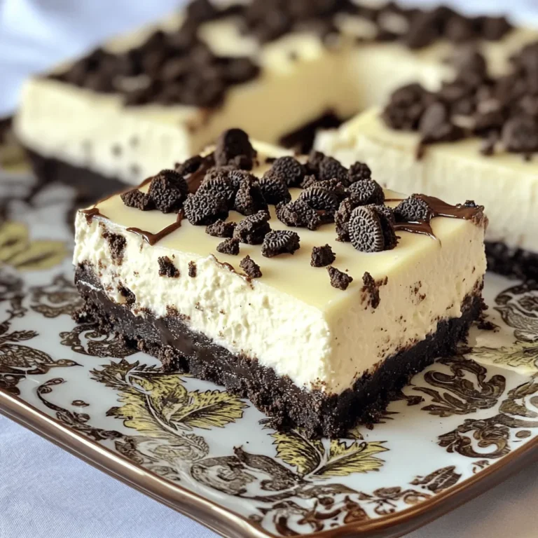 To make No Bake Oreo Cheesecake Bars, you need to gather a few simple ingredients. Here’s the list: - 24 Oreo cookies, finely crushed - 5 tablespoons unsalted butter, melted - 16 oz cream cheese, softened - 1 cup powdered sugar - 1 teaspoon pure vanilla extract - 1 cup heavy whipping cream - 10 Oreo cookies, coarsely chopped for garnish These ingredients bring together rich flavors and a creamy texture. The crushed Oreos create a delicious crust that pairs perfectly with the smooth cheesecake filling. The heavy cream adds a lightness to the mixture. When you combine these, you get a treat that everyone will love. Make sure your cream cheese is at room temperature. This helps it mix more easily with the other ingredients. You want a creamy and smooth filling, so avoid any lumps. If you follow this list closely, you’ll create a delightful dessert. For the full recipe, check out the link above. To start, combine 24 crushed Oreo cookies with 5 tablespoons of melted butter. Mix well until it looks like wet sand. Next, press this mixture firmly into a 9x9-inch baking pan. Use the back of a measuring cup to ensure it's even and compact. In a large bowl, beat 16 ounces of softened cream cheese until it’s smooth. This takes about two minutes. Gradually add 1 cup of powdered sugar and 1 teaspoon of vanilla extract. Keep mixing until it's blended well. In a separate bowl, whip 1 cup of heavy cream with an electric mixer. Keep beating until you see stiff peaks, which usually takes 2-3 minutes. Gently fold this whipped cream into the cream cheese mixture with a spatula. Do this until there are no white streaks left. Now, pour the creamy filling over your crust in the baking pan. Use a spatula to spread it evenly, filling every corner. Sprinkle 10 coarsely chopped Oreo cookies on top for extra crunch. Cover the pan tightly with plastic wrap. Place it in the fridge and let it chill for at least 4 hours. This helps the cheesecake set and firm up. Once it's set, carefully remove the cheesecake from the pan. Slice it into 9 bars to serve. For a fun touch, you can drizzle chocolate sauce or add a dollop of whipped cream on top. Enjoy your No Bake Oreo Cheesecake Bars! For the full recipe, check out the details above. To get the best texture in your No Bake Oreo Cheesecake Bars, start with cream cheese at room temperature. This will help it blend smoothly with the other ingredients. If you forget to take it out early, you can microwave it for about 10 seconds. Be careful not to overmix when you fold in the whipped cream. You want to keep that light and airy texture. Presentation can make your cheesecake bars even more appealing. Use a decorative platter to serve them. It adds a nice touch. You can also drizzle chocolate sauce on top or add a dollop of whipped cream. For extra flair, try garnishing with a whole Oreo cookie or a sprinkle of cacao nibs. A few common mistakes can affect your cheesecake bars. One mistake is not pressing the crust firmly enough. Make sure it is compact, so it holds the filling well. Another mistake is skipping the chilling time. This step is crucial for the cheesecake to set properly. Be patient and let it chill for at least four hours, or longer if you can wait. {{image_4}} You can add a layer of chocolate ganache for a rich twist. Melt chocolate and mix with cream to create the ganache. Pour it over the cheesecake layer before chilling. It adds depth and a sweet touch. You can also add peanut butter for a fun flavor. Just mix in some peanut butter with the cream cheese. This gives a nutty taste that pairs well with Oreos. If you want a different taste, try using graham cracker crumbs. Crush them finely and mix with melted butter like you do with Oreos. This will give your bars a unique flavor. You can also substitute with gluten-free Oreo cookies. This way, everyone can enjoy your treats, even those with dietary needs. To make these bars dairy-free, use dairy-free cream cheese. There are many brands available that taste great. You can also opt for sugar-free cookies and sweeteners. This way, you can enjoy the dessert without extra sugar. These options keep the recipe tasty while meeting different dietary needs. To keep your No Bake Oreo Cheesecake Bars fresh, store them in an airtight container. This helps prevent them from drying out. You can keep them in the refrigerator for up to 5 days. Just make sure to check for any signs of spoilage before serving. If you want to save some bars for later, freezing is a great option. Freeze the uncut bars for a longer shelf life. Wrap them tightly in plastic wrap or foil before placing them in the freezer. This helps keep them safe from freezer burn. When you're ready to enjoy your bars, take them out of the freezer. Allow them to thaw slowly in the refrigerator for a few hours. This keeps the texture smooth and creamy. Serve them chilled for the best flavor. You'll love how refreshing they taste! To make these bars, follow these steps: 1. In a bowl, mix 24 crushed Oreo cookies with 5 tablespoons of melted butter. 2. Press the mixture into a 9x9-inch baking pan to form the crust. 3. Beat 16 oz of softened cream cheese until smooth in a large bowl. 4. Gradually add 1 cup of powdered sugar and 1 teaspoon of vanilla extract. 5. In another bowl, whip 1 cup of heavy cream until stiff peaks form. 6. Gently fold the whipped cream into the cream cheese mixture until smooth. 7. Pour this filling over the crust and spread it evenly. 8. Top with 10 coarsely chopped Oreo cookies for added crunch. 9. Cover the pan with plastic wrap and chill for at least 4 hours. 10. Slice into bars and serve chilled. For the full recipe, check above. Yes, you can use other cookies! Here are some tasty options: - Chocolate wafer cookies for a richer flavor - Graham crackers for a classic taste - Vanilla wafers for a lighter twist Each cookie offers a unique taste and texture. Don't be afraid to mix and match! These bars can last up to 5 days in the fridge. To keep them fresh: - Store them in an airtight container. - Make sure they are well covered to avoid drying out. This way, you can enjoy them for a few days! Absolutely! You can make these bars a day ahead. Here’s how: - Prepare the cheesecake and chill it for at least 4 hours. - Keep it covered in the fridge until you’re ready to serve. This makes it perfect for parties or family gatherings! If you want a dairy-free or vegan option, try these alternatives: - Use dairy-free cream cheese for a similar taste. - Silken tofu blended until smooth works well too. - Cashew cream is a great option for a nutty flavor. These swaps let everyone enjoy this delicious treat! You can create delicious No Bake Oreo Cheesecake Bars with just a few simple steps. We covered the key ingredients, easy instructions, and helpful tips for perfecting your bars. Remember to chill them well for the best taste and texture. Feel free to get creative with variations to suit your taste. With these pointers, you will make a treat everyone can enjoy, simple and easy. Enjoy your cheesecake bars!