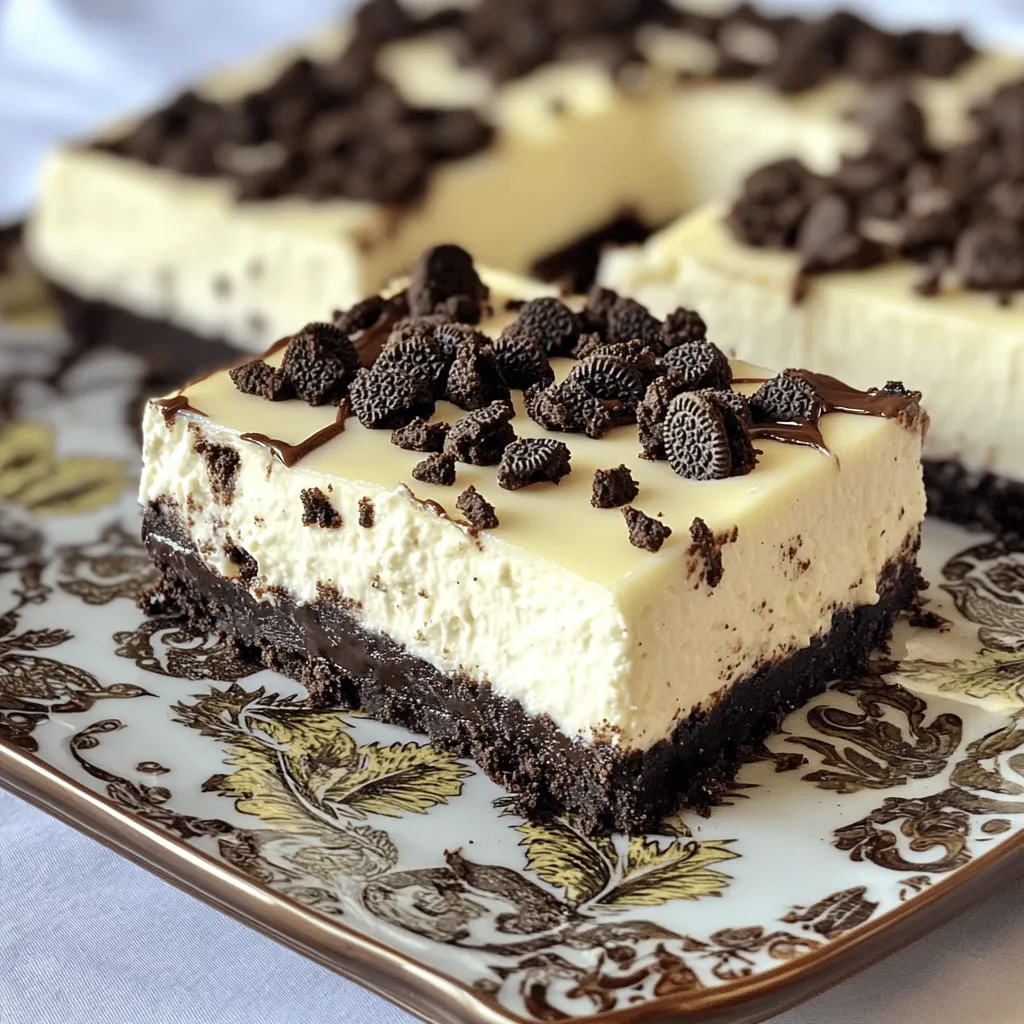 To make No Bake Oreo Cheesecake Bars, you need to gather a few simple ingredients. Here’s the list: - 24 Oreo cookies, finely crushed - 5 tablespoons unsalted butter, melted - 16 oz cream cheese, softened - 1 cup powdered sugar - 1 teaspoon pure vanilla extract - 1 cup heavy whipping cream - 10 Oreo cookies, coarsely chopped for garnish These ingredients bring together rich flavors and a creamy texture. The crushed Oreos create a delicious crust that pairs perfectly with the smooth cheesecake filling. The heavy cream adds a lightness to the mixture. When you combine these, you get a treat that everyone will love. Make sure your cream cheese is at room temperature. This helps it mix more easily with the other ingredients. You want a creamy and smooth filling, so avoid any lumps. If you follow this list closely, you’ll create a delightful dessert. For the full recipe, check out the link above. To start, combine 24 crushed Oreo cookies with 5 tablespoons of melted butter. Mix well until it looks like wet sand. Next, press this mixture firmly into a 9x9-inch baking pan. Use the back of a measuring cup to ensure it's even and compact. In a large bowl, beat 16 ounces of softened cream cheese until it’s smooth. This takes about two minutes. Gradually add 1 cup of powdered sugar and 1 teaspoon of vanilla extract. Keep mixing until it's blended well. In a separate bowl, whip 1 cup of heavy cream with an electric mixer. Keep beating until you see stiff peaks, which usually takes 2-3 minutes. Gently fold this whipped cream into the cream cheese mixture with a spatula. Do this until there are no white streaks left. Now, pour the creamy filling over your crust in the baking pan. Use a spatula to spread it evenly, filling every corner. Sprinkle 10 coarsely chopped Oreo cookies on top for extra crunch. Cover the pan tightly with plastic wrap. Place it in the fridge and let it chill for at least 4 hours. This helps the cheesecake set and firm up. Once it's set, carefully remove the cheesecake from the pan. Slice it into 9 bars to serve. For a fun touch, you can drizzle chocolate sauce or add a dollop of whipped cream on top. Enjoy your No Bake Oreo Cheesecake Bars! For the full recipe, check out the details above. To get the best texture in your No Bake Oreo Cheesecake Bars, start with cream cheese at room temperature. This will help it blend smoothly with the other ingredients. If you forget to take it out early, you can microwave it for about 10 seconds. Be careful not to overmix when you fold in the whipped cream. You want to keep that light and airy texture. Presentation can make your cheesecake bars even more appealing. Use a decorative platter to serve them. It adds a nice touch. You can also drizzle chocolate sauce on top or add a dollop of whipped cream. For extra flair, try garnishing with a whole Oreo cookie or a sprinkle of cacao nibs. A few common mistakes can affect your cheesecake bars. One mistake is not pressing the crust firmly enough. Make sure it is compact, so it holds the filling well. Another mistake is skipping the chilling time. This step is crucial for the cheesecake to set properly. Be patient and let it chill for at least four hours, or longer if you can wait. {{image_4}} You can add a layer of chocolate ganache for a rich twist. Melt chocolate and mix with cream to create the ganache. Pour it over the cheesecake layer before chilling. It adds depth and a sweet touch. You can also add peanut butter for a fun flavor. Just mix in some peanut butter with the cream cheese. This gives a nutty taste that pairs well with Oreos. If you want a different taste, try using graham cracker crumbs. Crush them finely and mix with melted butter like you do with Oreos. This will give your bars a unique flavor. You can also substitute with gluten-free Oreo cookies. This way, everyone can enjoy your treats, even those with dietary needs. To make these bars dairy-free, use dairy-free cream cheese. There are many brands available that taste great. You can also opt for sugar-free cookies and sweeteners. This way, you can enjoy the dessert without extra sugar. These options keep the recipe tasty while meeting different dietary needs. To keep your No Bake Oreo Cheesecake Bars fresh, store them in an airtight container. This helps prevent them from drying out. You can keep them in the refrigerator for up to 5 days. Just make sure to check for any signs of spoilage before serving. If you want to save some bars for later, freezing is a great option. Freeze the uncut bars for a longer shelf life. Wrap them tightly in plastic wrap or foil before placing them in the freezer. This helps keep them safe from freezer burn. When you're ready to enjoy your bars, take them out of the freezer. Allow them to thaw slowly in the refrigerator for a few hours. This keeps the texture smooth and creamy. Serve them chilled for the best flavor. You'll love how refreshing they taste! To make these bars, follow these steps: 1. In a bowl, mix 24 crushed Oreo cookies with 5 tablespoons of melted butter. 2. Press the mixture into a 9x9-inch baking pan to form the crust. 3. Beat 16 oz of softened cream cheese until smooth in a large bowl. 4. Gradually add 1 cup of powdered sugar and 1 teaspoon of vanilla extract. 5. In another bowl, whip 1 cup of heavy cream until stiff peaks form. 6. Gently fold the whipped cream into the cream cheese mixture until smooth. 7. Pour this filling over the crust and spread it evenly. 8. Top with 10 coarsely chopped Oreo cookies for added crunch. 9. Cover the pan with plastic wrap and chill for at least 4 hours. 10. Slice into bars and serve chilled. For the full recipe, check above. Yes, you can use other cookies! Here are some tasty options: - Chocolate wafer cookies for a richer flavor - Graham crackers for a classic taste - Vanilla wafers for a lighter twist Each cookie offers a unique taste and texture. Don't be afraid to mix and match! These bars can last up to 5 days in the fridge. To keep them fresh: - Store them in an airtight container. - Make sure they are well covered to avoid drying out. This way, you can enjoy them for a few days! Absolutely! You can make these bars a day ahead. Here’s how: - Prepare the cheesecake and chill it for at least 4 hours. - Keep it covered in the fridge until you’re ready to serve. This makes it perfect for parties or family gatherings! If you want a dairy-free or vegan option, try these alternatives: - Use dairy-free cream cheese for a similar taste. - Silken tofu blended until smooth works well too. - Cashew cream is a great option for a nutty flavor. These swaps let everyone enjoy this delicious treat! You can create delicious No Bake Oreo Cheesecake Bars with just a few simple steps. We covered the key ingredients, easy instructions, and helpful tips for perfecting your bars. Remember to chill them well for the best taste and texture. Feel free to get creative with variations to suit your taste. With these pointers, you will make a treat everyone can enjoy, simple and easy. Enjoy your cheesecake bars!