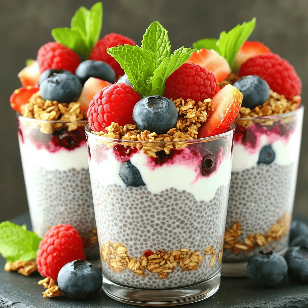To make berry chia pudding parfaits, gather these simple ingredients: - 1 cup almond milk (or any milk of choice) - 1/4 cup chia seeds - 2 tablespoons maple syrup (or honey) - 1 teaspoon vanilla extract - 1 cup mixed berries (strawberries, blueberries, raspberries) - 1/2 cup granola - Fresh mint leaves for garnish Each ingredient brings unique health benefits: - Chia seeds are high in fiber and omega-3 fatty acids. They aid digestion and support heart health. - Almond milk is low in calories and rich in vitamins. It offers a dairy-free option for those with lactose issues. - Berries are packed with vitamins and antioxidants. They help fight inflammation and boost immunity. - Granola adds crunch and fiber. Choose a low-sugar option for a healthier choice. - Maple syrup or honey provides natural sweetness without refined sugars. You can easily swap ingredients to fit your taste or needs. - Use coconut milk or oat milk instead of almond milk. - Try sunflower seeds or flaxseeds in place of chia seeds. - Swap maple syrup for agave nectar for a vegan option. - Mix in your favorite fruits like mango or peaches instead of berries. - Use nut-free granola for a nut allergy-friendly parfait. For the complete recipe, check out the Full Recipe. To make berry chia pudding parfaits, start by gathering your ingredients. You will need almond milk, chia seeds, maple syrup, vanilla extract, mixed berries, granola, and fresh mint leaves. In a medium bowl, mix the almond milk, chia seeds, maple syrup, and vanilla extract. Whisk until everything is well combined. Then, cover the bowl with plastic wrap or a lid. Place it in the refrigerator to chill for at least 4 hours. For the best results, chill it overnight. This waiting time helps the chia seeds absorb the liquid and turn into a creamy pudding. Why is refrigeration so important? Chilling allows the chia seeds to expand. They soak up the liquid and create a thick, pudding-like texture. If you skip this step, your chia pudding will be runny and not as enjoyable. I recommend letting it sit overnight. This gives the seeds enough time to work their magic. Plus, you can prepare it in advance for busy days! Now comes the fun part: layering! Take your chilled chia pudding and stir it well. This breaks up any clumps and ensures a smooth texture. Grab some glasses or bowls and start with a scoop of chia pudding at the bottom. Next, add a handful of fresh mixed berries. Then, sprinkle on a layer of crunchy granola. Repeat this process. Add more chia pudding, then more berries, and finish with another layer of granola. The top layer should proudly display the bright berries. For an extra touch, garnish with fresh mint leaves. This adds color and makes your parfait look beautiful. Enjoy your berry chia pudding parfaits right away for a tasty and healthy snack! To get the best texture for your chia pudding, start with the right ratio. Use 1/4 cup of chia seeds for every cup of liquid. This ratio helps the seeds absorb the liquid fully. Mix the ingredients well to avoid clumps. After chilling, stir the pudding again to break up any lumps. This step is key for a smooth feel. You can boost the flavor of your parfaits easily. Try adding a pinch of sea salt to your chia mixture. This brings out the sweetness of the maple syrup or honey. You can also mix in spices like cinnamon or nutmeg for warmth. Want more berry flavor? Blend some of the berries into a sauce and drizzle it between layers. This adds a fun twist to your parfait. Make your parfaits look as good as they taste. Use clear glasses to show off the layers. Start with a layer of chia pudding, followed by berries and granola. Repeat until you reach the top. Finish with a vibrant layer of berries. A sprig of fresh mint on top adds a lovely touch. You can even use edible flowers for a fancy look. These ideas make your berry chia pudding parfaits stand out at any gathering! {{image_4}} You can switch up the berries for other fruits. Try bananas, mangoes, or peaches. Each fruit adds its own taste and color. Mix and match for fun. For a tropical twist, use coconut and pineapple. This makes your parfaits exciting and fresh. To keep it vegan, use maple syrup instead of honey. Almond milk works great, but any plant milk is fine. For gluten-free options, ensure your granola is certified gluten-free. This way, everyone can enjoy your parfaits without worry. You can add spices for extra flavor. Cinnamon or nutmeg gives warmth. Try a splash of almond or coconut extract for a different taste. These small changes make a big impact. Experiment with flavors to find your favorite mix! To keep your berry chia pudding parfaits fresh, store them in airtight containers. This helps prevent them from absorbing other flavors in the fridge. It is best to layer your parfaits just before serving. If you have leftover chia pudding, you can save that separately. Always keep the granola apart to keep its crunch. You can refrigerate chia pudding for up to five days. Freezing is not the best option, as the texture may change. If you freeze it, the pudding may become grainy when thawed. Instead, enjoy it fresh from the fridge. If you want to keep it longer, consider only making what you will eat in a few days. Most ingredients in this recipe have a good shelf life. Chia seeds can last for years if stored in a cool, dry place. Almond milk usually lasts about a week after opening. Fresh berries should be eaten within three to five days. Always check for mold or spoilage before you use any ingredient. For the full recipe, refer back to the beginning. Chia pudding parfaits can last for about 3 to 5 days in the fridge. Keep them covered to stop them from drying out. If you notice any changes in smell or texture, it’s best to discard them. Freshness is key for taste and nutrition! Yes, you can prepare chia pudding parfaits in advance! Make them the night before for a quick breakfast. They taste even better after chilling. Just layer the parfaits and store them in the fridge. This makes morning meals easy and delicious. The best milk for chia pudding really depends on your taste. Almond milk adds a nutty flavor. Coconut milk makes it creamy and rich. You can also use soy or oat milk for a plant-based option. Each milk gives a unique taste and texture to your parfait. This post covered how to make chia pudding parfaits. You learned about key ingredients, their benefits, and tasty substitutes. I shared steps for perfect prep and refrigeration. You got tips for texture and flavor that enhance your recipe. We also explored storage methods and common FAQs. Chia pudding parfaits are simple, healthy, and fun to make. Experiment with your favorite flavors and enjoy your creations!