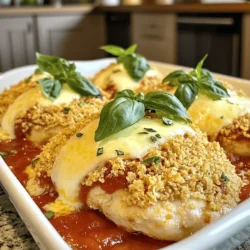 - 4 boneless, skinless chicken breasts - 1 cup all-purpose flour - 2 large eggs - 1 cup Italian-seasoned bread crumbs - 1 cup marinara sauce - 2 cups shredded mozzarella cheese - 1/2 cup grated Parmesan cheese (divided) - 2 tablespoons fresh basil, finely chopped - 1 teaspoon garlic powder - 1 teaspoon onion powder - Salt and freshly ground black pepper to taste - Olive oil spray Each serving of baked chicken parmesan has about 400 calories. It packs around 30 grams of protein, 20 grams of fat, and 25 grams of carbs. This dish is filling and offers a good balance of nutrients. You can enjoy it as a hearty meal. For more detailed nutritional breakdowns, check the Full Recipe. I love these ingredients because they work together so well. The chicken stays juicy and tender. The bread crumbs give a nice crunch. The cheese melts beautifully, creating that gooey texture we all crave. Don't forget to season well; it makes a big difference! Preheat the Oven and Prep Baking Dish First, set your oven to 375°F (190°C). While it heats, grab your baking dish. Lightly spray it with olive oil. This helps the chicken not stick and gives it a nice golden color. Prepare and Season the Chicken Use a paper towel to pat the chicken breasts dry. This step is key to getting the seasonings to stick. Season both sides with salt, black pepper, garlic powder, and onion powder. This adds great flavor to the chicken. Set Up the Breading Station Now, it’s time to create a breading station. You need three shallow dishes: - In the first dish, add 1 cup of all-purpose flour. - In the second dish, crack open 2 large eggs and whisk them well. - In the third dish, mix 1 cup of Italian-seasoned bread crumbs with 1/4 cup of grated Parmesan cheese. This mix gives the chicken extra taste. Bread the Chicken Thoroughly Take a seasoned chicken breast and dip it in the flour. Make sure to shake off the extra flour. Next, dip it in the eggs, letting the excess drip back into the bowl. Finally, coat it with the bread crumb mixture, pressing gently to help it stick. Arrange in Baking Dish and Spray Place the breaded chicken breasts in your baking dish in a single layer. Lightly spray the tops with olive oil. This helps them crisp up nicely in the oven. Bake the Chicken and Add Marinara Sauce Put the dish in your preheated oven. Bake for 25-30 minutes, until the chicken reaches 165°F (75°C). When it’s done, take it out and spoon marinara sauce over each piece. Make sure each piece is well-coated. Top with Cheese and Final Bake Sprinkle shredded mozzarella cheese over the marinara. Add the rest of the grated Parmesan on top. This combo will melt beautifully. Rest and Garnish Put the dish back in the oven for 10-15 minutes. Wait until the cheese is melted and bubbly. After baking, let the chicken rest for a few minutes. Just before serving, sprinkle with fresh basil for a pop of color. For the full recipe, check out the detailed steps above! To boost flavor, try adding herbs like oregano and thyme. These herbs add depth and freshness. You can also mix in some fresh parsley for a bright touch. Different cheeses can change the taste too. Use provolone for a sharper bite or ricotta for creaminess. Experimenting with cheese keeps the dish exciting. To keep your chicken moist, start by patting it dry. This helps the seasoning stick. Also, avoid overbaking. Check the chicken's internal temperature; it should be 165°F (75°C). For a crispy crust, use olive oil spray. This helps the breading crisp up without excess grease. Bake until golden for the best crunch. Pair your baked chicken parmesan with sides that complement its flavors. A simple arugula salad adds a nice touch. Serve it on a bed of sautéed spinach for vibrancy. For plating, drizzle extra marinara sauce around the chicken. Sprinkle fresh basil on top for color and aroma. This makes the dish look as great as it tastes! For the full recipe, check the section above. {{image_4}} You can make baked chicken parmesan even healthier with simple swaps. - Whole wheat bread crumbs: These add fiber and nutrients. They also keep the dish crunchy. - Turkey or plant-based options: Turkey is leaner than chicken. Plant-based options like tofu or tempeh can also work well. They absorb flavors nicely. You have options for how you cook this dish. - Air frying vs. baking: Air frying gives you a crispy texture with less oil. It cooks faster too. Baking is more traditional and allows for a juicy chicken. - Grilling for a lighter option: Grilling adds a smoky flavor. It also reduces the fat content. Just season your chicken well before grilling. You can switch up the flavors for a new twist. - Adding different sauces: Try using pesto or alfredo instead of marinara. They bring unique tastes to the dish. - Incorporating vegetables for nutrition: Mix in some spinach, bell peppers, or zucchini. They add color and nutrients. Plus, the veggies pair well with the cheese and sauce. Explore these variations to make baked chicken parmesan truly your own. For a complete guide, check the Full Recipe to see how these changes fit in! To store leftover baked chicken parmesan, let it cool first. Place it in an airtight container. This keeps it moist and tasty. You can refrigerate it for about 3 to 4 days. If you want to freeze the dish, first wait for it to cool. Cut it into portions. Wrap each piece tightly in plastic wrap. Then place the wrapped pieces in a freezer bag. This helps keep out air. Baked chicken parmesan can last up to 3 months in the freezer. When you're ready to eat, thaw it in the fridge overnight. To reheat, place it in the oven at 350°F (175°C) for about 20 minutes. This helps it heat evenly and stay crispy. You can also use a microwave, but the oven gives better results. This dish is great for meal prep. You can make it ahead of time for busy weeks. Just freeze portions after baking. When you’re ready to serve, reheat and enjoy! Serve it with a side of pasta or a fresh salad. This adds color and nutrition to your meal. You can also drizzle more marinara sauce on top for extra flavor. How long does baked chicken parmesan take to cook? Baked chicken parmesan takes about 50 minutes in total. This includes 15 minutes for prep and 35 minutes for baking. You want to ensure the chicken reaches 165°F inside. Can I make this recipe gluten-free? Yes, you can! Use gluten-free flour and gluten-free bread crumbs. These swaps work well and keep the dish tasty. What should I serve with baked chicken parmesan? Serve it with a simple salad or pasta. Garlic bread also makes a great side. You can also add sautéed veggies for extra flavor. What can I substitute for marinara sauce? You can use pesto or Alfredo sauce instead of marinara. Both add their unique flavors and make the dish special. Alternatives for chicken breasts? You can use chicken thighs for more flavor. You can also try turkey cutlets or even eggplant for a plant-based option. How to tell if the chicken is fully cooked? Check the internal temperature with a meat thermometer. It should reach 165°F. The juices should also run clear. Can I store leftovers? How long do they last? Yes, store leftovers in an airtight container. They last about 3 to 4 days in the fridge. You can also freeze them for up to 3 months. In this post, I covered how to make baked chicken Parmesan from start to finish. We explored the needed ingredients, the step-by-step cooking process, and tips for serving. I shared ways to adjust flavors, explore variations, and properly store your dish. You can now create a delicious meal that pleases many. Enjoy experimenting with flavors and share your tasty results!