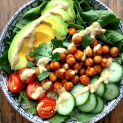 - 1 can (15 oz) chickpeas, thoroughly drained and rinsed - 1 cup quinoa, well-rinsed - 1 cup cherry tomatoes, halved for freshness - 1 cucumber, coarsely diced - 1 ripe avocado, neatly sliced - 2 cups fresh spinach or a mix of seasonal greens The foundation of a Spicy Chickpea Buddha Bowl is its main ingredients. Chickpeas provide protein and fiber. Quinoa adds a nutty taste and complete protein. Fresh vegetables bring color and crunch. Cherry tomatoes burst with sweet flavor. Cucumber cools the bowl, while avocado gives creaminess. Spinach or greens add a fresh touch and nutrients. - 2 tablespoons extra virgin olive oil - 1 teaspoon smoked paprika - 1/2 teaspoon cayenne pepper (adjust according to heat preference) - 1 teaspoon garlic powder - Sea salt and freshly cracked black pepper to taste Spices transform this bowl into a flavor explosion. Smoked paprika adds a warm, smoky taste. Cayenne pepper gives it a spicy kick. Garlic powder enhances the depth of flavor. The olive oil helps the spices stick and adds richness. Sea salt and pepper balance the dish, pulling all the tastes together. - 1/4 cup creamy tahini - 2 tablespoons freshly squeezed lemon juice - Water, as needed to adjust tahini consistency The tahini sauce is the star of this bowl. Tahini adds a nutty creaminess. Lemon juice brightens the sauce with a tangy taste. You may need water to get the right texture. The sauce should be smooth and pourable. It ties all the ingredients together, making each bite delightful. For the full recipe, visit [Full Recipe]. - Preheat the oven: Start by setting your oven to 400°F (200°C). This heat helps to make the chickpeas crispy. - Prepare the quinoa: Rinse 1 cup of quinoa under cold water. This removes any bitter taste. In a medium saucepan, add the quinoa and 2 cups of vegetable broth or water. - Spice and roast chickpeas: In a bowl, mix 1 can of drained chickpeas with 2 tablespoons olive oil, 1 teaspoon smoked paprika, 1/2 teaspoon cayenne pepper, 1 teaspoon garlic powder, and salt and pepper. Toss them until coated. Spread the chickpeas on a baking sheet. Roast for 25-30 minutes, shaking the pan halfway. They should be golden and crispy. - Cook quinoa as per instructions: Bring the quinoa mixture to a boil over medium heat. Once boiling, cover and reduce the heat to low. Let it simmer for about 15 minutes until the quinoa is fluffy and has absorbed all the liquid. - Layering the ingredients: In serving bowls, start with a base of fluffy quinoa. Add fresh spinach, then a generous scoop of roasted chickpeas. Top with halved cherry tomatoes, diced cucumber, and slices of avocado. - Drizzling tahini sauce: In a small bowl, whisk together 1/4 cup tahini and 2 tablespoons lemon juice. Add water to reach a smooth consistency. Drizzle this sauce over your bowl, making it rich and tasty. This recipe is full of flavors and good for you. For the complete instructions, see the Full Recipe. To make your chickpeas crunchy, roasting is key. Here are some tips: - Drain and Rinse: Always drain and rinse the chickpeas well before cooking. This helps remove excess sodium and makes them crispier. - Use Olive Oil: Toss the chickpeas with olive oil. It helps the spices stick, and they roast better. - High Heat: Roast your chickpeas at 400°F (200°C). This temperature gives them a nice crunch. - Shake the Pan: Halfway through roasting, shake the pan. This ensures even cooking. Adjust the heat by changing the cayenne pepper amount. If you like spice, add more. If you prefer milder flavors, reduce it. Spices can be personal. Experiment until you find your perfect balance. Cooking quinoa can be tricky. Here’s how to ensure it’s fluffy and delicious: - Rinse Well: Always rinse quinoa before cooking. This removes a bitter coating called saponin. - Use Broth: For extra flavor, cook quinoa in vegetable broth. It adds depth to the dish. - Water Ratio: Use a 2:1 ratio of liquid to quinoa. This helps it cook evenly and absorb flavors. If you want a twist, try cooking quinoa in coconut milk or tomato juice. These alternatives give new flavors to your Buddha bowl. Presentation makes the meal more fun. Here are some ideas: - Layering: Start with quinoa at the bottom. Add spinach, then top with chickpeas and veggies. This creates a colorful display. - Garnishing: Finish with a drizzle of tahini sauce. Add fresh herbs like cilantro or parsley for a pop of color. - Vibrant Bowls: Use bright bowls that match the meal's colors. It adds joy to your dining experience. For a final touch, sprinkle toasted sesame seeds on top. They add crunch and flavor, making your bowl even more delightful. {{image_4}} You can mix up your grains for a fun twist. Instead of quinoa, try brown rice or farro. Both add great texture and flavor. You can also swap chickpeas for black beans or lentils. Each option brings its own taste. When it comes to vegetables, use what you love or what’s in season. Roasted sweet potatoes, bell peppers, or zucchini work well. Fresh herbs like basil or mint can brighten the bowl. Don't hesitate to get creative! If tahini isn’t your favorite, try a yogurt-based dressing. It adds creaminess and tang. A simple lemon vinaigrette can also work wonders. Combine olive oil, lemon juice, and a pinch of salt for a zesty kick. For added flavor, mix in some crushed garlic or a splash of hot sauce. You can also fold in avocado for an extra creamy texture. These small changes can make a big difference. In summer, use fresh, colorful veggies for a light touch. Think ripe tomatoes, cucumbers, and fresh herbs. These ingredients feel refreshing and bright. In winter, focus on heartier vegetables. Roasted carrots, Brussels sprouts, or butternut squash will warm you up. They’re perfect for a cozy meal that satisfies. You can adjust the spices to match the season too, using warming spices like cumin or cinnamon in cooler months. Remember to check out the Full Recipe for all the details! To keep your spicy chickpea Buddha bowl fresh, follow these steps: - Let the bowl cool to room temperature. - Place leftovers in airtight containers. - Store in the fridge for up to 3 days. I recommend using glass containers. They are great for storing food. They keep flavors intact and are easy to clean. You can freeze both chickpeas and quinoa. Here’s how: - For chickpeas, spread them in a single layer on a baking sheet. - Freeze for 1-2 hours, then transfer to a freezer bag. - For quinoa, let it cool, then scoop into containers or bags. When you want to use them, thaw in the fridge overnight. Reheat chickpeas in the oven. Warm quinoa in the microwave or on the stove. In the fridge, the Buddha bowl lasts about 3 days. Check for signs of spoilage: - Smell: If it smells off, toss it. - Texture: If the greens are slimy, it’s time to let go. - Color: Discoloration is a red flag. Storing it right helps you enjoy every bite of this wholesome meal. A Buddha bowl is a colorful and nutritious meal. It usually has a base of grains, like quinoa. You can add a variety of fresh veggies. Common toppings include chickpeas, nuts, and seeds. The goal is to create a balanced meal. You want to include protein, healthy fats, and fiber. Yes, you can make this recipe vegan. The main ingredients are already plant-based. Just ensure the tahini sauce has no dairy. You can swap any non-vegan items with plant-based options. For example, use vegetable broth instead of chicken broth. To adjust this recipe for meal prep, batch cook your ingredients. Make a larger portion of quinoa and chickpeas. Store them in separate containers. This keeps the flavors fresh. For portion control, use meal prep containers. Divide each component into equal servings. This makes it easy to grab a meal during the week. The chickpeas in this bowl are rich in protein and fiber. They help keep you full longer. Spinach and other greens provide vitamins and minerals. These ingredients also promote good health. Eating a variety of colors boosts nutrition. Each color represents different nutrients. This bowl is not just tasty; it’s a healthy choice too. This blog post covered how to make a Spicy Chickpea Buddha Bowl. We explored key ingredients, spices, and the tahini sauce. The step-by-step guide walked through preparation, cooking, and assembly. I shared tips for perfecting chickpeas and quinoa, plus ideas for variations and storage. In essence, you can create a tasty, healthy dish easily. Experiment with ingredients and find your favorite flavors. This bowl is not just a meal; it’s a canvas for your creativity. Enjoy healthy eating!