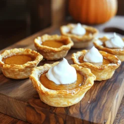 To make mini pumpkin pies, gather these simple ingredients: - 1 cup canned pumpkin puree - ½ cup brown sugar - ½ teaspoon ground cinnamon - ¼ teaspoon ground nutmeg - ¼ teaspoon ground ginger - ¼ teaspoon salt - 2 large eggs - 1 cup evaporated milk - 1 package pre-made pie crust (or create your own from scratch) - Whipped cream, for serving Measuring your ingredients accurately is key for great taste. Use a liquid measuring cup for the pumpkin and milk. A dry measuring cup works best for the sugar and spices. If you do not have brown sugar, you can use white sugar. For eggs, you can substitute with flax eggs if needed. If you want a lighter crust, use phyllo dough instead of pie crust. Using good ingredients makes a big difference. Fresh spices will give your pies a brighter flavor. Canned pumpkin puree is fine, but make sure it is pure pumpkin with no added sugar. Quality eggs and milk also add richness. Always choose the best ingredients you can find for the best results. Quality matters in every bite! Enjoy the process and let each ingredient shine through in your mini pumpkin pies. Start by preheating your oven to 375°F (190°C). This helps cook the mini pies evenly. A hot oven ensures the crust gets nice and crispy. In a large bowl, mix together the pumpkin puree, brown sugar, cinnamon, nutmeg, ginger, and salt. Stir until everything blends well. The mixture should be smooth and creamy. In another bowl, whisk the eggs until they are light and fluffy. Gradually add the evaporated milk, mixing until it is smooth. Pour this egg mixture into the pumpkin mix. Stir gently until it is well combined with no lumps. Lightly flour a clean surface. Roll out the pie crust until it’s the thickness you like. Use a cookie cutter or the rim of a glass to cut circles about 4-5 inches wide. Place each circle into a greased muffin tin. Press them down gently to form small pie shells. Use a spoon to fill each crust with the pumpkin filling, filling them about ¾ full to prevent spills. Place the muffin tin in your preheated oven. Bake the mini pies for 25-30 minutes. They are done when the filling is set. A toothpick inserted in the center should come out clean. Once baked, let the mini pies cool for a few minutes. Carefully lift them out of the muffin tin. You can serve your mini pumpkin pies warm or at room temperature, topped with whipped cream for a creamy finish. Enjoy making these tasty treats! For the complete recipe, check out the [Full Recipe]. To get a perfect filling, blend the pumpkin well. Mix the pumpkin puree with the sugar and spices. This helps to create a smooth texture. When adding the eggs and milk, do it slowly. Stir gently until everything is mixed. Over-mixing can add air bubbles, making the filling puff up while baking. For best results, bake until a toothpick comes out clean. Burnt crust ruins these pies. To keep your crust golden, check the oven temperature. Always preheat to 375°F (190°C). If the edges start browning too fast, cover them with foil. This protects the crust while the filling cooks. Use a light coating of butter on the crust for richness. Serve these mini pumpkin pies warm for the best taste. Add a dollop of whipped cream on top. You can also sprinkle some cinnamon for extra flavor. For a fun twist, try adding chocolate shavings or a drizzle of caramel. Pair with coffee or hot cider for a cozy treat. Enjoy every bite of this fall delight! For the complete recipe, be sure to check the Full Recipe link. {{image_4}} You can use various crusts for mini pumpkin pies. Pre-made pie crusts save time, but homemade crusts taste great too. Try a graham cracker crust for a sweet twist. You can also use a shortbread crust for a buttery flavor. Gluten-free options are available if you need them. Just use gluten-free flour in your homemade crust recipe. Spices add depth to your mini pumpkin pies. Aside from cinnamon, nutmeg, and ginger, you can play with flavors. A pinch of clove brings warmth, while a bit of allspice adds complexity. Consider using vanilla extract for extra sweetness. For a fun twist, try adding a splash of maple syrup. It makes the filling richer and more aromatic. Toppings can make your pies stand out. Whipped cream is classic, but you can get creative. Sprinkle crushed pecans or walnuts on top for crunch. Drizzle caramel sauce for added flavor. For a festive touch, add a sprinkle of cinnamon or a few chocolate shavings. Fresh herbs like mint can also add a pop of color and freshness. To keep your mini pumpkin pies fresh, place them in an airtight container. Store them in the fridge for up to four days. This helps keep the crust crispy and the filling tasty. If you have extra whipped cream, store it separately to avoid sogginess. You can freeze mini pumpkin pies for longer storage. First, let them cool completely. Wrap each pie tightly in plastic wrap. Next, place the wrapped pies in a freezer-safe bag or container. They can last up to three months in the freezer. When you're ready to enjoy, just thaw them overnight in the fridge. To reheat your mini pumpkin pies, preheat your oven to 350°F (175°C). Place the pies on a baking sheet and cover them with foil. Heat for about 10-15 minutes until warm. This keeps the crust nice and flaky. You can also use a microwave for a quick option, but the crust may not stay crispy. Enjoy your mini pumpkin pies warm, just like when you first baked them! You can tell your mini pumpkin pies are done when the filling is set. Insert a toothpick into the center. If it comes out clean, they are ready. The edges may also look slightly puffed. Don't worry if they jiggle a bit; that's normal. Let them cool for a few minutes before removing them from the tin. Yes, you can use fresh pumpkin. Just make sure to cook and puree it first. Cut the pumpkin into pieces, steam or roast until soft. Then, blend it until smooth. This fresh puree gives a rich flavor. However, it may require more work than using canned. Serve mini pumpkin pies warm or at room temperature. A dollop of whipped cream adds a nice touch. You can also sprinkle a bit of cinnamon on top. For a fun twist, try adding caramel sauce or nuts for extra crunch. Enjoy them with friends or family for a cozy fall treat! Yes, you can make mini pumpkin pies ahead of time. Bake them, then let them cool completely. Store them in the fridge. They last for about three days. For best results, add whipped cream just before serving. This keeps it fresh and fluffy. For the full recipe of Mini Pumpkin Pies, check the ingredients and instructions listed earlier. It includes pumpkin puree, brown sugar, eggs, and spices. Follow the steps to create these delicious treats at home. Enjoy the taste of fall with every bite! In this post, we covered how to make delicious mini pumpkin pies. You learned about quality ingredients and key measurements. I shared step-by-step instructions for making the filling and baking. Tips on perfecting the filling and keeping the crust safe were also included. Explore variations and discover how to store and serve safely. Making mini pumpkin pies is fun and rewarding. Enjoy every bite!