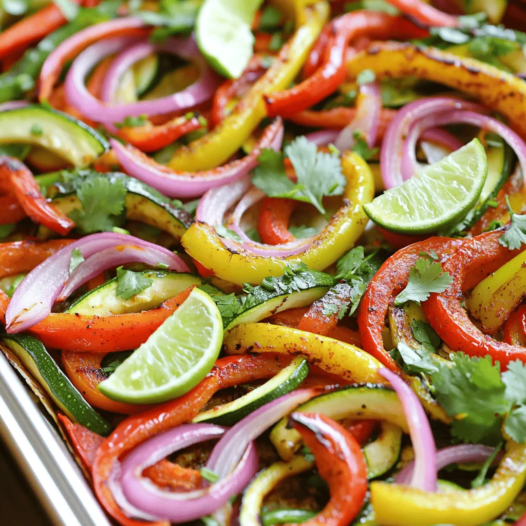 - 1 red bell pepper, thinly sliced - 1 green bell pepper, thinly sliced - 1 yellow bell pepper, thinly sliced - 1 large red onion, thinly sliced - 2 cups zucchini, cut into half-moons - 1 tablespoon extra virgin olive oil - 2 teaspoons chili powder - 1 teaspoon ground cumin - 1 teaspoon garlic powder - 1 teaspoon onion powder - Sea salt and freshly cracked black pepper to taste - Fresh cilantro leaves for garnish - Lime wedges for serving These ingredients make your sheet pan fajita vegetables rich and colorful. You will love how fresh and bright the dish looks and tastes. Using three types of bell peppers adds great flavor and color. The red onion gives a sweet touch, while zucchini adds a nice crunch. For the seasoning, I always use extra virgin olive oil. It helps the spices stick and makes the veggies shine. Chili powder and cumin bring warmth and depth. Garlic powder and onion powder add more layers of flavor. A sprinkle of sea salt and black pepper finishes it all nicely. Once you roast these veggies, they become tender with crispy edges. The bright colors make your plate pop. Don't forget to garnish with fresh cilantro and lime wedges. They add a fresh taste and a zesty kick. For the full recipe, check out the details above. To start, preheat your oven to 425°F (220°C). This temperature helps the vegetables roast well. Roasting at a high heat brings out their natural sweetness and creates a nice char. Next, prepare your vegetables. Slice the red, green, and yellow bell peppers and red onion into thin strips. Cut the zucchini into half-moons. It’s important to slice them evenly for even cooking. Once sliced, toss them all in a large mixing bowl. This will make it easier to season later. Now, let’s add flavor! Drizzle 1 tablespoon of extra virgin olive oil over the veggies. Then, sprinkle 2 teaspoons of chili powder, 1 teaspoon of ground cumin, 1 teaspoon of garlic powder, and 1 teaspoon of onion powder. Add sea salt and black pepper to taste. Toss everything in the bowl until all the pieces are coated. This coating helps each bite burst with flavor. Line a large sheet pan with parchment paper or a silicone baking mat. This makes cleanup a breeze! Spread the seasoned vegetables in a single layer. Make sure they have space between them. Overcrowding can lead to steaming rather than roasting. Place the sheet pan in the hot oven. Roast the vegetables for about 20-25 minutes. Halfway through, give them a good stir. This helps them cook evenly and develop that nice char. You want tender veggies with some crispy edges. After roasting, take the pan out of the oven. Let the veggies cool for a few moments. Garnish with fresh cilantro leaves. Serve with lime wedges on the side for that extra zing. For a fun presentation, arrange the veggies on a colorful platter. Add lime wedges around the edges for a pop of color. Enjoy your delicious sheet pan fajita vegetables! For more detailed instructions, check the Full Recipe. To get the best roasted vegetables, avoid overcrowding the sheet pan. When vegetables sit too close together, they steam instead of roast. This makes them soggy and less tasty. Aim for a single layer; this helps the heat circulate. To check for doneness, look for nice browning and tenderness. A fork should slide in easily. If not, give them a bit more time. Stir halfway through cooking to ensure even roasting. Spices can make a big difference in flavor. Try adding smoked paprika, cayenne pepper, or oregano. These spices add depth and warmth. You can also use marinades before roasting. A mix of lime juice, garlic, and olive oil works wonders. Just let them soak for 30 minutes before cooking. When serving, use a large, colorful platter. This adds a festive feel to your meal. Arrange the vegetables in a spiral or a fan shape for visual interest. For a creative touch, sprinkle fresh cilantro on top and add lime wedges around the edge. This makes the dish look beautiful and inviting. For more details on making this dish, check out the Full Recipe. {{image_4}} You can easily add protein to your sheet pan fajita vegetables. Chicken, tofu, or beans work great. For chicken, cut it into thin strips. Toss it in the same spices as the veggies. Cook the chicken for about 25-30 minutes. Make sure it reaches 165°F (75°C). If you use tofu, press it first. Cut it into cubes, and bake for about 20-25 minutes. For beans, like black or pinto, add them in the last 10 minutes of cooking. This keeps them tender but perfectly heated. You can swap vegetables based on the season. In spring, try asparagus or snap peas. In summer, add eggplant or sweet corn. Fall is great for butternut squash or Brussels sprouts. In winter, use carrots or parsnips. To make a swap, just follow the same slicing and seasoning steps. You can mix and match to keep it fresh and exciting. Change the flavor profile to keep things interesting. For a Mexican twist, add jalapeños or top with queso fresco. You can serve it with salsa or guacamole. If you prefer a Mediterranean style, use olives, feta cheese, or oregano. Drizzle olive oil before cooking. These small changes can transform the dish into something new and exciting. Mix and match flavors to find your favorite. Store any leftovers in a cool place. Place them in an airtight container. This will keep them fresh for longer. Use glass or plastic containers that seal well. They help prevent spills and keep odors in check. To freeze fajita vegetables, use a freezer-safe bag. Remove as much air as possible before sealing. This keeps the veggies from getting freezer burn. Thaw them overnight in the fridge before cooking. Reheat them on a skillet over medium heat until warm. In the fridge, fajita vegetables last about 3 to 5 days. If you freeze them, they stay good for up to 3 months. Look for any signs of spoilage, like a bad smell or mushy texture. If you notice these signs, it’s best to toss them out. Remember, fresh is always best! Yes, you can use frozen vegetables. However, they may not have the same texture. Frozen veggies often turn mushy when cooked. Fresh vegetables roast better and keep their crispness. If you use frozen, try to cook them a bit longer. This helps them become tender and flavorful. Look for vibrant colors and a slight char. The veggies should feel tender when you poke them with a fork. If they look slightly wrinkled and have crispy edges, they are ready. Stir them halfway through cooking for even results. These fajita vegetables pair well with many foods. You can serve them in tortillas for tacos. They also taste great with rice or quinoa. Add some black beans for protein. Serve with guacamole or salsa for extra flavor. Yes, this recipe is vegan-friendly. It contains only vegetables and spices. You can enjoy it without any animal products. It fits well into a plant-based diet. Feel free to add some plant-based protein if you like. For the full recipe, check out the details above. Roasting fresh vegetables on a sheet pan is simple and fun. You learned about key ingredients, step-by-step instructions, and helpful tips. Adding your favorite protein can make meals even better. Don't forget to try seasonal veggies for new flavors. Store leftovers well, so they stay fresh longer. Experiment with spices and garnishes to make each dish unique. Enjoy making flavorful meals that are healthy and easy!