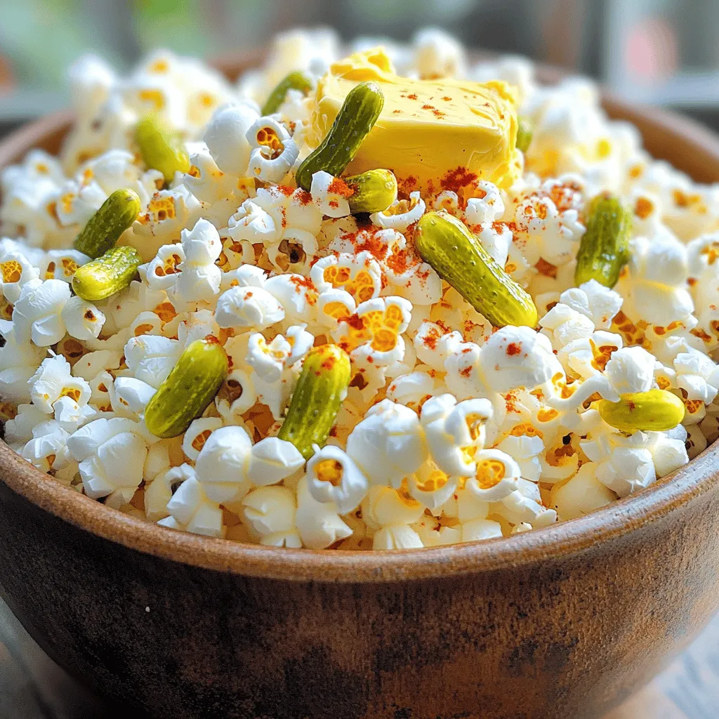To make Sweet Heat Pickle Popcorn, you’ll need the following ingredients: - 1/2 cup popcorn kernels - 1/4 cup pickle juice - 2 tablespoons granulated sugar - 1 teaspoon smoked paprika - 1/2 teaspoon cayenne pepper (adjust to taste) - 1/4 cup melted butter - Salt to taste - 1/4 cup finely chopped dill pickles (for garnish) These ingredients create a unique blend of sweet and spicy flavors. The popcorn kernels pop into fluffy bites, while the pickle juice adds a tangy twist. You can customize your Sweet Heat Pickle Popcorn with various add-ins or substitutions: - Different Pickle Types: Try using bread and butter pickles for a sweeter taste. - Spices: Add garlic powder or onion powder for extra depth. - Cheese: Sprinkle some grated Parmesan for a savory touch. - Nuts: Mix in some roasted peanuts or cashews for crunch. Feel free to experiment with these options to find your favorite flavor combination. Here’s a quick look at the nutritional facts for a serving of Sweet Heat Pickle Popcorn: - Calories: Approximately 200 - Fat: 10g - Carbohydrates: 26g - Protein: 3g - Sugar: 3g This snack offers a fun and flavorful way to enjoy popcorn. It packs a punch with every bite while still being a guilt-free treat. For the full recipe, check out the earlier section. 1. Pop the Corn: Start by melting 2 tablespoons of butter in a large pot over medium heat. Add 1/2 cup of popcorn kernels. Cover the pot with a lid and gently shake it. Listen closely; when the popping slows to 2-3 seconds between pops, take the pot off the heat. 2. Flavor the Butter: In a bowl, mix the rest of the melted butter with 1/4 cup of pickle juice, 2 tablespoons of sugar, 1 teaspoon of smoked paprika, 1/2 teaspoon of cayenne pepper, and some salt. Whisk this mix well until smooth. 3. Combine: Carefully move the popcorn to a big bowl. Drizzle the pickle-flavored butter over the warm popcorn. Toss gently to coat every piece. 4. Add Pickles: Now, fold in 1/4 cup of finely chopped dill pickles. Make sure they spread out well without crushing too many popcorn pieces. 5. Serve: Scoop the popcorn into a large serving bowl. For a nice touch, sprinkle extra chopped dill pickles on top. Enjoy it right away while it’s warm for the best taste. - Use fresh popcorn kernels for the best results. Old kernels may not pop well. - Ensure your pot has a tight lid to keep steam inside. This helps with popping. - Shake the pot often to prevent burning and help all kernels pop evenly. - If you want extra crispy popcorn, try popping it in a hot air popper. To get the best flavor in your Sweet Heat Pickle Popcorn, focus on these key points: - Salt: Start with a little salt, then taste and adjust. Salt brings out the flavor. - Sugar: The sugar balances the heat. Adjust it if you prefer a sweeter or spicier taste. - Spices: Feel free to add more smoked paprika or cayenne for a stronger flavor. Always taste as you go. - Pickle Juice: The right amount of pickle juice gives that tangy kick. Don’t add too much, or it may get soggy. Experiment with these tips and find your perfect mix! For the full recipe, check the recipe section above. To make light and fluffy popcorn, always start with fresh kernels. Old kernels may not pop well. Use a heavy pot with a tight lid. This helps trap heat and steam. Heat the pot on medium, not high. High heat can burn the popcorn. Shake the pot gently while popping. This keeps the kernels moving and helps them pop evenly. Listen for the pops. When there are 2-3 seconds between pops, it’s time to take it off the heat. If you have leftover popcorn, store it in an airtight container. This helps keep it fresh and crunchy. Avoid plastic bags, as they can trap moisture. Place the container in a cool, dark place. Popcorn can stay fresh for about 3 days. To revive any stale popcorn, pop it in the oven for a few minutes. It will regain some crunch. Sweet Heat Pickle Popcorn is great for parties or movie nights. Serve it in fun bowls or bags for guests. You can even make a popcorn bar! Offer toppings like cheese, nuts, or extra spices. This way, everyone can customize their snack. Pair it with drinks like lemonade or iced tea for a refreshing combo. For a festive touch, sprinkle some colorful herbs on top. Enjoy this unique snack at any gathering! If you're ready to make this delightful treat, check out the Full Recipe for Sweet Heat Pickle Popcorn. {{image_4}} You can change the flavor of your Sweet Heat Pickle Popcorn easily by using different types of pickles. Each type will give a unique twist. For instance, bread and butter pickles add a sweet flavor, while dill pickles bring a tangy bite. You can even try spicy pickles for an extra kick. Just chop them finely and fold them into the popcorn, just like in the full recipe. Adjusting the spice level is simple and fun. If you like it mild, use less cayenne pepper. Start with a pinch, then taste. You can always add more heat if you want. For those who love spice, try adding crushed red pepper flakes or even a splash of hot sauce. This way, you can make the popcorn perfect for your taste buds. Get creative with flavors! You can mix in cheese powder for a cheesy twist. Or add ranch seasoning for a savory flavor. For a sweet touch, try adding a drizzle of honey or a sprinkle of cinnamon. Each of these options can change your Sweet Heat Pickle Popcorn into something new and exciting. Don't be afraid to experiment; your taste buds will thank you! You can find Sweet Heat Pickle Popcorn at many places. Here are the best options. For an easy shopping experience, check these online stores: - Amazon: They usually have many brands and flavors. - Walmart: Their website often stocks unique snacks like this. - Target: You can find special snacks and local brands here. Ordering online gives you the chance to read reviews. This helps you pick the best choice. If you prefer shopping in person, visit these local stores: - Grocery stores: Big chains often have unique snack sections. - Health food stores: They may carry gourmet popcorn options. - Specialty snack shops: These shops often have local flavors and brands. Ask store staff for help if you can’t find it. They may even suggest a similar product. Reading reviews helps you pick the right product. Many people love the sweet and spicy mix. - Some brands focus more on heat. Others lean towards sweet flavors. - Check for reviews to see what others liked best. Taste testing is fun! Buy a few different brands. Compare the flavors, and share with friends. You’ll find a favorite that suits your taste. For a full recipe to make your own at home, check the Full Recipe. Enjoy the adventure of finding the perfect Sweet Heat Pickle Popcorn! Sweet Heat Pickle Popcorn lasts about three days when stored properly. To keep it fresh, place it in an airtight container. This helps to keep the popcorn crispy and flavorful. Yes, you can make Sweet Heat Pickle Popcorn in the microwave. Use microwave popcorn bags or a microwave-safe bowl. Add the pickle juice mixture after popping. Just be careful not to burn the popcorn. Sweet Heat Pickle Popcorn is great for movie nights, game days, or parties. It adds a fun twist to snacks. You can serve it as an appetizer or a unique treat during gatherings. Everyone loves a tasty surprise! For the full recipe, check out the details above. In this blog post, we covered how to make Sweet Heat Pickle Popcorn. I shared its main ingredients, step-by-step instructions, and tips for the perfect pop. You learned about flavor variations and where to buy it. This unique snack brings great taste to any event. Whether you love it sweet or spicy, there’s a version for you. Try it out and enjoy this fun treat!