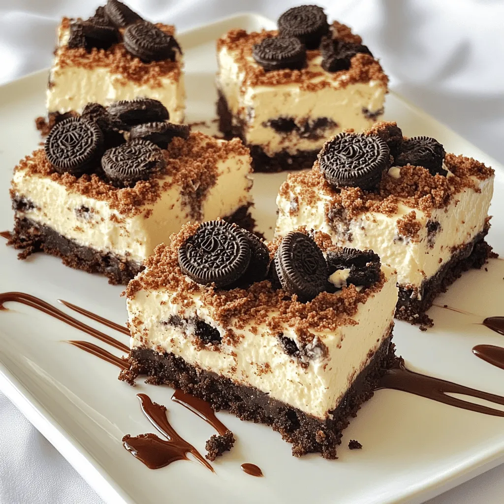 To make No Bake Oreo Cheesecake Bars, you need a few key items. Here is a list of the required ingredients: - 24 Oreo cookies, finely crushed - 4 tablespoons unsalted butter, melted - 16 oz cream cheese, softened to room temperature - 1 cup powdered sugar, sifted - 1 teaspoon pure vanilla extract - 1 cup heavy whipping cream, chilled - 8 Oreo cookies, roughly chopped (for mixing in) - Additional Oreo cookies, crushed (for topping - optional) Each of these items plays an important role. The Oreo cookies form the base and give a rich flavor. The cream cheese provides a creamy texture that is essential for cheesecake. When you mix in the heavy whipping cream, it makes the filling light and fluffy. For toppings, you can add more crushed Oreo cookies. This gives an extra crunch and looks nice on the finished bars. You can also think about adding some chocolate sauce or whipped cream on top for a fun twist. If you are unsure about any ingredient, feel free to check the [Full Recipe] for more details. Preparation Overview To make No Bake Oreo Cheesecake Bars, follow these clear steps. - How to prepare the crust: Start by mixing 24 finely crushed Oreo cookies with 4 tablespoons of melted unsalted butter. Stir until the crumbs look damp. This means they will hold together well. Line an 8x8 inch baking dish with parchment paper. Pour in the crust mixture and press it down firmly. Chill it in the fridge for 15-20 minutes to set. - Steps for mixing the cheesecake filling: In a large bowl, beat 16 oz of softened cream cheese using an electric mixer. Mix until smooth, which takes about 2-3 minutes. Gradually add 1 cup of sifted powdered sugar and 1 teaspoon of pure vanilla extract. Mix until there are no lumps. In another bowl, whip 1 cup of chilled heavy whipping cream on high speed until stiff peaks form, about 3-5 minutes. Be careful not to over-whip, or it may become grainy. Gently fold the whipped cream into the cream cheese mixture until combined. Then, fold in 8 roughly chopped Oreo cookies. - Chilling and serving instructions: Pour the cheesecake filling onto the chilled crust. Spread it evenly with a spatula. Cover the dish and refrigerate for at least 4 hours, or overnight for best results. When ready to serve, lift the cheesecake out of the dish using the parchment paper. Cut into bars and, if you like, sprinkle some crushed Oreo cookies on top. Enjoy your delicious treat! For the full recipe, check the details above. To get the best texture for your No Bake Oreo Cheesecake Bars, start with the cream cheese. Use full-fat cream cheese for a rich and creamy filling. Make sure it is softened to room temperature. This step helps it blend smoothly. If it is too cold, lumps may form in your mix. Next, pay attention when whipping the cream. Use heavy whipping cream that is chilled. Whip on high speed until you see stiff peaks. This should take about 3-5 minutes. Be careful not to over-whip. If you do, the cream can become grainy and lose its lightness. When combining the ingredients, gently fold them together. Use a rubber spatula to mix the whipped cream and cheesecake mixtures. Fold slowly to keep the air in the whipped cream. This keeps the mixture light and fluffy, giving you that dreamy texture. These tips will help you create bars that are smooth, creamy, and full of flavor. For the full recipe, check out the details above. Enjoy making your dessert! {{image_4}} You can make your Oreo cheesecake bars even more fun! Here are some ideas to switch things up. - Flavors: Want a twist? Try mint Oreo cookies for a fresh taste. You can also use chocolate or even peanut butter cookies. Each adds a new flavor that pairs well with the cream cheese. - Crust: If you want to change the crust, consider using graham crackers or vanilla wafers. These will give a different taste and texture. Just crush them the same way you do with Oreo cookies. - Mix-ins and Toppings: Get creative with mix-ins! Add mini chocolate chips or crushed candy bars for extra crunch. You can also top your bars with whipped cream, fresh berries, or drizzles of chocolate sauce. These will not only add flavor but will also make the bars look stunning. These variations keep your no bake Oreo cheesecake bars exciting and perfect for any occasion. For the complete recipe, check the Full Recipe section. To keep your no bake Oreo cheesecake bars fresh, always store them in the fridge. Place them in an airtight container or cover the dish tightly with plastic wrap. This will prevent them from drying out and keep them tasty. - Refrigeration guidelines: These cheesecake bars stay fresh in the fridge for up to five days. If you want to enjoy them longer, consider freezing. - Freezing instructions for long-term storage: You can freeze these bars for up to three months. First, cut them into squares. Then, wrap each piece in plastic wrap and place them in a freezer-safe container. Make sure to label the container with the date. - Tips for keeping the bars fresh: When ready to eat, thaw the frozen bars in the fridge overnight. Avoid leaving them out at room temperature for too long, as this might affect their texture. Always keep them covered to maintain their rich flavor and creamy texture. For more detailed steps and tips, check the full recipe. What can I substitute for cream cheese? You can use mascarpone cheese or Greek yogurt instead of cream cheese. Mascarpone gives a rich taste, while Greek yogurt adds a nice tang. Both will change the texture a bit, but they work well. How long can these bars last in the fridge? These bars will stay fresh in the fridge for about five days. Just keep them covered to avoid drying out. If you want them to last longer, consider freezing them. Can I make this recipe gluten-free? Yes, you can make gluten-free bars! Use gluten-free Oreo cookies for the crust. The rest of the ingredients are naturally gluten-free. Just check labels to ensure safety. You learned about making no-bake Oreo cheesecake bars. We covered the key ingredients, step-by-step instructions, and helpful tips. You can customize these bars in many ways. Storing them properly keeps them fresh. If you follow these guidelines, your cheesecake bars will be a hit. Enjoy the process and share your tasty results!