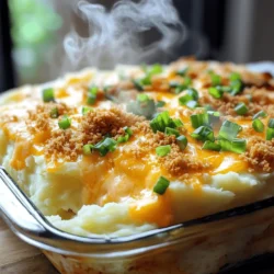 - 4 large russet potatoes - 1 cup sharp cheddar cheese - ½ cup cream cheese - ½ cup sour cream - ½ cup milk - 3 tablespoons butter - 1 teaspoon garlic powder - 1 teaspoon onion powder - Salt and freshly ground black pepper - ¼ cup green onions for garnish - ½ cup crispy breadcrumbs or crushed crackers To make my Cheddar Mashed Potato Casserole, I start with four large russet potatoes. I peel and cube them for cooking. These potatoes give the casserole its creamy base and fluffy texture. Next, I add one cup of sharp cheddar cheese, which brings a rich, cheesy taste. Cream cheese and sour cream follow. They add creaminess and a slight tang. Then, I mix in half a cup of milk and three tablespoons of butter. This combination makes the mash smooth and luscious. For flavor, I sprinkle in garlic powder and onion powder. These spices enhance the dish without overpowering it. Finally, I season with salt and fresh black pepper. I use green onions for garnish, adding a pop of color and a fresh crunch. Crispy breadcrumbs or crushed crackers top off the casserole, giving it a delightful crunch. This dish is simple but packed with flavor. You can find the complete recipe for making this cheesy delight in the Full Recipe section. - Preheat the oven to 350°F (175°C). - Cook the potatoes in salted water. Add the cubed potatoes and boil for 15 to 20 minutes. They should be fork-tender. - Drain and dry potatoes. Return them to the pot and keep on low heat for a few minutes to remove extra moisture. - Mash the potatoes with butter and cream cheese. This makes them creamy and rich. - Incorporate sour cream, milk, garlic powder, and onion powder. Mix well until smooth and creamy. - Fold in cheddar cheese. Save a bit for the top. - Prepare the casserole dish by greasing it first. This helps with easy serving. - Add toppings and bake. Sprinkle the reserved cheese and breadcrumbs on top. Bake for 25 to 30 minutes until golden brown. For the full recipe, check out the Cheddar Bliss Mashed Potato Casserole. To get the best texture for your Cheddar Mashed Potato Casserole, start with russet potatoes. They have a high starch content, which makes them fluffy. Boil the potatoes until they are fork-tender. After draining, let them sit for a few minutes to dry out. This helps keep your mash creamy. To boost the flavor, try adding fresh herbs like chives or parsley. You can also mix in spices like paprika or cayenne for a kick. When it comes to cheese, sharp cheddar works great, but feel free to mix in some mozzarella. This adds a nice stretch and creaminess. Garnish your casserole with chopped green onions for a fresh look. For extra color, sprinkle some paprika on top. When serving, dish out the casserole hot and bubbly. Pair it with a fresh salad or roasted veggies to make a complete meal. {{image_4}} You can make this dish even better with a few fun twists. Adding bacon or ham gives it a savory kick. Just cook the bacon crispy, chop it up, and mix it in with the cheese. You can also add diced ham for a hearty touch. Experimenting with different cheeses can change the flavor, too. Try gouda, mozzarella, or pepper jack for a spicy kick. Each cheese adds a new layer of taste to your mashed potato casserole. If you're looking for gluten-free options, use gluten-free breadcrumbs. You can find these in most stores. They still give the dish that crunchy topping without the gluten. For a plant-based version, swap out the dairy ingredients. Use almond milk instead of regular milk. You can also try vegan cream cheese and sour cream. This way, everyone can enjoy the casserole, no matter their diet. Scaling the recipe is easy for larger gatherings. Just double the ingredients and use a bigger casserole dish. This way, you have enough for everyone at the party. If you're cooking for fewer people, make mini casseroles. Use small ramekins or muffin tins. This makes for great single servings, and they look adorable on the table. For the full recipe, check out the Cheddar Bliss Mashed Potato Casserole 🥔. After you enjoy your Cheddar Mashed Potato Casserole, store any leftovers in the fridge. Use an airtight container to keep them fresh. This way, your casserole stays creamy and tasty. The casserole lasts for up to four days in the fridge. Be sure to reheat it well before serving again. If you want to save it for later, freezing is a great choice. First, let the casserole cool completely. Then, wrap it tightly in plastic wrap or foil. Place it in a freezer-safe container. This helps keep it from getting freezer burn. You can freeze the casserole for up to three months. When you're ready to eat, let it thaw overnight in the fridge. Reheat it in the oven at 350°F (175°C) until it is hot all the way through. You can get creative with any leftover casserole. Consider making potato cakes by mixing in some flour and frying them until golden. Or, use them as a filling for savory stuffed peppers. You can also serve them as a side dish with grilled meats. This adds a new twist and reduces waste. Each idea makes your meals fun and different! You can prepare this casserole a day in advance. Make the mashed potatoes and place them in a dish. Cover it tightly with plastic wrap. Store it in the fridge. When ready to bake, remove the wrap and add the toppings. Bake it as instructed in the recipe. It saves time and makes serving easier. Yes, you can use other cheeses if you wish. Try gouda, mozzarella, or pepper jack. Each will add its unique flavor to the dish. Mix and match your favorites to create a blend you love. This casserole pairs well with many dishes. Serve it with roasted chicken or grilled steak. It also goes great with a fresh salad or steamed veggies. You can even enjoy it with hearty soups! Yes, you can make a vegan version. Use plant-based butter, cheese, and sour cream. Substitute milk with almond or oat milk. Make sure to check labels for dairy-free options. This way, everyone can enjoy this creamy delight! To avoid lumps, use starchy potatoes like russets. Cook them until they are fork-tender. When mashing, be gentle and use a ricer or hand masher. Add warm butter and cream for a smooth texture. The key is to mix well without overworking the potatoes. For the complete details, check the Full Recipe. This blog post covered how to make a delicious Cheddar Mashed Potato Casserole. We explored the key ingredients, detailed step-by-step instructions, and shared helpful tips and tricks. I offered variations for different tastes and dietary needs, along with storage advice for leftovers. Creating this dish is simple and fun. You can customize it to suit any meal or occasion. Enjoy the rich flavors and the warmth it brings to your table. Cooking should be joyful, so take these ideas and make them your own!