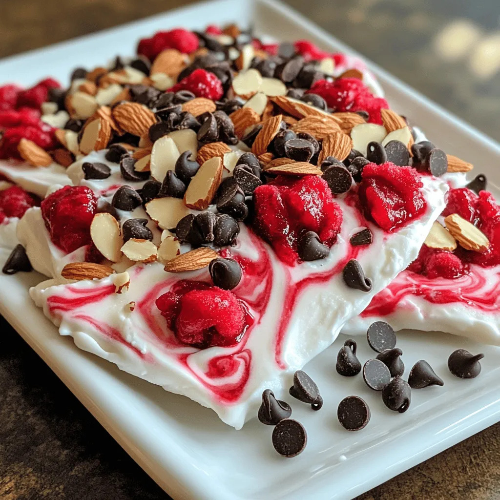 - 2 cups plain Greek yogurt - 1/4 cup honey or maple syrup - 1 teaspoon vanilla extract I love using plain Greek yogurt for this recipe. It has a thick texture and adds protein. Honey or maple syrup gives sweetness. You can choose either based on your taste. Vanilla extract adds nice flavor and aroma. - 1 cup fresh or frozen cherries, pitted and halved - 1/4 cup dark chocolate chips (optional) - 1/4 cup sliced almonds (optional) Cherries are the stars of this dish. You can use fresh or frozen, making it easy to find. If you love chocolate, dark chocolate chips add a rich taste. Sliced almonds bring a nice crunch and extra flavor. You can mix and match toppings to suit your mood. To start, grab a medium bowl. Add 2 cups of plain Greek yogurt. Then, mix in 1/4 cup of honey or maple syrup. Next, add 1 teaspoon of vanilla extract. Stir well until the mixture is smooth and creamy. This will be the base of your delicious bark. Now, take a baking sheet and line it with parchment paper. Make sure the edges hang over a bit. This makes it easy to lift the bark later. A lined sheet ensures that nothing sticks, giving you perfect pieces. Pour the yogurt mixture onto the prepared baking sheet. Use a spatula to spread it evenly. Aim for a layer about 1/4 inch thick. In a separate bowl, lightly mash 1 cup of halved cherries with a fork. Drizzle the mashed cherries over the yogurt mixture. Then, use a knife or toothpick to swirl the cherries into the yogurt. This creates a fun marbled design. Transfer the baking sheet to the freezer. Let it freeze for at least 4 to 6 hours. Check that the bark is solid and firm to touch. Once frozen, lift the yogurt bark from the parchment paper. Break it into irregular pieces for a rustic look. Enjoy your Cherry Swirl Frozen Yogurt Bark! For the full recipe, check the main section above. To make your Cherry Swirl Frozen Yogurt Bark look great, follow these tips. First, arrange the broken pieces on a nice platter. Use a colorful serving dish to catch the eye. Add some fresh cherry halves on top for a pop of color. A light sprinkle of sliced almonds can also add charm. This treat is great as a snack or dessert! Feel free to switch things up with different fruits. You can use strawberries, blueberries, or peaches instead of cherries. For sweeteners, try agave nectar or coconut sugar. Each fruit brings its own flavor. Experimenting keeps it fun and fresh. For the best texture, make sure to spread the yogurt mixture evenly. A 1/4 inch thick layer works well. If you prefer crunch, add nuts or seeds. Almonds, walnuts, or even pumpkin seeds can do the trick. These will give your bark a delightful bite. {{image_4}} You can swap cherries for other fruits. Berries work great here. Try strawberries, blueberries, or raspberries. Their bright colors add charm to your bark. Peaches also make a sweet choice. Just chop them up and follow the same steps. Seasonal fruits bring fresh flavors. Mix and match to find your favorite combos! Want to add a twist? You can infuse your yogurt with spices. A dash of cinnamon gives warmth. Lemon or lime zest brightens the flavors. Just mix in a teaspoon or two before spreading. It makes each bite pop with flavor. Get creative and try different spices for fun! You can also explore yogurt types. Non-dairy yogurts work well. Look for coconut, almond, or soy options. These can make your bark creamy. Flavored yogurts, like vanilla or berry, add extra taste. Just keep the base ingredients in mind. This allows for easy swaps while keeping the recipe simple. Try these variations to make Cherry Swirl Frozen Yogurt Bark your own! Each twist can lead to new favorites. To keep your Cherry Swirl Frozen Yogurt Bark fresh, follow these tips: - Use an airtight container to prevent freezer burn. - Wrap the bark in plastic wrap before placing it in the container. - Keep the bark away from strong-smelling foods in the freezer. These steps will help maintain the creamy texture and fruity flavor. Thaw the bark properly for the best taste: - Remove the yogurt bark from the freezer. - Place it in the fridge for about 30 minutes before serving. - If you're in a hurry, let it sit at room temperature for about 10 minutes. This way, it will soften just enough to enjoy without melting. Cherry Swirl Frozen Yogurt Bark lasts well in the freezer: - It can stay fresh for up to two months. - After that, it may lose some flavor and texture. Label your container with the date to keep track. Enjoy your delicious treat while it's at its best! It takes about 4 to 6 hours to freeze this bark. For the best results, I suggest freezing it overnight. This extra time ensures that the bark is firm and easy to break into pieces. If you're in a hurry, check it after 4 hours. If it feels solid, then it's ready to enjoy. Yes, you can use substitutes for Greek yogurt. If you prefer a dairy-free option, try coconut yogurt or almond yogurt. Both will give you a creamy texture. For those who are lactose intolerant, look for lactose-free yogurt. Just make sure to keep the yogurt thick for the best results. This recipe offers several health benefits. Greek yogurt is high in protein and calcium. It helps build strong bones and supports muscle health. Cherries add antioxidants and vitamins, which can boost your immune system. Together, they make a tasty snack that is both healthy and satisfying. Enjoy this cherry swirl frozen yogurt bark knowing you’re treating yourself well! This blog post showed you how to make Cherry Swirl Frozen Yogurt Bark. We covered key ingredients, step-by-step instructions, and tips for serving. You learned about variations and how to store this treat. Creating this bark is easy and fun. Customize it with your favorite fruits and flavors. Enjoy this healthy snack that kids and adults will love. Make it today and share it with family!
