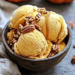 To make the best pumpkin spice ice cream, gather these key ingredients: - 2 cups rich heavy cream - 1 cup creamy whole milk - 1 cup smooth pumpkin puree - 3/4 cup granulated sugar - 1 tablespoon pure vanilla extract - 1 teaspoon ground cinnamon - 1/2 teaspoon ground ginger - 1/4 teaspoon ground nutmeg - 1/4 teaspoon ground cloves - 1/2 cup chopped pecans (optional) Each ingredient plays a vital role in creating a smooth, creamy texture and rich flavor. Heavy cream gives a luxurious base, while whole milk adds just the right creaminess. The pumpkin puree provides that signature fall taste, making this ice cream a seasonal delight. Granulated sugar sweetens the mix, balancing the spices. Pure vanilla extract enhances all these flavors, tying them together beautifully. For the spice lovers, cinnamon, ginger, nutmeg, and cloves create that warm, inviting aroma. If you like a bit of crunch, chopped pecans add an extra layer of texture and flavor. You can skip them if you prefer a smoother ice cream. By using these ingredients, you'll create a treat that captures the essence of autumn in every bite. Don't forget to check the [Full Recipe] for detailed instructions! To make pumpkin spice ice cream, start with the base. First, mix the rich heavy cream and creamy whole milk in a large bowl. Whisk them together until smooth. This forms a perfect creamy base for your ice cream. Next, it's time for the star of the show—pumpkin! Add the smooth pumpkin puree and granulated sugar to the bowl. Whisk again until the sugar dissolves. You want a sweet, smooth mixture that looks inviting. Then, stir in the pure vanilla extract along with the ground spices: cinnamon, ginger, nutmeg, and cloves. This blend gives the ice cream a warm, cozy flavor. Mix until you see a lovely orange hue, which means all the ingredients are well combined. If you like a bit of crunch, gently fold in the chopped pecans. This step is optional but adds a nice texture. Once everything is mixed, cover the bowl tightly with plastic wrap. Place it in the refrigerator to chill for at least two hours. This step helps the flavors meld beautifully. After chilling, it’s time to churn! Pour the ice cream mixture into your ice cream maker. Follow the manufacturer's instructions for churning. It usually takes about 20 to 30 minutes to reach a soft-serve consistency. Once it’s done churning, transfer the ice cream into an airtight container. Now, freeze it for about 2 to 4 hours. This final freezing gives it a firmer, scoopable texture. For easy serving, let the ice cream sit at room temp for 5 to 10 minutes before scooping. This little wait makes it easier to scoop and enhances creaminess. Enjoy your delicious pumpkin spice ice cream! Chilling the mixture is key to great ice cream. I recommend chilling your mixture for at least two hours. This helps the flavors blend and makes the ice cream creamier. When it's time to scoop, let the ice cream sit for 5-10 minutes. This softens it just enough for easy scooping. Serve it in nice bowls or cones for a fun treat. To enhance the flavors, try adding a bit of extra vanilla or a pinch of salt. These small tweaks can make a big difference in taste. Over-churning or under-churning can ruin your ice cream. Churn until it reaches a soft-serve consistency, usually 20-30 minutes. If it gets too thick, it may turn icy. Low-quality ingredients can affect the taste. Always pick rich heavy cream and fresh spices for the best flavor. Using low-quality pumpkin puree can also lead to a bland result. Never skip the chilling step. This is vital for developing the flavors. Chilling helps your ice cream taste fresh and delicious. {{image_4}} I love to experiment with pumpkin spice ice cream. You can add so much to it! Here are some fun ideas: - Different nuts or chocolate: Try adding chopped walnuts or almonds. You can also mix in chocolate chips for a sweet twist. - Swirling in caramel or marshmallow: Drizzle warm caramel sauce or swirl in marshmallow cream. This adds a rich flavor and creamy texture. - Dairy-free or vegan alternatives: Use coconut milk or almond milk instead of heavy cream and whole milk. This makes a delicious dairy-free version. Autumn brings many great flavors to use. You can mix in other spices or fruits: - Incorporating other autumn spices: Add a pinch of allspice or cardamom for a unique flavor. These spices complement pumpkin well. - Mixing with other seasonal fruits: Blend in pureed apples or pears. This will give your ice cream a fruity twist that is perfect for fall. These variations can take your pumpkin spice ice cream to the next level. Get creative and have fun! For a full recipe, check out the Full Recipe section. To keep your pumpkin spice ice cream fresh, use an airtight container. This helps stop ice crystals from forming. When freezing, set your ice cream in the coldest part of your freezer. This keeps it firm and tasty. Try to eat your ice cream within one month for the best flavor and texture. If you have some ice cream left, don’t worry! You can use it in fun ways. Try making a milkshake by blending it with milk. This gives you a rich and creamy drink. You can also create a sundae. Top it with chocolate sauce or fresh fruit. Both ideas will make your leftovers shine! You can make pumpkin spice ice cream without a machine. First, mix all the ingredients in a bowl. Then, pour the mixture into a shallow dish. Place the dish in the freezer. Every 30 minutes, stir the ice cream with a fork for about 3 hours. This will help break up ice crystals and create a smooth texture. Pumpkin spice ice cream is rich in flavor and nutrients. A standard serving can have around: - Calories: 300 - Fat: 20g - Carbohydrates: 32g - Sugar: 25g - Protein: 4g These values can change based on the ingredients used. Always check labels for detailed info. You can find pumpkin spice ice cream in many grocery stores in the fall. Look in the frozen dessert aisle. Popular brands like Haagen-Dazs and Ben & Jerry's often have seasonal flavors. If you can't find it, check local ice cream shops for unique options. Yes, you can use fresh pumpkin. Start by roasting the pumpkin until soft. Scoop out the flesh and blend it until smooth. This can give your ice cream a fresh taste. Just make sure to measure it correctly. Use the same amount as the canned puree. Serve pumpkin spice ice cream in bowls or cones. For a fun twist, add toppings like chopped pecans or whipped cream. You can also drizzle warm caramel sauce on top. This adds a nice touch and makes it extra special. Enjoy with friends or family for a cozy treat! Making pumpkin spice ice cream is fun and tasty. You start with cream, milk, and pumpkin puree. Mixing in spices gives it that warm flavor. Chilling the mix is key for the best texture. Use an ice cream maker for smooth results. Add nuts or swirls for a twist. Remember to store it well in an airtight container. Enjoy this creamy treat in sundae form or milkshakes! Now that you know the steps, it’s your turn to create. Dive into your kitchen and bring this fall favorite to life.