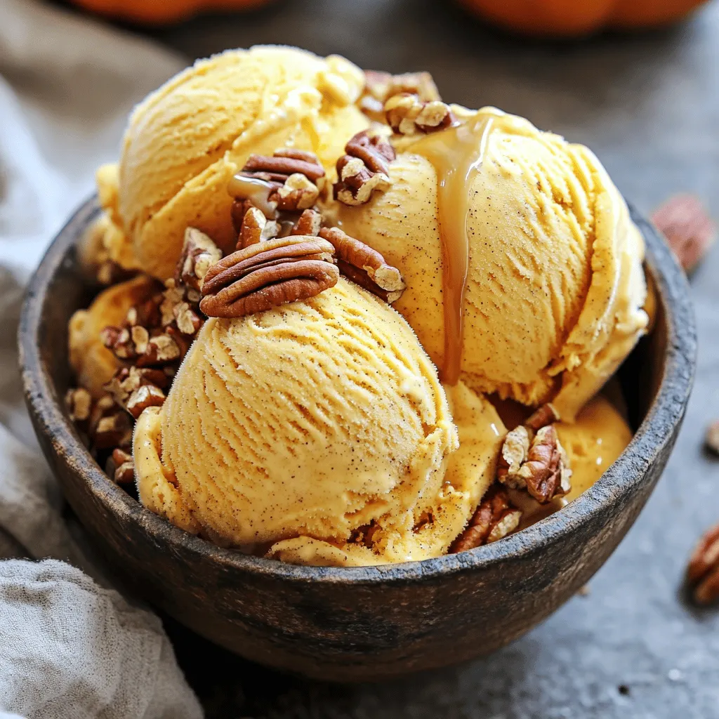 To make the best pumpkin spice ice cream, gather these key ingredients: - 2 cups rich heavy cream - 1 cup creamy whole milk - 1 cup smooth pumpkin puree - 3/4 cup granulated sugar - 1 tablespoon pure vanilla extract - 1 teaspoon ground cinnamon - 1/2 teaspoon ground ginger - 1/4 teaspoon ground nutmeg - 1/4 teaspoon ground cloves - 1/2 cup chopped pecans (optional) Each ingredient plays a vital role in creating a smooth, creamy texture and rich flavor. Heavy cream gives a luxurious base, while whole milk adds just the right creaminess. The pumpkin puree provides that signature fall taste, making this ice cream a seasonal delight. Granulated sugar sweetens the mix, balancing the spices. Pure vanilla extract enhances all these flavors, tying them together beautifully. For the spice lovers, cinnamon, ginger, nutmeg, and cloves create that warm, inviting aroma. If you like a bit of crunch, chopped pecans add an extra layer of texture and flavor. You can skip them if you prefer a smoother ice cream. By using these ingredients, you'll create a treat that captures the essence of autumn in every bite. Don't forget to check the [Full Recipe] for detailed instructions! To make pumpkin spice ice cream, start with the base. First, mix the rich heavy cream and creamy whole milk in a large bowl. Whisk them together until smooth. This forms a perfect creamy base for your ice cream. Next, it's time for the star of the show—pumpkin! Add the smooth pumpkin puree and granulated sugar to the bowl. Whisk again until the sugar dissolves. You want a sweet, smooth mixture that looks inviting. Then, stir in the pure vanilla extract along with the ground spices: cinnamon, ginger, nutmeg, and cloves. This blend gives the ice cream a warm, cozy flavor. Mix until you see a lovely orange hue, which means all the ingredients are well combined. If you like a bit of crunch, gently fold in the chopped pecans. This step is optional but adds a nice texture. Once everything is mixed, cover the bowl tightly with plastic wrap. Place it in the refrigerator to chill for at least two hours. This step helps the flavors meld beautifully. After chilling, it’s time to churn! Pour the ice cream mixture into your ice cream maker. Follow the manufacturer's instructions for churning. It usually takes about 20 to 30 minutes to reach a soft-serve consistency. Once it’s done churning, transfer the ice cream into an airtight container. Now, freeze it for about 2 to 4 hours. This final freezing gives it a firmer, scoopable texture. For easy serving, let the ice cream sit at room temp for 5 to 10 minutes before scooping. This little wait makes it easier to scoop and enhances creaminess. Enjoy your delicious pumpkin spice ice cream! Chilling the mixture is key to great ice cream. I recommend chilling your mixture for at least two hours. This helps the flavors blend and makes the ice cream creamier. When it's time to scoop, let the ice cream sit for 5-10 minutes. This softens it just enough for easy scooping. Serve it in nice bowls or cones for a fun treat. To enhance the flavors, try adding a bit of extra vanilla or a pinch of salt. These small tweaks can make a big difference in taste. Over-churning or under-churning can ruin your ice cream. Churn until it reaches a soft-serve consistency, usually 20-30 minutes. If it gets too thick, it may turn icy. Low-quality ingredients can affect the taste. Always pick rich heavy cream and fresh spices for the best flavor. Using low-quality pumpkin puree can also lead to a bland result. Never skip the chilling step. This is vital for developing the flavors. Chilling helps your ice cream taste fresh and delicious. {{image_4}} I love to experiment with pumpkin spice ice cream. You can add so much to it! Here are some fun ideas: - Different nuts or chocolate: Try adding chopped walnuts or almonds. You can also mix in chocolate chips for a sweet twist. - Swirling in caramel or marshmallow: Drizzle warm caramel sauce or swirl in marshmallow cream. This adds a rich flavor and creamy texture. - Dairy-free or vegan alternatives: Use coconut milk or almond milk instead of heavy cream and whole milk. This makes a delicious dairy-free version. Autumn brings many great flavors to use. You can mix in other spices or fruits: - Incorporating other autumn spices: Add a pinch of allspice or cardamom for a unique flavor. These spices complement pumpkin well. - Mixing with other seasonal fruits: Blend in pureed apples or pears. This will give your ice cream a fruity twist that is perfect for fall. These variations can take your pumpkin spice ice cream to the next level. Get creative and have fun! For a full recipe, check out the Full Recipe section. To keep your pumpkin spice ice cream fresh, use an airtight container. This helps stop ice crystals from forming. When freezing, set your ice cream in the coldest part of your freezer. This keeps it firm and tasty. Try to eat your ice cream within one month for the best flavor and texture. If you have some ice cream left, don’t worry! You can use it in fun ways. Try making a milkshake by blending it with milk. This gives you a rich and creamy drink. You can also create a sundae. Top it with chocolate sauce or fresh fruit. Both ideas will make your leftovers shine! You can make pumpkin spice ice cream without a machine. First, mix all the ingredients in a bowl. Then, pour the mixture into a shallow dish. Place the dish in the freezer. Every 30 minutes, stir the ice cream with a fork for about 3 hours. This will help break up ice crystals and create a smooth texture. Pumpkin spice ice cream is rich in flavor and nutrients. A standard serving can have around: - Calories: 300 - Fat: 20g - Carbohydrates: 32g - Sugar: 25g - Protein: 4g These values can change based on the ingredients used. Always check labels for detailed info. You can find pumpkin spice ice cream in many grocery stores in the fall. Look in the frozen dessert aisle. Popular brands like Haagen-Dazs and Ben & Jerry's often have seasonal flavors. If you can't find it, check local ice cream shops for unique options. Yes, you can use fresh pumpkin. Start by roasting the pumpkin until soft. Scoop out the flesh and blend it until smooth. This can give your ice cream a fresh taste. Just make sure to measure it correctly. Use the same amount as the canned puree. Serve pumpkin spice ice cream in bowls or cones. For a fun twist, add toppings like chopped pecans or whipped cream. You can also drizzle warm caramel sauce on top. This adds a nice touch and makes it extra special. Enjoy with friends or family for a cozy treat! Making pumpkin spice ice cream is fun and tasty. You start with cream, milk, and pumpkin puree. Mixing in spices gives it that warm flavor. Chilling the mix is key for the best texture. Use an ice cream maker for smooth results. Add nuts or swirls for a twist. Remember to store it well in an airtight container. Enjoy this creamy treat in sundae form or milkshakes! Now that you know the steps, it’s your turn to create. Dive into your kitchen and bring this fall favorite to life.