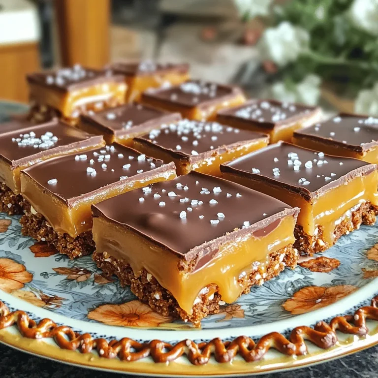 Here is a list of ingredients you will need for the salted caramel pretzel bars: - 2 cups crushed pretzels - 1 cup unsalted butter, melted - 3/4 cup packed brown sugar - 1 cup granulated sugar - 1 cup sweetened condensed milk - 2 cups chocolate chips (semi-sweet or dark) - 1 teaspoon vanilla extract - Sea salt for sprinkling These ingredients create a perfect mix of sweet and salty flavors. The crushed pretzels add crunch. The caramel brings a rich sweetness. The chocolate layers it all together. Using unsalted butter helps control the saltiness. You can adjust the sea salt to your taste. This recipe is a fun way to enjoy treats at home. You’ll find that the combination is truly addictive. For the full recipe, check out the main section. 1. Preheat your oven to 350°F (175°C). 2. Prepare an 8x8 inch baking dish. Line it with parchment paper. Let the edges hang over for easy removal. 3. In a bowl, mix 2 cups of crushed pretzels with 1 cup of melted butter. 4. Stir well until every pretzel crumb is coated. 5. Press the mix firmly into the bottom of the baking dish to form a solid crust. 1. In a saucepan, combine 3/4 cup brown sugar, 1 cup granulated sugar, and 1 cup sweetened condensed milk. 2. Set the heat to medium and stir until the sugars dissolve. 3. Bring the mix to a gentle boil. Cook it for 3-4 minutes without stirring. 4. Remove the pan from heat and stir in 1 teaspoon vanilla extract. 1. Carefully pour the caramel over the pretzel crust. 2. Spread it evenly with a spatula. 3. In the same saucepan, melt 2 cups of chocolate chips over low heat. 4. Stir for 2-3 minutes until the chocolate is smooth. 5. Pour the melted chocolate over the caramel layer. Spread it evenly. 6. Sprinkle sea salt over the chocolate layer to taste. 7. Let the bars cool for 10-15 minutes at room temperature. 8. Transfer them to the refrigerator and let them set for 1 hour. 9. Lift the bars out using the parchment paper. Cut them into squares or rectangles. Enjoy your Salted Caramel Pretzel Bars! For more details, check the Full Recipe. To get a great crust for your salted caramel pretzel bars, press the pretzel mix into the dish firmly. This helps create a solid base. If you don’t press hard enough, the crust may crumble when you cut the bars. For the chocolate topping, melt the chocolate slowly over low heat. Stir it often to keep it smooth. If the chocolate burns, it will not melt well. You want a glossy finish on top that looks inviting. These bars go great with ice cream or whipped cream. The cold creaminess pairs well with the sweet and salty flavors of the bars. For a fancier look, try garnishing them with crushed pretzels or a drizzle of melted chocolate. A sprinkle of sea salt adds a nice touch too. It enhances the sweet and salty mix. {{image_4}} You can change up the flavors in your salted caramel pretzel bars easily. Adding nuts gives a nice crunch. Try pecans or walnuts for a rich taste. You can also mix in your favorite flavored chocolate. Dark chocolate adds depth, while milk chocolate is sweeter. Just pick what you like best! If you need gluten-free options, use gluten-free pretzels. They work just as well in this recipe. For a vegan twist, swap out the butter with coconut oil. Use dairy-free chocolate chips too. These adjustments keep the taste great while fitting your needs. Enjoy making these bars in a way that suits you! To keep your salted caramel pretzel bars fresh, store them in an airtight container. Place parchment paper between layers if you stack them. This method prevents sticking and maintains texture. Store at room temperature for up to three days. If you want them to last longer, refrigerate them. This can keep them fresh for about a week. You can freeze salted caramel pretzel bars for later enjoyment. Cut the bars into squares before freezing. Wrap each piece tightly in plastic wrap. Then, place them in a freezer-safe bag or container. This method helps avoid freezer burn. When you want to eat them, simply take them out and let them sit at room temperature for about 30 minutes. Enjoy their sweet and salty goodness! For the full recipe, check out the details above. What are salted caramel pretzel bars? Salted caramel pretzel bars are a sweet and salty treat. They have a crunchy pretzel crust, a creamy caramel layer, and a smooth chocolate topping. The mix of flavors makes them hard to resist! How long do salted caramel pretzel bars last? When stored in an airtight container, these bars last about a week. If you keep them in the fridge, they can last a bit longer. Just make sure they stay sealed to keep them fresh. Can I make these bars ahead of time? Yes, you can easily make salted caramel pretzel bars ahead of time. They are great for parties or snacks. Just prepare them, let them cool, and store them until you are ready to serve. Why is my caramel too thin? If your caramel is too thin, you might not have cooked it long enough. Make sure to let it bubble gently for the full time stated in the recipe. This helps it thicken properly. How to fix a chocolate layer that hardens too much? If your chocolate layer hardens too much, you can gently reheat it. Place it in a microwave for a few seconds at a time, stirring in between. This should help it melt back into a smooth layer. In this article, we explored how to make delicious salted caramel pretzel bars. We covered ingredients, preparation, and assembly. I shared tips to perfect your texture and suggested fun variations. You learned how to store and freeze leftovers for later enjoyment. These bars are a tasty treat that anyone can make. Experiment with flavors and serve them in fun ways. Enjoy your baking adventure!