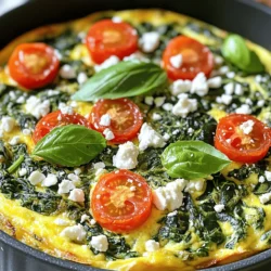 To make a delicious spinach frittata, gather these ingredients: - 6 large eggs - 1 cup fresh spinach, chopped - 1/2 cup cherry tomatoes, halved - 1/4 cup onion, finely chopped - 1/2 cup bell pepper, diced (any color) - 1/4 cup feta cheese, crumbled - 2 tablespoons olive oil - Salt and pepper to taste - Fresh basil leaves for garnish (optional) Each ingredient in your spinach frittata brings unique health benefits: - Eggs: Packed with protein, vitamins, and healthy fats. They support muscle growth and brain health. - Spinach: Full of iron, vitamins A and C, and antioxidants. It boosts your immune system. - Cherry tomatoes: Rich in vitamin C and lycopene. They promote heart health and skin wellness. - Onions: Contain antioxidants and anti-inflammatory properties. They help with digestion and heart health. - Bell peppers: High in vitamins A and C. They help eyes and skin while boosting immunity. - Feta cheese: Offers calcium and protein. It adds flavor and creaminess without too many calories. - Olive oil: Contains healthy fats and antioxidants. It supports heart health and reduces inflammation. Select the best ingredients for your frittata with these tips: - Eggs: Choose eggs that are free-range or organic. Check for freshness by doing the float test in water. - Spinach: Look for bright green leaves with no wilting. Fresh spinach holds more nutrients. - Tomatoes: Pick firm cherry tomatoes. They should have a sweet smell and vibrant color. - Onions: Choose firm onions without soft spots. A strong smell indicates freshness. - Bell peppers: Select peppers that are firm and shiny. Avoid any with blemishes or wrinkles. - Feta cheese: Opt for cheese that is stored in brine for better flavor and freshness. - Olive oil: Look for extra virgin olive oil in a dark bottle to protect it from light. With these fresh ingredients, your spinach frittata will shine. For the complete recipe, check out the Full Recipe. To start, gather your ingredients. You need six large eggs, one cup of fresh spinach, half a cup of cherry tomatoes, a quarter cup of onion, a half cup of bell pepper, a quarter cup of feta cheese, two tablespoons of olive oil, and some salt and pepper. 1. Preheat the oven to 350°F (175°C). This step is key for even cooking. 2. In a large, oven-safe skillet, add the olive oil and heat it on medium. 3. Once the oil is warm, toss in the chopped onion and bell pepper. Sauté for about 3 to 4 minutes. Watch for the onions to turn soft and clear. 4. Next, add the chopped spinach and halved cherry tomatoes. Cook for another 2 to 3 minutes. The spinach will wilt down nicely. 5. In a big bowl, crack the eggs. Add salt and pepper. Whisk the eggs until they blend well and become a bit frothy. 6. Pour this egg mix over your sautéed veggies in the skillet. Use a spatula to stir gently. Make sure the veggies spread evenly. 7. Sprinkle the crumbled feta cheese on top. Let it sink slightly into the eggs. 8. Let the frittata cook on the stove for about 2 minutes. The edges will set, but the middle should still be wet. 9. Carefully place the skillet in the oven. Bake for 15 to 20 minutes. Look for a golden top and a firm center. 10. When it's done, take it out and let it rest for a few minutes. This helps it hold its shape when you slice it. While I can't show images here, I recommend taking a few photos at each step. This helps you track your progress. From the sizzling veggies to the golden frittata, your pictures can serve as a great guide. - Overcooking the veggies: Keep an eye on them. You want them soft but still bright. - Skipping the resting time: Letting the frittata rest is crucial. It makes slicing easier. - Not preheating the oven: This can lead to uneven cooking. Always preheat for best results. - Using too many eggs: Stick to the recipe for the best texture. Too many eggs can make it dense. For the full recipe, check out the detailed instructions above. Enjoy your cooking! To make a perfect frittata, focus on the egg mixture. Whisk the eggs until they are fluffy and light. This helps create a soft texture. Use fresh spinach for a bright flavor. Larger pieces can take longer to cook, so chop it well. Make sure to sauté your veggies first. This step brings out their natural sweetness. Serve your frittata warm or at room temperature. Slice it into wedges for easy serving. You can pair it with toast or a side salad. A dollop of yogurt on the side adds creaminess. For a festive touch, sprinkle fresh herbs like basil or parsley on top. This adds color and flavor. Season your frittata to boost its taste. Add salt and pepper to the eggs for a basic flavor. For a kick, try red pepper flakes or paprika. Fresh herbs, like chives or dill, can add a nice touch. Consider a sprinkle of cheese, like goat or cheddar, for extra richness. Experimenting with spices can take your frittata to the next level! This recipe encourages creativity. Feel free to swap out ingredients based on what you have. The full recipe gives you a great base to start with. Enjoy your cooking! {{image_4}} You can switch up the cheese in your frittata. Feta adds a nice tang, but others work too. Try goat cheese for a creamy bite. Cheddar gives a sharp flavor that many love. Mozzarella melts beautifully, adding a gooey texture. Each cheese brings a unique taste to your dish. Adding protein makes your frittata more filling. Crispy bacon or ham gives a salty kick. Just cook them first, then add to the veggie mix. For a plant-based option, use firm tofu. Crumble it into the pan for a healthy twist. Each choice enhances the meal's flavor and nutrition. Using seasonal veggies keeps your frittata fresh and bright. In spring, add asparagus or peas for a pop of green. Summer calls for zucchini or sweet corn. In fall, try roasted squash or mushrooms. Each season offers new colors and tastes that keep your frittata exciting. To keep your spinach frittata fresh, let it cool first. Once cooled, place it in an airtight container. Store it in your fridge. Leftovers can last for up to three days. If you want to keep it longer, consider freezing. When reheating your frittata, I recommend using the oven. Preheat your oven to 350°F (175°C). Place the frittata on a baking sheet. Heat for about 10-15 minutes. This method keeps the frittata moist and helps retain its texture. You can also use a microwave. If you choose this method, heat in short intervals, about 30 seconds, to avoid overcooking. For freezing, cut the frittata into wedges. Wrap each piece tightly in plastic wrap. Place the wrapped pieces in a freezer-safe bag. They can be frozen for up to three months. To thaw, move it to the fridge overnight. Reheat as mentioned above for the best taste. This way, you can enjoy a quick and nutritious meal anytime. Yes, you can make a Spinach Frittata ahead of time. It stores well in the fridge. Just cool it down after baking. Once cool, place it in an airtight container. This way, the frittata stays fresh. You can enjoy it for breakfast or brunch later. Serve your Spinach Frittata warm or at room temperature. Cut it into wedges for easy serving. Pair it with a side salad or fresh fruit. A drizzle of olive oil adds a nice touch. You can also add fresh herbs like basil for extra flavor. A Spinach Frittata can last about 3 to 4 days in the fridge. Make sure it's in a tight container. Always check for any off smells or changes in texture before eating. If you notice anything odd, it’s best to toss it. Enjoy your frittata within this time for the best taste and quality. This blog post covered all you need to know for a spinach frittata. We explored key ingredients, their nutritional value, and tips for picking fresh ones. I shared simple steps for cooking, along with common mistakes to avoid. As you try this recipe, remember the tips and variations. They can help you make your frittata special. Enjoy experimenting with different flavors. Finally, don't forget about storage and reheating to keep it fresh. Happy cooking!