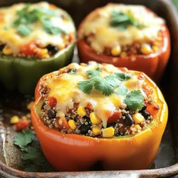 For a great stuffed bell pepper, you need: - 4 large bell peppers (any color of your choice) - 1 cup quinoa, thoroughly rinsed - 2 cups vegetable broth - 1 can (15 oz) black beans, drained and well rinsed - 1 cup corn kernels (can be fresh, frozen, or canned) - 1 small red onion, finely chopped - 2 cloves garlic, minced - 1 teaspoon ground cumin - 1 teaspoon smoked paprika - 1 teaspoon chili powder - Salt and black pepper to taste - 1 cup diced tomatoes (fresh or canned) - ½ cup shredded cheese (choosing either cheddar or mozzarella) - Fresh cilantro or parsley, chopped for garnish These ingredients give the dish a bright and hearty flavor. The bell peppers add a lovely crunch. Quinoa provides protein and a nutty taste. Beans and corn bring texture and sweetness. To boost the taste, consider adding: - A dash of hot sauce for heat - A squeeze of lime juice for brightness - Chopped olives for a salty kick These extras can make your dish more exciting. They add depth and can change the flavor profile. You can easily customize the taste to suit your family. This recipe is naturally gluten-free. To make it vegan: - Omit the cheese or use a plant-based alternative. You can also swap quinoa for rice or farro. These options fit different diets while keeping it tasty. Always check labels for hidden gluten in packaged items. Start by preheating your oven to 375°F (190°C). This is key for even cooking. Next, take your bell peppers and carefully cut off the tops. Remove the seeds and white parts inside. Use a brush to coat the outside and inside of each pepper with olive oil. Arrange them upright in a baking dish for easy stuffing. In a medium saucepan, bring 2 cups of vegetable broth to a boil. Add 1 cup of rinsed quinoa. Reduce the heat to low, cover, and let it simmer for about 15 minutes. The quinoa should be fluffy and the broth fully absorbed. Meanwhile, heat a drizzle of olive oil in a large skillet over medium heat. Add 1 small chopped red onion and sauté for 3-4 minutes until it turns soft. Add 2 minced garlic cloves, 1 teaspoon of cumin, 1 teaspoon of smoked paprika, and 1 teaspoon of chili powder. Stir for a minute until the spices smell great. Now, add 1 can of drained black beans, 1 cup of corn, and 1 cup of diced tomatoes to the skillet. Mix in the cooked quinoa and season with salt and black pepper. Spoon the filling into each bell pepper, packing it firmly. Top each pepper with ½ cup of shredded cheese. Cover the baking dish with aluminum foil and place it in the oven. Bake for 25 minutes. After that, remove the foil and bake for another 10-15 minutes. The peppers should be tender, and the cheese should be melted and golden. Once done, take the dish out and let it cool for a few minutes. Before serving, sprinkle fresh chopped cilantro or parsley on top. This adds a nice touch to your meal. For the full recipe, refer to the instructions above. When choosing bell peppers, look for ones that feel heavy for their size. The skin should be smooth and shiny. Avoid any with soft spots or wrinkles. Each color has a unique taste. Green peppers are slightly bitter, while red, yellow, and orange are sweeter. I love using a mix of colors for a vibrant dish. To cook quinoa perfectly, rinse it well under cold water. This removes a bitter coating called saponin. Boil vegetable broth, then add the rinsed quinoa. Let it simmer on low heat for 15 minutes. Once it's done, fluff it with a fork. Perfect quinoa should be light and fluffy, without any excess water. Oven temperatures can vary. If your oven runs hot, check the peppers a few minutes early. If it runs cool, you might need more time. Covering the dish with foil helps steam the peppers and keep them tender. Remove the foil towards the end to brown the cheese. This method makes every bite delicious. For more cooking tips, check out the Full Recipe for stuffed bell peppers. {{image_4}} You can easily add meat to your stuffed bell peppers. Ground beef, turkey, or chicken work well. Cook the meat in a skillet with some onions and garlic. Season it with salt and pepper. Mix this meat with your other filling ingredients before stuffing the peppers. This adds protein and makes the dish hearty. Try using different meats for new flavors. For a vegetarian or vegan option, focus on beans and grains. Black beans, lentils, or chickpeas can be great choices. Mix them with rice or quinoa for extra texture. You can also add spinach, zucchini, or mushrooms for more veggies. Season with herbs like oregano or basil for a flavor boost. This keeps your stuffed peppers healthy and tasty. Toppings can make your stuffed peppers shine. Cheese is a classic choice. Try different types like feta, goat cheese, or pepper jack for a kick. You could also sprinkle nuts like pine nuts or walnuts on top. These add a nice crunch. For a fresh touch, add avocado slices or a dollop of sour cream when serving. Explore toppings to find your favorite combinations! For a full recipe, check the vibrant veggie stuffed bell peppers. After you enjoy your stuffed bell peppers, store leftovers properly. Place them in an airtight container. This keeps them fresh for up to three days in the fridge. If you want to preserve them longer, consider freezing. Always let them cool before you store them. This helps to avoid extra moisture in the container. Freezing is a great way to save stuffed bell peppers for later. Wrap each pepper tightly in plastic wrap. Then, place them in a freezer-safe bag or container. Make sure to remove as much air as possible. This helps prevent freezer burn. You can freeze them for up to three months. Label the bags with the date, so you know when you made them. When you are ready to eat frozen stuffed peppers, reheating is simple. For best results, thaw them in the fridge overnight. Then, place them in a baking dish. Cover with foil and heat in a preheated oven at 350°F (175°C) for about 25 minutes. If you want the cheese to melt nicely, uncover them for the last 10 minutes. If you're in a hurry, you can use a microwave. Just heat them on medium power in short bursts until hot, about 5-7 minutes. Enjoy your meal! Yes, you can use other grains. Brown rice or couscous works well. Both add nice texture and flavor. If you choose to use rice, make sure it is cooked before mixing. This way, it blends well with the other ingredients. If you want a gluten-free option, try using millet or farro. These grains also give great taste. Stuffed bell peppers pair well with many sides. You can serve them with fresh salad or creamy avocado slices. A side of guacamole adds a nice touch too. If you want a heartier meal, serve them with rice or quinoa. You can also offer crusty bread to soak up any juices. These options create a balanced meal. Stuffed bell peppers last about 3 to 5 days in the fridge. Store them in an airtight container to keep them fresh. If you want to save them longer, you can freeze them. Just make sure they cool completely before freezing. When you’re ready to eat, thaw them overnight in the fridge. Then, bake them until heated through. Stuffed bell peppers are simple to make and full of flavor. We explored the main ingredients, seasoning, and how to adjust for diets. Step-by-step, we covered preparing, cooking, and baking. Helpful tips ensured you choose the best peppers and cook quinoa perfectly. Variations let you customize fillings and toppings to your taste. Lastly, I shared storage tips for leftovers. Stuffed peppers are a fun dish you can make again and again. Enjoy creating your own delicious versions!